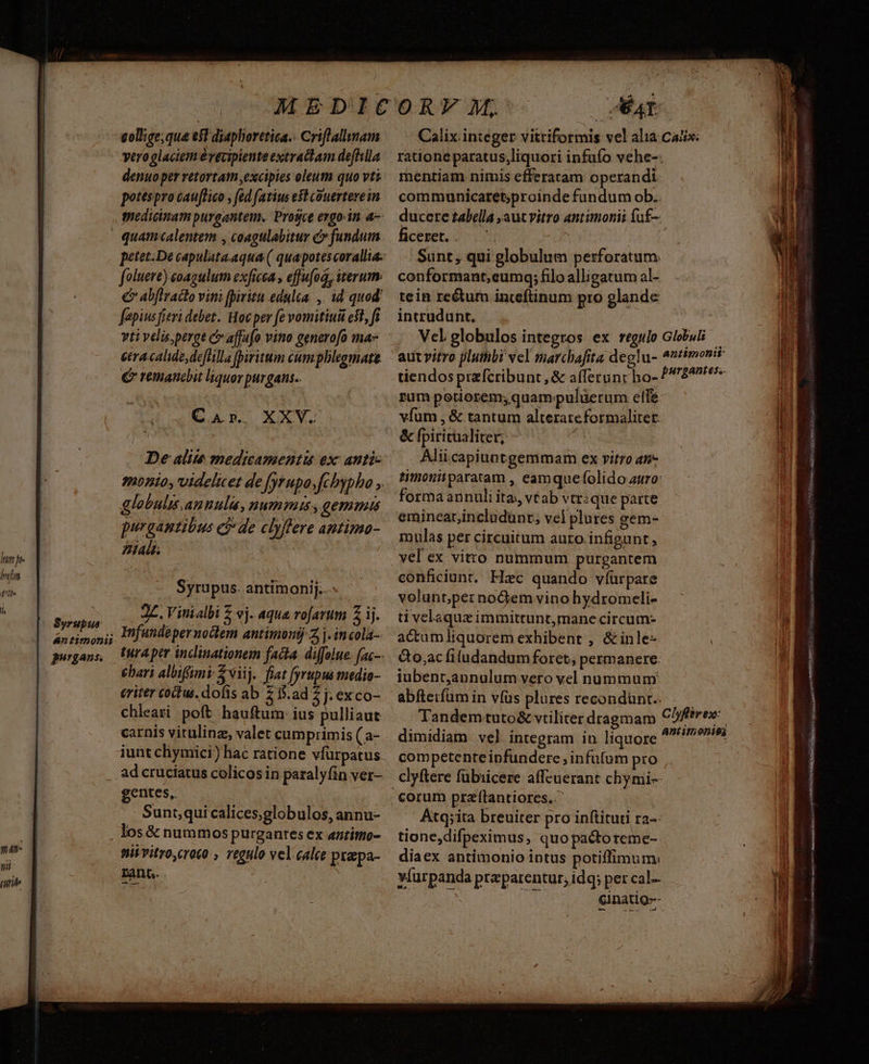 eollige;que est diaphoretica.. Criflallunam vero glaciem éyecipiente extraclam deffslla denuo per retortatn ,excipies oleum quo vti potespro cauflico , fed (atius est couerterein niedicinam purgantem. Progce ergo.in a- quam-«calentem , coagulabitur c fundum petet-De capulata.aqua ( quapotescorallta. foluere) coagulum exficea , effufod, iterum. €» abfiraco vini fpiritu edulta. ,. id quod fépiusfieri debet. Hoc per fe vomitiud cst, fi vti velis perge c affafo vino generofo ma- etracalide,deffilla [iritum cumplegmate € remanebit liquor purgans.. CAB. XXV. De alit medicamentu ex anti- globulis.annulu, nummis gemmas purgantibus c? de clyflere antimo- Hials. Syrupus. antimonij. 2. Vinialbi $ vj. aqua rofarum Z ij. Infandeper nocem antimonij Z j. in cola- ebari albiffumi $ viij. fiat fyrupus medio- eriter cou. dois ab 21$.ad 4j. ex co- chleati poft hauftum: ius pulliaut carnis vitulinz, valet cumprimis ( a- iunt cliymici) hac ratione vfurpatus ad cruciatus colicos in paralyfin ver- gentes, Sunt,qui calices,globulos, annu- lum fte fm tile l, Syrupus Antimonii purgans. y nii pb miivitro,croto , vegulo vel calce praepa- E. | ratione paratus,liquori infuío vehe-. mentiam nimis efferaram operandi communicaret;proinde fundum ob.. ducere tabella aut vitro antimonii fnf— ficeret. Uum Sunt, qui globulum perforatum. conformant,eumq; filo alligatum al- tein re&urn inceftinum pro glande intrudunt. tiendos przfcribunt ,& afferunrh rüm potiorem, quampuluerum elfe vfum , & tantum alterateformaliter & fpiritüaliter, ^ Aliicapiuntgemmam ex vitro an- timonitparatam , eamque folido auro: emincar,incladunt, vel plures gem- mulas per circuitum auro .infigunt , vel ex vitro nummum purgantem conficiunt. Hzc quando víürpare volunt,peznoGem vino hydromeli- ti velaquz immittunt,mane circum- actumliquorem exhibent , &inle- &o,ac filudandum foret, permanere: iubent,annulum vero vel nummum: abftetfüm in vfüs plures recondunt.. Tandem tuto& vtiliter dragmam dimidiam vel integram in liquore competente infundere , infufum pro clyftere fubiicere affeuerant chymi-- Atq;ita breuiter pro inftituti ra-- tione,difpeximus, quopactoreme-- diaex antimonio intus potiffimum. víurpanda pteparentur, idq; per cal- cha KING ono gite a CRDI UB QUA yore