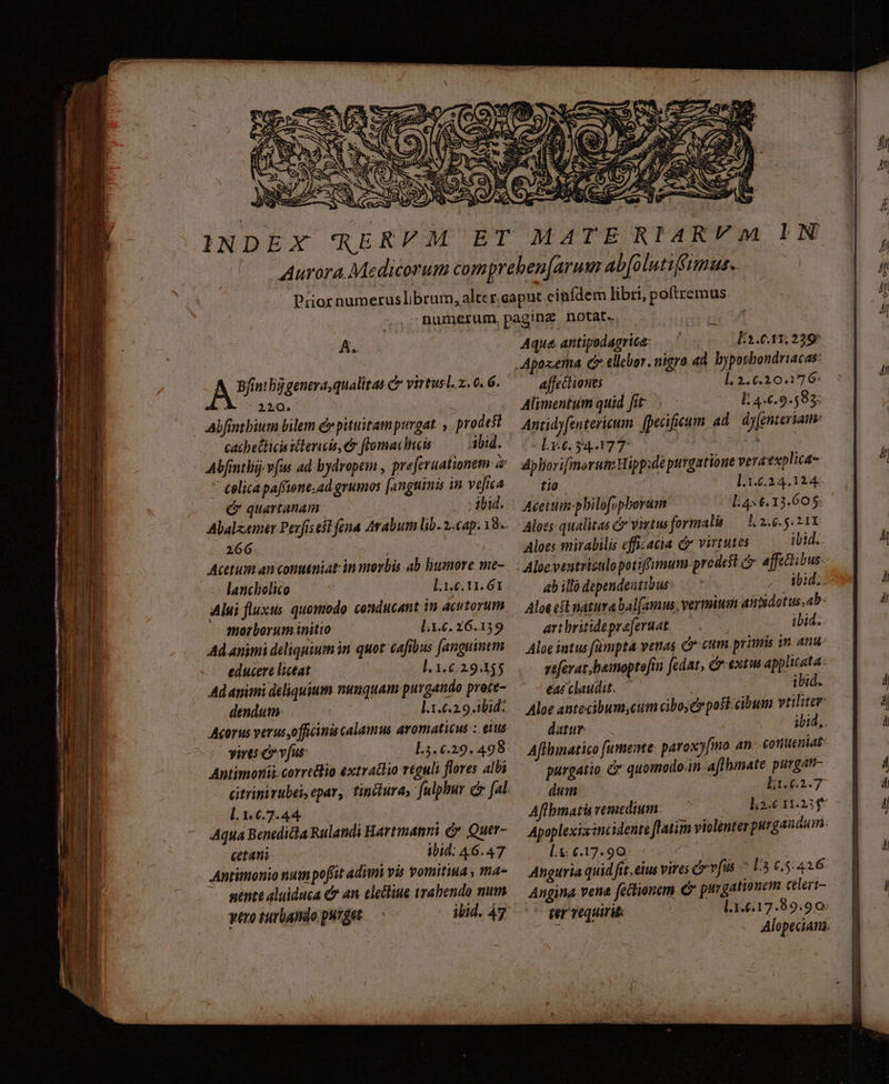 A. A Int bj genera qualitas & virtusl. 2. 0. 6. 220. Alfintbium bilem d pituitam purgat. prodest cachetficisidleruis e flomacbuis: — bid. Abfintlii) v [us ad bydropem , preferuationem a Celica paffione.ad grumos [angninis in vefica ( quartanam ibid. Alalzemir Pezfisest fena Arabum lib. 2,.cap. 18. 266 | Acetum an conutniat: in morbis ab humore me- lancholico l.1.6.11. 6I Aui fluxus. quomodo. conducant in acutorum morborum.initto l.3.6. 16.159 Ad animi deliqgium in. quot: cafibus fanguinem educere liceat. l. 1.6.2945 Ad animi deliquium nunquam purgando prece- dendum l.1.6.2.9 tbid; Acorus verus,officinis calainus avomaticus : etus vires C vfus L3. 6.29. 498: Antimorii.corrtélio extratlio reguli flores albi LoT. AR 7. Aqua Benedicla Rulandi Hartmanvi c. Quer- cetani- ibid: 46.47 Antitonio num poffit adimi vis vormitiua , ma- nente aluiduca Cr an eletiue trabendo mum vero turbando purget ibid. 47 Aqua antipedagrice: E2.0.11, 229? affectiones l.2.6.20.176: Alimentum quid fit I: 4.6.9.585; Antidyfentericum [pecifium. ad. dy[enteriame Lr.6.34.177 ed | Aphorifimorum Hipp:de purgatione veraexplica- fio : l.1.6.34.124- Acettii-philofopborum l:456.13.605: Aloss qualitas C virtusformalà — L2.6 g.21X Aloes mirabilis efficacia c virtutes ibid. Aloeventriculopotiffumum prodest affeciibus- ab illo dependentibus: — 7 Aloe est natura bal(eimus; vermita Aütidotus,ab- artbriidepreferuat ibid.. Aloe intus fümptà venas Cr- cum. priiis in nu. ztferat,bemoptofin fcdat, Cr-extus applicata: eas claudit. — ibid. datur ibid, Affhinatico fumente paroxyfimo. an- conueniat: purgatio & quomodo-in. aflhmate purgat duim Eu5.7 Afibmatis vemedium- L.X: 6.17.90: « Anguria quidfit eius vires er vfis ^ L3 65.426 Angina vena fictionem purgationem. celeri- ter Tequiri