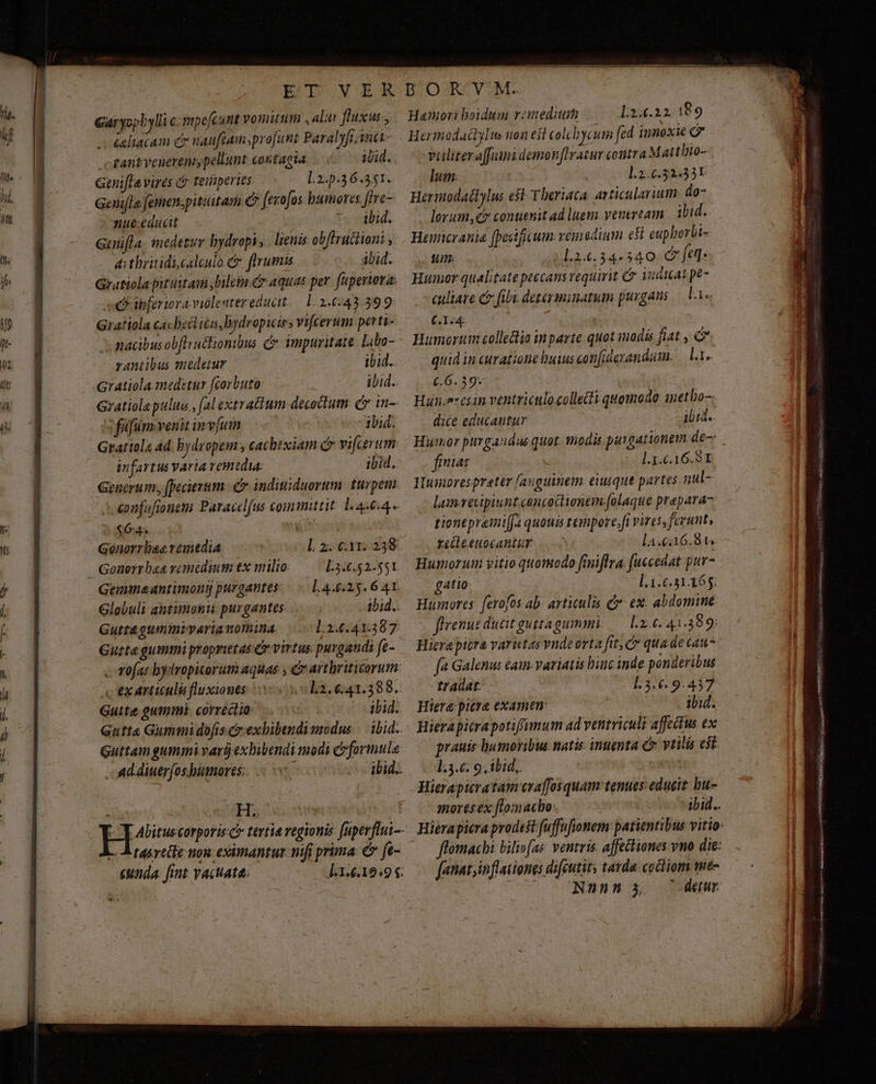 ET VER Garyopbylli co mpe[cant vouittm ,Alüt fluxus , écliacam cr maufeamsprofunz Paralyfi inct- rantveneremy pellunt contagia ibid. Geniflevires &amp;&amp; temperies l.2.5.36.351. Genifla femen; pituitam C fexofos humores fre- Tueedacit ibid. Genifla. medetur bydropi, lienis obflrutlioni , aithritidicaleulo c flrumis ibid. Gratiola pitüitambileim &amp; aquas per. (aperiota: e ibferiora violenter educit. 1. 2.643.399. Grafiola cacbecl ica Dydropicirs vifcerum perti- x natibus ob[huctionibus d impuritate Libo- rantibus medetur — — ibid. Gr atiola medetur fcorbuto: ibid. Gratiola pulus , (al extratium. decoclum: e in-- ifüfünsvenitinvfum ibid. Gratiole 4d bydyopem , cachtxiam c vifcerum infartus varia remedia: ibid. .eonfofiongm Paracel(us. comiittit 14.6.4. $64. Génorrbae remedia. l2 6. 238 Gonerrbaa vomcdaum ex milio [.3.6.52..551. Geinmaantimony purgantes: ^. L4.4:25.6 41 Globuli antimonti purgantes ibid... Gutt&amp; gtmmivariamoinina. l.2.6.41.387 Gute gummi proprietas virtus purgandi fe- . fofas byrropitorum aquas , C arthriticorum: c ex articulis fluxiones l2. 6.41.3988. Guite gummi corréclio: ibid. : HL - Áoasevetle nou: eximantur nifi prima: &amp; ft- Hanori boidum remedium L2.4.22.189 vuliter afamidemonflratur contra Matthio- lum: | l.2.6.32,33T Hermodattylw est Theriaca. avticularium. do- lorum, c» contenit ad luem veneream. | iid. Hemicranie fpesifium vemadium c8 euphorbi- HW s l.3.4.34-540. C fe]s Humor qualitatepeecans vequirit &amp; iudiat pe- culiave c fibi determinatum purgaus — 1. 6.1.4. Haumornim collectio inparte quot inodis fiat , C quid in curationebuius con[itetandum. — |. 6.6.39. Han.ozcsin ventriculo collecti quomodo. inetbo- dice educautar ilul.. finiat ].1.6.16.9T Numoresprater [auguinem eiutque partes nul- — lamvetipiuntcencodionem.olaque prepara tiontprami[fa quouis rempote,fi vires, ferunt, telle euocantur la.6:36.845. Hiumorum vitio quomodo fimiflfra. (uccedat pur- Ati0: 1.1.6516. Haumores: ferofos ab: articulis qt» ex: abdomine: flrenue ducit guttagumimi — 2.6. 41.389; Hierapitta varietas vnde orta fit, c qua de cau- fa Galenus eaim. variatis binc inde ponderibus t! adat. L3.6€.9.437 Hiere; pitre examen: j ibid. Hierapicrapotiffumum ad ventriculi affectus ex prauis liumoribus natis inuenta € vtilis e$t. 1.3.6. 9, ibid,. Hierapicratam eraffos quam tenues educit. bu- moresex ftomacho: ibid.. ffomachi bilivfas: ventris. affectiones vno die: Ci EQUAL Gase ig tena QA tte a i SL AR vade INIRE ESL a i S Kap Mig e Si S zo qtti PIN OEIEO I QA 1I Urea cesi SM Sole i Fri