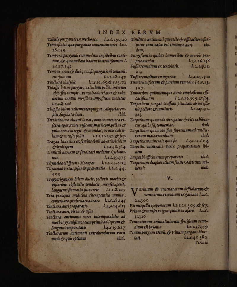 INDEX Tabülepurgantesex mechoaca. —.[.2.6.29.320 Tempef!ascs qua purgando conuenientiores. l.i. 28.149 Temporis purgandi commodum in febribus conti- nuits ei qua nullam babent intermifüonem l. 1.6.27.143. Tempus anzic diei qued. fit purgationi congeni . entifrmum L1.6.18.149 Tinduta chalybis l.1.6.32.68.05 6.13.72. abfceffas vumpit , venenis aduer (atur cr-vabi. dorum canum morfibus umpofjitum. medetur l.2.6.8.216 Tbapfia bilem vebementer purgat ,alopecias ex- plet.fugillata.delet. ibid. Terebinthina aluum laxat , omntainterioravi- feerasepar,vents,vtficammatricem,pectus.ce pulmonesextergit, &amp; mundat, vrinas calcu- lum &amp; menfespellit /— 12.611232. ét feq. Tr4g&amp;A laxatiua excfeiming ebuli adartbritidem C bydropem ].2.6.38.364 Tinnitui aurum Ce furditati medetur Cyclamis nus: l,2.6.39:375 l.2.6.44.409 Thymelae virtus,vfus &amp; praparatio l2. 6. 44. 409 | Tragooriganim bilem ducit pectoris morbisc vifceribus obffructir conducit , menfes aperit, languenti flamacho fuccurrit/—. L.2.6.8.227 Tria. pracipta. medicina therapeutice munia , conferuave.praferuave curar — 1.1.6.28.145 Tindlure. auri prapar atio. Ll, 4,6.14.613 Tindlure auri, virtus &amp; v(us ibid. qginüure «ntimenii vires incomparabiles. ad morbos grauiffimos cum primis ad lepram c |. Ranguinis impuritates l4.619.627 Tis&amp;urarum- antimonii extrabendarum vari 1108i C quisoptimus ihid, aids RERVM Tinilura antimonii quovetle c effeaditer vfur- petur cuta calce vel tintcluxa auri ibi- dem. TFurgefcentia quibus bumoribus &amp; morbis pra- (2o prieacadat l.1.6.16:138. Tufis remediusmex terebintb. lk 2, capi t. 233 | Tufüisremediunrex tyrrba: l3.6.29.50a Tumors vifcerum c partium vemedia l.2.6,15.. 307 Tumoribus quibuscunque duris emplaffrum effi- caciffunum l.2.6.26.309.G feq. Türpethum purgat exa[fam pituitam ab inteft- nis pectore Cr iuncluris l.2.6ap.30. 225. Turpethum- quomodo corrigatur C riteexlibea- tur.quibu(a, conueniat. ibid, Turpetbum quomodo fiat füpremumad iunctu- rarum malartimedium: ibid Turpethum minerale quid fit l.446.33.6 O 4. Türpethi. mineralis varie. praparationes. ibi» dem Turpetbi offiinarum praeparatio ibid; Turpetbua dtaphorctium feuBexoarticum mi- seale. iludi ro V Ermium C venenatarum beffiolarum c venenarum.renmidium ex galbano 1.2.6. 24.500 Vermespellitopoponacum. l3. 6.2.6.3 0.9.67 feq: Vrinas &amp;mnenfesexigens puluis ex afaro. — l.1.6.. 31.326 Venenatorum animalsulerum fpecifieum reme- ditin e5l bryouia l2.637.559 Vinumpurgans Denii: d Vinum purgans Mur-- lati: Oo L1a49 3$o. Vérmnes d E o voli E — Rs r-— ca -t —— — C dé dash TübD unma