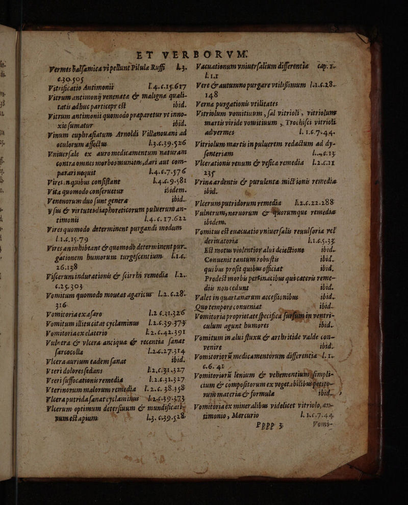 Vermts bal[amicavipellunt Piluls Ruffi — ls. €.30.50$ Vitrificatio Antimonis L.4.6€.1$.617 Vitrum antinonij venenata &amp;r maligna quali- tatis adbuc particeps esl ibid. Vitrum antimonii quomodo préparetur yt inno- xiefumatur | ibid. etulorgm affect us l.3.6.39.526 Vniueríale ex auromedicamtntum naturam coniraommnces vioorbosauunien,dari aut. com- parari nequit l.4.6.7.576 Viresinguaibus confiflant 1.4.6. 9.581 Vita quomodocon[eruetuz — ibidem. Venenorum duo (unt genera ibid. timonii L4.6. 17.622 l.1.,15.79 Viresaninlibtant &amp;rquomodb determinent pur. gationem. bumorum. turgefcentium. — lr.e. 26.138 6.25.3035 : Vomitum quomodo moueat agaricus 1.2. 6.28. 316 Vomitoriaex-afaro: l.1631.3z26 Vomitum illitucitat cyclamimus — 11.6.3937 Vomitoriaexelaterio l2.6.42.391 Vulnera C vlcera antiqua dr. recentia. (anat favrcocolla 1T.2.6.27.314. Vlceraaurium eadem [anat ibid. V reri dolores (edans E2,031.327 V reri (uffocationis remedia l.2.6.31.527 Vterinorummalorum ramedia — 1.2.6. 38.359 V lcera putrida fanatcyclamitus ha-t39:373 Vlcerum optimum deterfiuum &amp; smundificati puus.eit apiuna l3. 639.529 Vacuationum vniutr[alium differenti — cap. v- Lir Vere Grautumto purgare vtibffmum 13.6.28. 148 Verna purgationis vtilitates Vitriolum vomitiutm , (al vitrioli , vitriolum marti viride vomitiuum , Trochi[ci vitrioli adyermes l. 1.6.7444 Vitriolum martis inpuluerem redactum ad dj- fenteriam I... 6:15; Vlcerationis enum C vefica vemedia — l.2.c.11 2ij Vrinsardentis c purulent ticl ionis vtmedia. 2o. Vicerunsputridorum remedia — 1.2.6.22.288 Vulntrumsneruorum (o  puorumque remedia: ibidem. Vomitus est euecuatio yniuer[alis reuul(oria vcl , deritiatoria ATA TR DUET. E$1 motus violentior alutdeieükione ^ — ibid. Cenuenit tantum robuflis ibid. quibus profit quibus officiat iid. Prodesl morbis pertinacibus quecatéris reme diis non cedunt ; ibid. Valet inquartanartum acce(fionibus ibid. Quo tempore conueniat | ibid. Vomitoriaproprietatt fpecifica fusftnin ventri- culum agunt bumores ibid. Vomitum in alui fluxu é&amp; arthritide valde con- venire ibid. Vomitorior&amp; medicamentorum differential. x. 6.6. 4T Vomitorierit lenium c veliementiums(impli-. cium e compofitorum ex vegetabilibuspetito- sut inateria.c formule ibid... Vonitoriaex mineralibus videlicet vitrivlo, an- timonio., Mercurio l. 16.7.44.
