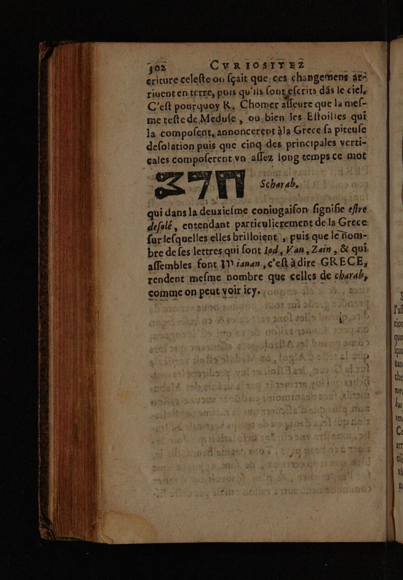 eritute celefteon fçait que.ces changemens at° riuent enterré, puis qu'ils fontefcrits däs le ciel C'eft pourquoy R; Chomer afleure que la mef- me tete de Medule, ou.bien les Eltoilies qui la compofent, asnoncerent àla Grece.fa piteufe defolation puis que cinq-des principales verti- cales compoferent.vn affez long temps ce mot rc A D ON Scharab. qui dans la deuxiefme coniugaifon fignifie efire defolé, entendant particulierement dela Grece {urlefquelleselles brilloient ,: puis que le nom- bre defes lettresiqui font led, Van, Zain , & qui. affembles font line ,c'eftädire GRECE; rendent mefme nombre que celles de charaë,