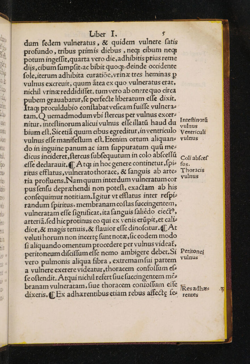 ὅδ} T Liber I. $ dum fedem vulneratus, &amp; quídem vulnere fatís profundo, tríbus prímís díebus , neg; cibum neg; potum íngeffit,quarta vero die,adhíbitís príus reme díjs, cibum fumpfitac bibit φασι» deinde occidente folejíterum adhibita curatíoe,vrínx tres hemínas p vulnus excreuít, quum átea ex quo vulneratus erat, níchil vrínzreddídiffet, tum vero ab onere quo círca ubem grauabatur.fe perfecte liberatum elle díxit, tag; proculdubío conftabatveficam fuíffe vulnera nitur, inteftínorumalícui vulnus effeillatüà haud du bíum eft. Sícetíáà quum cibus egreditur,in ventrículo do ín ínguine panum ac íam fuppuratum quü me^ effe declarauit.qT, A tq; ín hoc genere contínetur.fpí^ ritus efflatus,vulneratothorace, &amp; fanguís ab arte tía profluens,NNamquum ínterdum vulneratum cor pus fenfu deprahendí non poteft, exactam ab his confequímur notítíam.lgitur vt eftlatus ínter refpi Inteftínorü vulnus Ventrticulí vulnus Coli abfcef fus. 'T horacts vulnus vulneratam effe fignificat, íta fanguis faliedo eiect?, attcríá.fed hícprotinus eo qui ex venís erüpit,et cal díor,&amp; magís tenuis, &amp; flauíor efTe dínofcitur.d[. At velutihorum non íncerte funtnotz,ííceodem modo fi aliquando omentum procedere per vulnus videat, perítoneum diífciffumelfe nemo ambigere debet. Sí vero pulmoniís alíqua fibra , extremam(ui partem a vulnere exerere videatur,thoracem confolfum εἴς (eoftendít, Atquí nichil refert (iuefuccingentem πιὸ branam vulneratam, fiue thoracem coniofTum elfe dixeris, qj Ex adharentibusetíam rebus affecte Íes Perítonej vulnus IResadha rentes