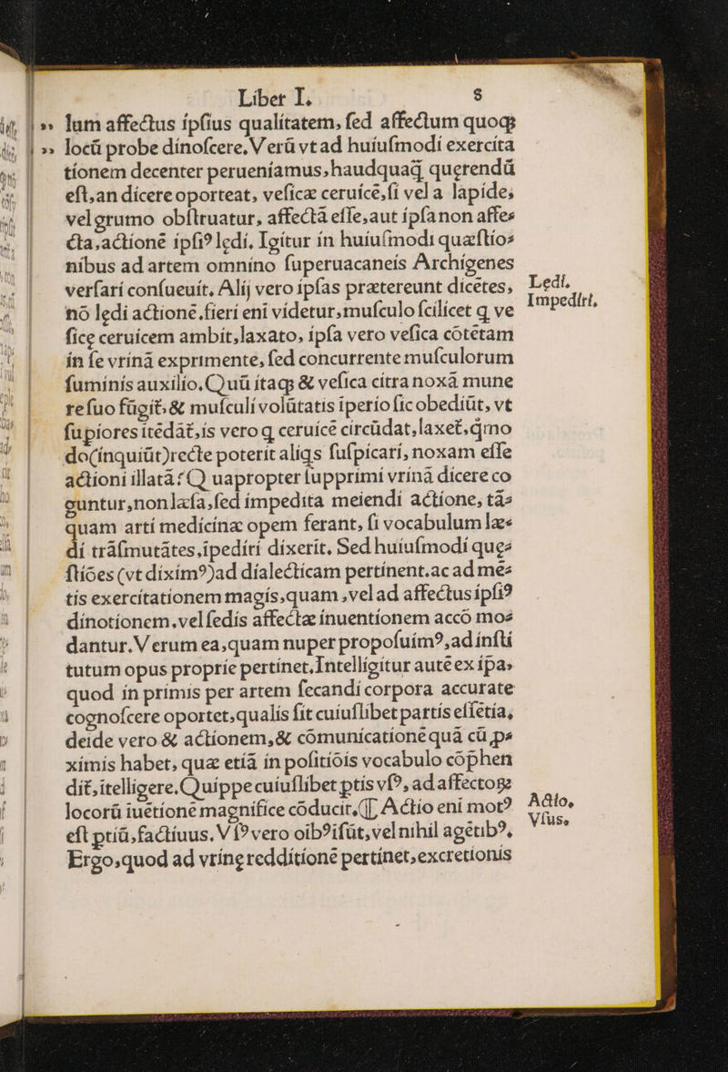 l Libet I. it, 1» lumaffectus ipfius qualítatem, fed affectum quogqe is »» locü probe dínofcere, Verü vtad huíufmodi exercita  tíonem decenter perueníamus;haudquad querendü &amp; | eftandícereoporteat, veficz ceruíce.fi vel a lapide; 4 | velgrumo obflruatur, affect efle,aut ípfanon affes » | €aadíone ipfi? lcdí, Igitur ín huiufmodi quaflios nibus ad artem omníno fuperuacaneis Archígenes ἣν verfarí confueuít, Alíj vero ípfas prattereunt dicetes, Ledt. ἢ no ledi actione .fierí eni vídetur;mufculo fcilicet q ve SPEO » fice ceruícem ambiít;laxato, ἱρία vero vefica cótetam il ín fe vrínà exprimente, fed concurrente mufculorum | fumínís auxilio, (Οὐ ítagp &amp; vefica cítra noxà mune refuo fügit;&amp; mufculí volütatis iperío fic obediüt, vt | fupíores itedá£.ís vero q ceruíce circüdat;laxet;dmo ' | do(ínquiüt)recte poterit aliqs fufpicari, noxam effe actioni illatá? (Q uapropter fupprimi vríná dicere co guntur,nonlafa,fed ímpedita meiendi actione, tà» i quam artí medícínac opem ferant, fi vocabulumlae i: dí tráfmutátes,ipedírí dixerit, Sed huiufmodi quee  flíGes (vt dixím?)ad díalectícam pertínent.ac ad mee ^ | tísexercítationem magís.quam ,velad affectusipíi? dínotíonem.velfedís affectae ínuentíonem accó moe dantur. Verum ea,quam nuper propofuím?,ad ínfti tutum opus proprie pertínet,Intellíeitur aute ex ipa» quod ín prímis per artem fecandí corpora accurate 1 cognofcere oportet;qualís fít cutuflibet partís efíetía, : deide vero &amp; actíonem, &amp; comunicatione quà cü ps | | χίπιίς habet, que etíá ín pofitiois vocabulo cophen | | diüitelligere. Quippecuíuflibet ptis vf?,adaffectog í | locorüiuetíone magnifice coducir, T], Actio eni mot? Hg | | eftptiü.factiuus. V f? vero oib?ifüt,vel nihil agéub?, ^ Ergo;quod ad vríng reddítíone pertínet, excretionis
