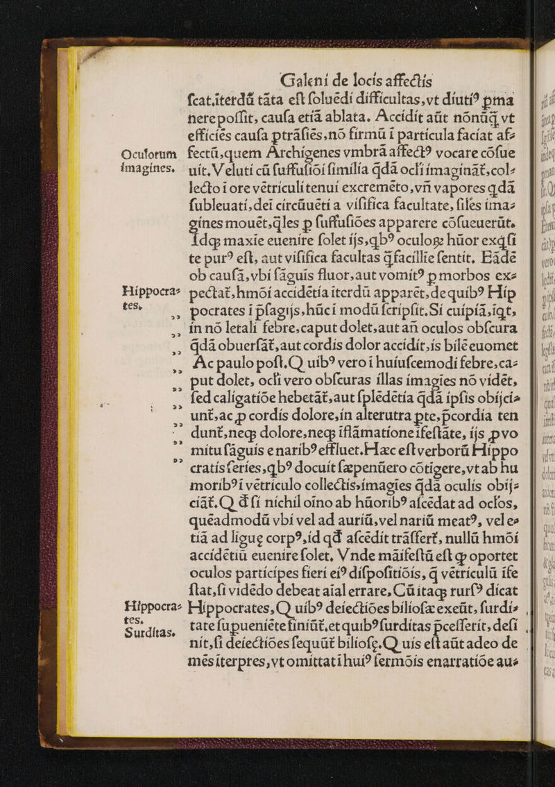 fcatiiterdá táta eft foluedi diffícultas,vt diutí? pma nerepoffit, caufa etíà ablata. Accídít aüt nónüd vt effícíés caufa ptrafies.no firmü i partícula facíat a£ Oculotum | fectü.quem Archígenes vmbra affecl? vocare cofue imagines. nift. Veluti cáfuffutioi fimilia qdà ocfiímaginat,col^ lectoiore vetriculítenuí excremeto,vn vapores qda fubleuatí,dei círcüuetia vífifíca facultate, files ima gínes mouet,dles p fuffufioes apparere cófueuerüt. ἀφ maxie euenire folet íjs,qb? oculog: hüor exdfi te pur? efl, aut vififica facultas dfacilliefentít, Bade ob cauf3, vbi fáguis fluor,aut vomít? p morbos ex Hippocta^ pectat;hmoíaccídetía iterdü apparet. dequib? Híp 65... pocrates i pfagijs.hüci modültcrípfit. Sí cuípta,iqt, , innó letali febre.caput dolet,aut δῇ oculos obfcura ,, Gdáobuerfat,aut cordís dolor accidít.ís bileeuomet ,, Acpaulopofl.O uib? veroi huíufcemodifebre.caz ., put dolet, ocli vero obfcuras íllas (magies nó vídet, ., fedcalígatíoe hebetat;aut fpledetía qdà ípfis obíjcía - unt;ac,p cordís dolore;in alterutra pte;pcordía ten - dunt,neg dolore.neg iflámatíonefeflate, íjs pvo  mítufáguis enarib?effluet.Hac eftverborü Híppo — cratísteríes,qb? docuít (epenüero cotigere,vtab hu morib?i vetrículo collectíssímaeies ἅ48 oculís obíjz εἰδέ, d (í níchil oino ab hüorib? afcedat ad oclos, queadmodá vbi vel ad auríü,vel natíü meat?, vel ee τᾷ ad ligue corp?,íd qd afcedit traffert, nullà hmoí accidetiü euenírefolet, Vnde màifeftü efl gp oportet oculos partícípes fíerí e? dífpofitioís, q vetrículü ife [lat.(i videdo debeat aial errare, Cá itags rur? dicat Hippocra^ Híppocrates, C) uíib? deíectíoes bílíofa exeüt. furdi» ἐὸν tate fupuentetetiníüt,et quib?furdítas pcetferít, ἀεί nít;ft deíectíoes fequüt bilíofe.Q) uís eftaütadeo de mesiterpres,vt omittati hui? (ermois enarratíoe aue