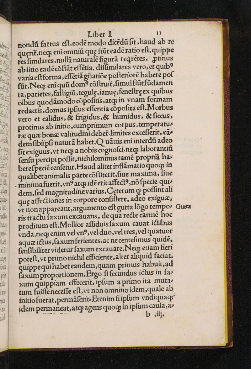 didi, | qugrít.neg eniomniü que fiüteade ratío efl, quippe res fimilares,nullà naturalefígurá rejretes, ,ptinus abiitío eade cóftàt effétia, díífimilares vero; et quib? varíacftforma,effétíá enatíoe pofteríore habere pof füt.Neq; eniquü dom? coftruit,fímulfiütfüdamen ta,paríetes,falligiti;tegule,íanug;feneftre ex quibus oibus quodámodo copofitis,atqp ín vnam formam redactís, domus ípfius effentía copofita eft. Morbus vero et calidus, & frígídus,& humídus, & ficcus, protínus ab ínítío,cum prímum corpus.temperatu* rz quz bonz valitudini debe£.limítes excellerit, ed» demfibíipfi naturá habet.) uáuis ent ínterdà adeo fitexíguus,vt neqp a nobís cognofcí;neg laborantíü fenfu percípi poffit,nichilominus tame propríá hae berefpeciécenfetur.Haud aliter ínfláàmatioquoqg ín qualibetanímalis parte coftíterít, fiue maxíma, fiue dem, fed magnítudínevaríus, Ceterum cp poffint alí qug affectiones ín corpore confillere, adeo exigua, vt nonappareant,argumento eftgutta lógo tempo τίς tractu faxum excauans, de qua recte catmeé hoc prodítum eft. Mollior affiduisfaxum cauat ictibus vnda.neq; ením vel vn?,vel duo, vel tres,vel quatuor aqua íctus.faxumferíentesac necentefímus quide, fenfibilíter videtur faxum excauare. Neq, etíam fieri poteft, vt primo nichil efficiente,alter aliquíd faciat. quippequíhabet eandem,quam prímus habuit,ad (axum proportíonem. Ergo fi fecundus íctus ín fae xum quíppiam effecerít, ipfum a prímo ita muta ínítíofuerat, permáferít: Etením fíípfum vndíquagg idem permaneat;atqpagens quogiin ipfum cauía,ae Ren eL b dij. | Gutta