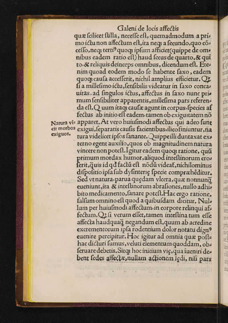 qu2 fcilicet ftilla , neceffe eft, quemadmodutm.a príz mo íctunon affectum eft,íta neg; a fecundo.quo có2 cello,negs terti? quog ípfum affíciet(quippe de oms nibus eadem ratío eft) haud fecusde quarto, &amp; qui to. &amp; relíquís deínceps omnibus, dícendum eft, Ete: ním quoad eodem modo fe habente faxo , eadem quocp caufa accellerít, níchil amplíus effícietur, ΟΖ fía millefímo íctu,fenfibilis vídeatur ín faxo conca uítas, ad fingulos ictus, affectus ín faxo nunc príe mum fenfibiliter apparentis,millefíima pars referenz . daeft.QQ uum itag caufz agunt ín corpus:fpecies af fectus ab ínítío eft eadem. tamen ob exíguitatem nó Natura ví apparet, At vero huíufmodií affectus quí adeo funt cit morbos exiouí,feparatís caufis facientibus;ilicofíniuntur,na. c8 tura viídelícetipfos fanante. Quippeillí duntaxat exe . terno egentauxilío,quos ob magnitudinemnatura | vincerenon potefl.Iecitur eadem quoq ratíone, quü rímum mordax humor;alíquod ínteflínorum eroe ferit quis ídqdfactà eft nodü vídeat,níchilomínus difpofitíoípfa fub dyfinterie fpecíe comprahediítur, Sed vtnatura»parua quedam vlcera,qua nonnund eueníunt,íta &amp; inteflíinorum abrafiones,nullo adliie bito medicamento,fanare poteft.Hac ergo ratione, falfum omnínoefl quod a quibufdam dicitur, INul lum per huíufmodi affectum/ín corpore relínquí a£ fectum.Qz (í verum ellet,tamen ínteflína tum effe affecta haudquaq negandum efl,quum ab acredíne excrementorum Ipfa rodentíum dolor notatu dí2n9 euenire percípítur. Hoc igítur ad omnía qua poftz hac dícturí fumus, velutí elementum quoddam, obz - feruaredebetis.Sítgs hocínitium vig;qua iuenirí dez bent fedes affece, nullam actionem Jedi, nili pats