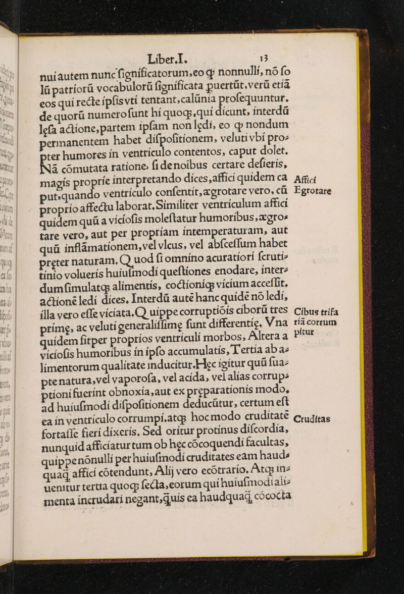 nemmsporgenei PP τ URN Atc mee mop c A Liber.I. 13 ^ nuiautem nunc fignificatorum,eo qj nonnulli, πὸ fo b lü patríorü vocabulorü figníficata puertüt,verü etía ἢ eos qui recte ipfis vti tentant;calünia profequuntur. D de quorü numerofunt hí quoq; quí dícunt. ínterdà ὯΝ! ^ Jefaactione,partem ipfam non edi, eo qp nondum UH| . permanentem habet difpofitíonem, veluti vbi proz d ter humores ín ventrículo contentos, caput dolet. Ni cómutata ratíone fi denoibus certare defterís, ls magís proprie interpretando díces,affici quidem ca. Ag. ἐ putquando ventrículo confentít,agrotare vero, cü Egrotare  proprío affectu laborat. Símilíter ventriculum afficí n quídem quü a vicíofis moleftatur humoribus,zeros  tare vero, aut per propríam intemperaturam, aut 1 quá inflàmatíonem, vel vlcus, vel abíceffum habet q preter naturam, uod fi omníno acuratíori fcruti tínio voluerís huiuftnodi queftíones enodare, ínterz n dumfimulatq alímentís, coctíonigs victum acceílit. action ledí díces. Interdü auté hanc quíde no ledí, i ΠΙᾺ vero effe vícíata.Q) uíppe corruptióis ciborütres Cibus trifa prímg, ac veluti generaliifimg funt differentig. Vna ríácorrum quídem fitper proprios ventrículí morbos, Alteraa Plut viciofis humoribus ín ipfo accumulatís, T'ertía abae — límentorum qualítate inducítur.Hkc igitur quà fuae ptenatura,vel vaporofa, vel acída, vel alías corrup^ tionífuerínt obnoxía,aut ex preparationís modo, ad huiufmodi difpofitionem deducütur, certum eft ea ín ventriculo corrumpí.atcp hocmodo crudítate criditas fortaffe fierí díxerís, Sed orítur protínus difcordia, nunquíd afficíaturtum ob heccócoquendi facultas, quippenonulli per huíufmodi cruditates eam haud» quad affici cótendunt, Alíj vero ecótrarío. Atc in2 uenitur tertia quog fecla,eorum qui huíufmodiaite menta incrudari negant, quís ea haudquad, co cocta