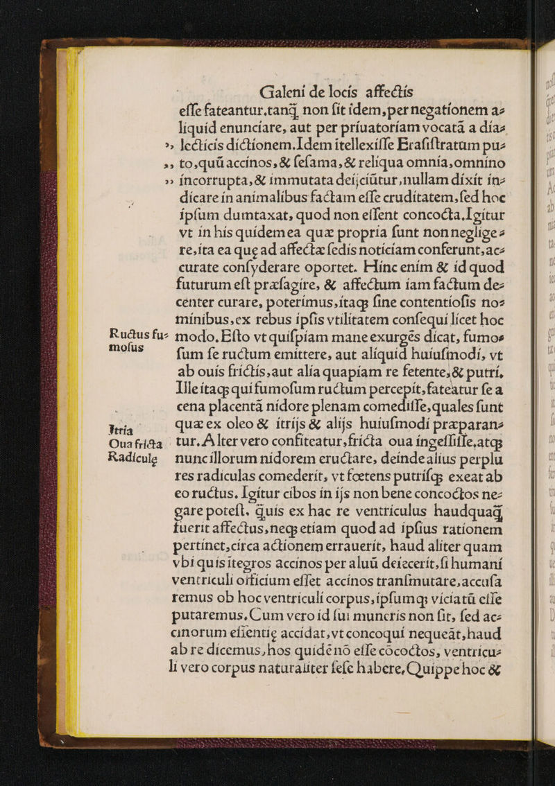 effe fateantur.tand non (it ídem,pernecatíonem az liquíd enuncíare, aut per príuatoríam vocata a díaz » lectícis díctíonem.Idem itellexífle Erafiftratam ρα »» to,quüaccínos, δὲ fefama, &amp; reliqua omnía,omníno » íncorrupta, &amp; immutata deí;ciütur, nullam díxít ínz dícare ín anímalíbus factam effe crudítatem,fed hoc ip(um dumtaxat; quod non effent concocta.Teítur vt in hísquídemea quz propria funt nonneglige re;íta ea queadaffecta fedis notícíam conferunt; ace curate confyderare oportet. Hínc ením &amp; id quod futurum eft prafagire, &amp; affectum íam factum dez center curare, poterímus,itagg fine contentíofis noz mínibus,ex rebus ipfis vtilitatem confequi lícet hoc p sfu^ modo. Elo vtquifpíam mane exurges dicat, fumos fum fe ructum emittere, aut aliquid huiuftnodf, vt ab ouis fríctís,aut alía quapíam re fetente, &amp; putrí, Illeítag; quifumofum ructum percepit.fateatur fe a | cena placentà nídore plenam comeditfe,quales funt Wi, ὀ Qqu&amp;ex oleo δὲ itrís &amp; alijs huiufmodí prxparane Ouafra4 | tur. A ltervero confiteatur.frícta oua íngeflitle.atqs Radicue nuncillorum nidorem eructare, deindealius perplu res radiculas comederít; vt fcetens putrífqs exeat ab co ructus, Loítur cibos ín ijs non bene concoétos nez gare potefl. Quis ex hac re ventrículus haudquad tuerit affectus,negp etíam quod ad ipfius rationem pertinet;circa actionem errauerit, haud aliter quam vbi quísitegros accinos per aluü deiecerít.fi humaní ventriculi oitícíum effet accínos tranfmutare,accufa remus ob hocventriculí corpus;ipfumqs: vícíatü effe putaremus, Cum vero íd fui munctís non fit, fed ac: anorum efientie accídat,vt concoquí nequeat,haud abre dicemus,hos quidéno effe cococtos, ventricue