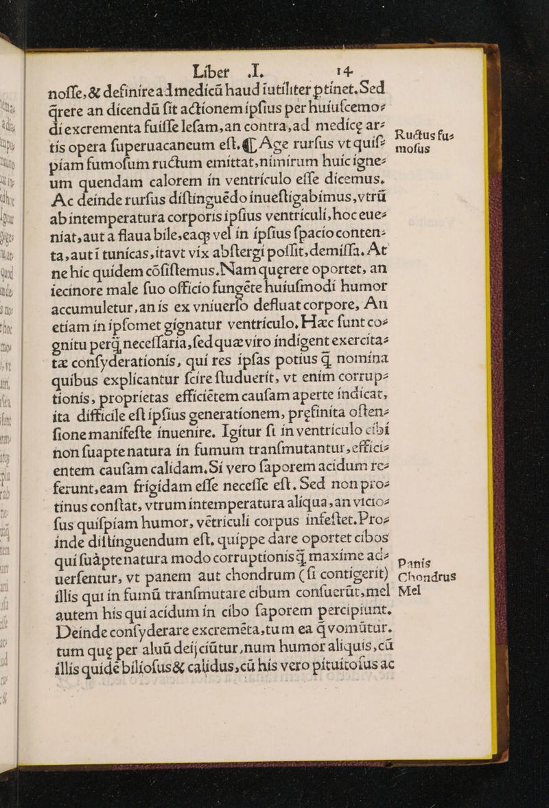 Liber .l. 14- noffe,&amp; defínitea medica haud utiliter ptínet.Sed Grere an dícendü fit actionem ípfius per huíuícemo: diexcrementa fuiffe lefam,an contra,ad mediíce ar; εἰς opera fuperuacaneum efl. qj, Ace rurfus vtquif? píam fumofum ructum emíttat,nimirum huic igne: um quendam calorem ín ventrículo effe dicemus, Ac deinde rurfus díflinguedo ínueflígabímus,vtrü ab íntemperatura corporis ipfius ventrículi, hoceuee níat,auta flaua bile;eaq vel ín ípfius fpacio conten: ta,autí tunícas,itavt víx abflergi poffit, demífTa, At ne híc quídem cófiflemus.INam querere oportet, an iecinore male fuo officio fungete huíufmodi humor accumuletur,anís ex vníuerfo defluatcorpore, An etíam ín ipfomet gíonatur ventrículo, Hac funt co σπίτι perd neceffaria,fed quzviíro indigent exercita: ta confyderatíonis, quí res ípfas potius 4, nomina quibus explícantur fcíreftuduerít, vt entm corrupz tionis, propríetas effícíetem caufam aperte índicat, íta difficile efl ipfius generatíonem, pretiníta often- fione manífeftre inuenire, Ioítur fi ín ventrículo cibi hon fuaptenatura ín fumum tranfmutantur.efficí2 entem caufam calídam.Sí vero faporem acídum rc^ fezunt,eam frígidam effe neceffe eft. Sed non pio: tínus conftat, vtrum ííntemperatura alíqua an vto fus quifpíam humor, vetriculi corpus infeftet. Proz inde diltínguendum eft, quippe dare oportet cibos quífuáàptenatura modo corruptionis d maxíme ac^ uerfentur, vt panem aut chondrum (íi contigerit) íllís qui ín fumü tranfmutare cibum confuerüt, mel autem hís quí acídum ín cíbo faporem percipiunt, Deínde confyderare excreméta,tum ea Qvomütur. tum que per aluüdeijcíütur.num humor aliquis,ca illís quide bilofus&amp; calídus;cü hís vero pítuitoius ac Ructus fuz mofüus Panis Chondrus Mel