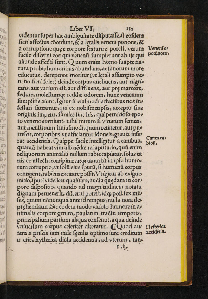 iN ἌΡ λυ»... didum C MED. MD. 4 7- * 4 | LibrVlI. 119 w.| Vvídenturfuper hacambíguitate difputaffe,ij eofdem | — fter affectus cocedunt &amp; a letalis venení potíone, &amp;  ἃ corruptíone que e corpore fcaturíre potefl, verum — Vetenies 7 facile difcerní eos quí venenü fumpferuntab ijsquí Pottaotz &amp;,| alíundeaffectí funt. C) uum ením homo fuapte naz ἡ tura probis humoribus abundans;ac fanorum more ἢ educatus, derepente moritur (vt lctalí affumpto ves »,| m«ho fíierí folet) deíndecorpus autlíuens, aut nígríz τ cans,aut varium efLaut diff luens, aut pre marcore,. |. fedum,moleflumq: reddit odorem, hunc venenum fumpfiffe aíunt.Toitur fí eíufmodií affectibus nos íne J| feflarí fateamur.quí ex nobifmetipfis, accepto fuae || otfgínís impetu, finiles fint hís, quí perníciofo epos n to veneno euentunt: nihil mírum ít vicíatum femen, ^ aut menflruum huíufmodí,quum rctínetur,aut pus trefcít, corporibus vt afficíantur ídoneíssgrauía ínfes M 1 rat accídentía, Quíppe facile íntelligítur acamibus, píon. ^ | quantà habeatvímatficíéda reí aptitudo.quü enim ^| reliquorum anímaliíü nullum rabie capíatur.folus ca UU! — níseoaffectucorripitur,atq tanta fit ín ipfo humoe Hh rum corruptio,vt (Ο] eius (putü, fi humanü corpus ^l eontigerit,rabiemexcitarepoffit. Vtícitur ab exiguo ^| fnítío.fputi videlícet qualítate,aucta quedam ín cor | pore difpofítio, quando ad magnitudinem notatu L dignam peruenerit, dífcerni poteft.ídgs pofl fex mee UJ! — fes, quum nonunquá anteíd tempus,nulla nota dee !//| . prehendatur,Sic eodem modo viciofo humore ín a2 | mímalís corpore geníto, paulatím tractu temporis, /'| príncípaliumpartium aliqua confentit; aqua deinde | —vniucrfum corpus celeriter alteratur. (Quod aue Hyfterica (i| tema príícís íam índe fgculis optímo iure creditum accidéta. »| — wu erít, hyflerica dicla accídentia, ad vterum , tane |. ee