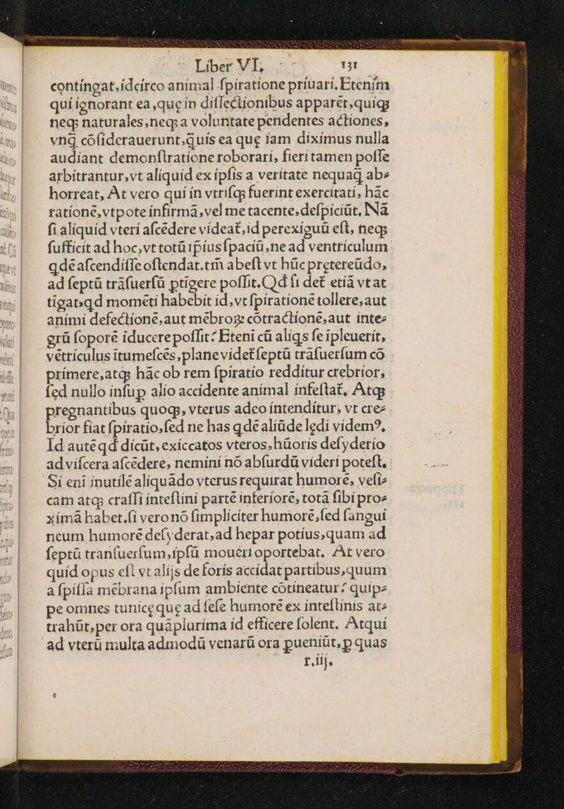  LibrVL :/- 3: contíneat, idcirco animal fpiratione priuarí, Etenim qui ienorant ea quein diflectionibus apparet;quígg neg naturales,neq; a voluntate pendentes actiones, vng cofíderauerunt.Quis ea que fam diximus nulla audiant demonflratíone roborari, fieritamen pofle arbitrantur,vt aliquid ex ipfis a veritate nequaq ab» horreat, At vero quí in vtrifqp fuerint exercitati, hac ratione, vtpote infirma, vel me tacente; defpícíat, INà fi aliquíd vterí afcedere vídeat,id perexiguü eft, neg qdeafcendiffeoftendat.tm abeft vt Πᾶς pretereüdo, ad feptü tráfuerfü ptigere poffit. Od (1 det etíá vtat tigabqd momteti habebit id; vt fpiratione tollere,aut anímí defectione.aut mebros: cotractione.aut íntez vétrículus itumefces,planevidetíeptü trafuerfum có. prímere,atgs Πᾶς οὐ rem fpiratío redditur crebríor, fcd nullo infup alío accídente anímal ínfeftat, Atgs bríor fíat fpíratio.fed ne has qdealíüde ledi vídem?, Id auteqd dícüt, exíccatos vteros.hüoris defyderío advifcera afcedere, nemíní no abfurdü viderí poteft. cam atq craffí ínteflini parte inferíore, totà fibi proe xímà habet.(i verono fimpliciter humore,fed fangui ncum humore defyderat;ad hepar potíus,quam ad feptü tranfuerfum,rpfü mouérioportebat, At vero quíd opus eft vt alijs de forís accídat partibus,quum a fpifla mebrana ipfum ambiente cotíneatur? quipz peomnes tuniceque ad fefe humore ex inteftinis at^ trahüt;per ora quápluríma íd efficere folent, Atqui E ΠΟ