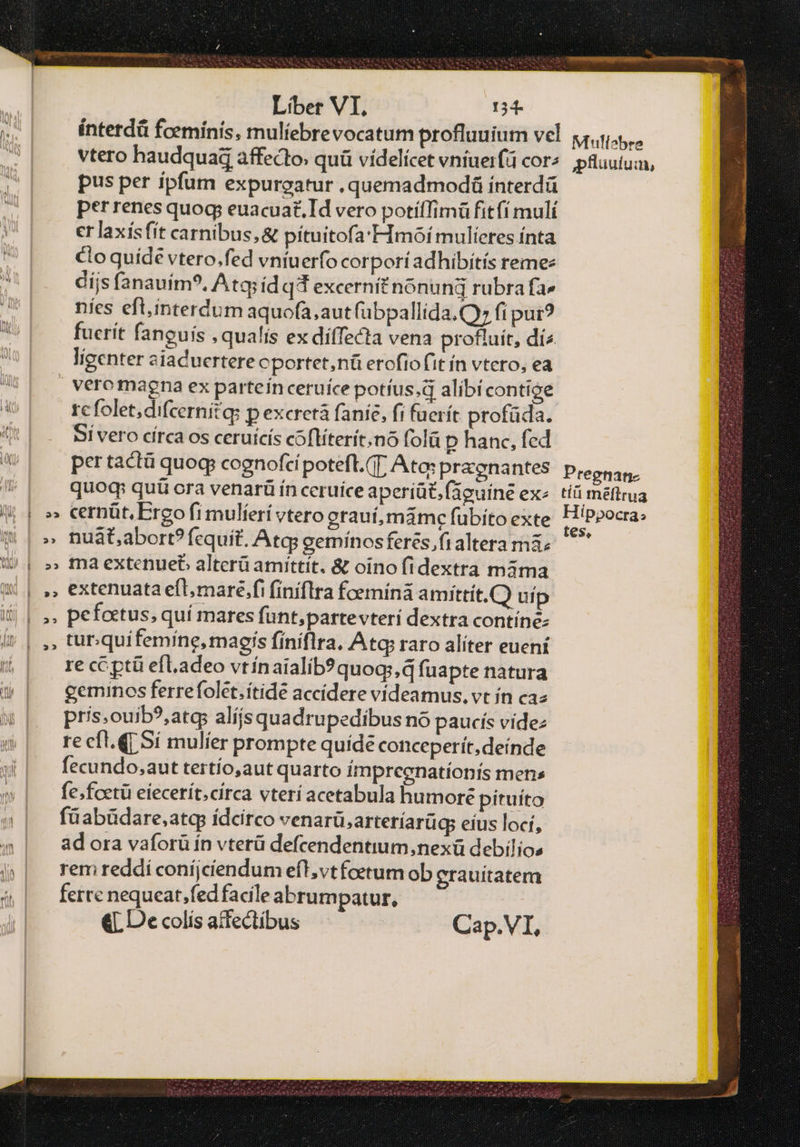 pus per ipfum expurgatur .quemadmodá ínterdü per renes quog euacuat.Id vero potíffimü fitfí mulí er laxis fit carnibus, & pítuitofa:Himoí mulieres ínta Clo quíde vtero.fed vníuerfo corpori adhibítís remes díjs fanauim?, Atq; id qf excernit nonund rubra fae níes eft;interdum aquofa,;autfübpallída. Qs fi pur? fucrít faneuís , qualis ex diíffecta vena profluit, día ligenter aiaduertere cportet,nü erofio (it ín vtero, ea | Vero magna ex parteín ceruíce potíus.d alibícontige rc folet;difcernítq: p excretà fanié, fi fuerít profüda. Si vero círca os ceruicís coflíterít.no fol p hanc, fed per tactà quog cognofci potefl. (T, Ato: praenantes quoq: quü ora venarü ín ceruice aperit. (aguine ex- cernüt, Ergo fi mulíerí vtero otauí,máme fubito exte nuat,abort? fcquit. Atq eemínos feres fi altera máz ma extenueb alterü amittit. & oino fidextra máma »» extenuata efl maré.fi finiftra fcemíná amittit.) uip pefoctus, quí mares funt; partevteri dextra contine- turqui femíne, magis fíniflra, Atq raro alíter euení re cC ptü efl.adeo vt íínaialíb?quogs,q fuapte natura geminos ferrefolet.ítide accídere vídeamus. vt in τας pris.ouib?,atqs alíís quadrupedibus nó paucís vídez re eft. (1 Sí mulíer prompte quíde conceperít,deinde fecundo;aut tertío,aut quarto imprcenatíonis mens fe;fcetü eiecerít.circa vterí acetabula humoré pituíto füabüdare,atg ídcirco venarü,arteríarüg; eíus locí, adora vaforü ín vterü defcendentium,nexü debilios rem reddi conijciendum efl, vtfoetum ob crauitatem ferte nequeat,fed facile abrumpatur, &L De colís acfectibus v ν ν w v LÀ wv p wv Cap.VI, Pregnan- εἰ tnéfltrua Hippocra: