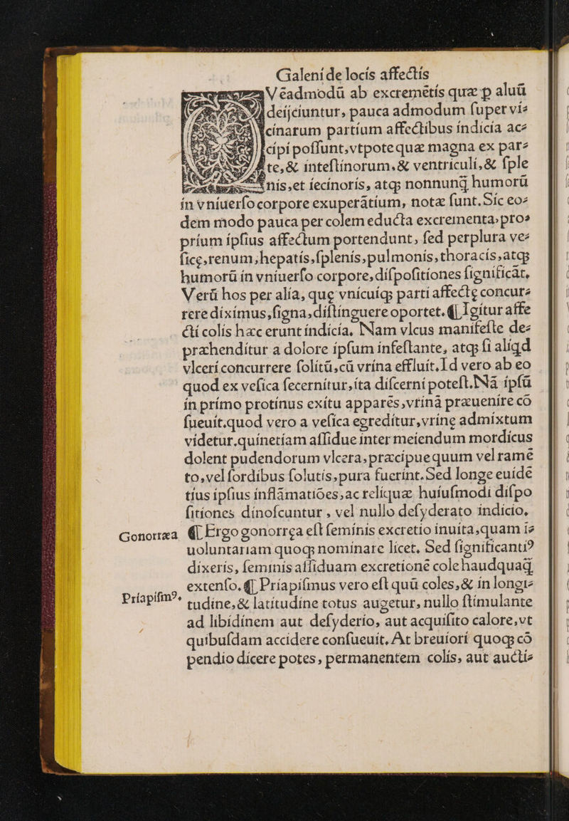 veo V éadmodü ab excremetís quz p aluü ἐν ΟΣ VA deíjciuntur, pauca admodum fuper vie [Ὁ eA Jeinarum partíum affectibus índicía ac Se Ecipi poffunt,vtpotequa magna ex par^ ED A te, &amp; inteftinorum. &amp; ventriculi, &amp; fple 5 nis,et fecínorís, atg; nonnund humorü Gonorrxa. Αἰ Ergo gonorrca eft feminis excretio inuíta,quam ie uoluntariam quoq; nomínare lícet, Sed (fonificanu? dixeris, feminís alfiduam excretione colehaudquaq c, extento. (| Priapifmus vero eft quà coles, &amp; in longi Príapifi^: &amp; dine, &amp; [atítudíne totus augetur, nullo ftímulante ad libídínem aut defyderío, aut acquifito calore,vt quibufdam accidere confüeuit, At breuíorí quogg có pendio dícere potes, permanentem colis, aut auctis
