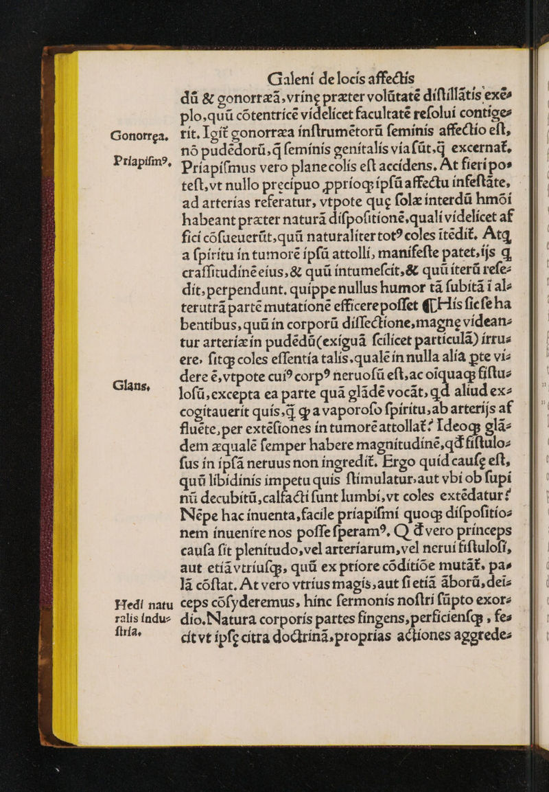 P riapifin?, Glatns, Galeni de locis affectis dà &amp; gonorra.vtíne prater volátaté diftíllatis exé plo.quü cotentríce vídelícet facultate refolui contioee τίε, Ioit conorrza ínflrumetorü feminís affeclío eft, nó pudedorü.q femínis genítalís víafüt.d excernat, Príapí(mus vero planecolís eft accídens. At fieri pos teft, vt nullo precípuo ppríog: fpfü affectu ínfeftáte, ad arterías referatur, vtpote que fola ínterdü hmóí habeant prater naturá dífpofitíone,qualí vídelícet af ficí cofüeuerüt.quü natutalítertot? coles itedit, Atq a (pírítu ín tumoré ípfà attollí, manífefte patet,tjs 4 craffitudíné eius, &amp; quü íntumefcít,&amp; quü íterá refe- dit. perpendunt. quíppenullus humor tá fubitá i ale terutráparté mutatíoné efficerepoffet (LHis ficfeha bentibus,quü ín corporü diffectione, magne vídeanz tur arterízcín pudédü(exíguá fcilicet particula) írrue ere» fitqs coles effentía talis.qualeín nulla alía pte viz dere é, vtpote cui? corp? neruofü eft.acoiquag; fiftue lofü,excepta ea parte quà gláde vocát, qd aliud ex^ cogítauerit quís.d qva vaporofo fpirítu;ab arterijs af fluéte, per extéfiones ín tumoreattollat? Ideogs glá- dem zqualé femper habere magnítudíne,qd fiftuloz fus ín ipfá neruusnon ingredit, Ergo quíd caufe eft, quà libídínís impetu quis flímulatur;aut vbi ob fupi n decubítü,calfacti funt lumbí,vt coles extédatur? INépe hac ínuenta,facile príapifmí quoq; dífpofitíoz nem ínuenírenos poffefperam?, C) d vero princeps caufa fit plenítudo,vel arteríarum, vel nerui fiftulofi, aut etíávtríufqg, quü ex ptíore ςδάϊείδε mutat. pa» Jà cóflat. At vero vtríus magís;aut fíetía aborü.deiz Íflría, cítvt ipfe citra doctríná, proprías actiones aggrede: