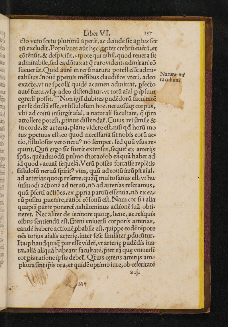 Liber VI. cto vetofcetu plurímü aperit; ac deínde fic aptus fce tü excludít.Populares aüt hec jgpter crebrü euetü et cotenüt,&amp; defpicíüt,vtpotequií nihil; quod reuera fit admirabile,fed ea dataxat q rarovídent. admirari co fueuetüt.C)uid aute ínrerü natura potefleffeadmis rabílíus noue ppetuis mefibus clauditos vterí, adeo exacte,vt ne fpecilli quide acumen admittat, pfecto auté fcetu,vfíqs adeo diflendítur,vt totü aíal p fpfum perfe doctà effe,vtfí(tulofum hoc,neruofüg: corpus, vbí ad coítü ínfuroít aial, a naturali facultate, q ipm attollere poteft, ptínus díflendat, Cuíus reí (mile &amp; ín corde, &amp; artería, plane vídere efUnifi qd horü mo tus ppetuus efl;eo quod neceffaría fitnobís eotü ace tío,fiftulofus vero neru? πὸ femper, fed quà vfus res quírít.CQuü ergo fic fuerít extenfus.fequit ex arteríjs fpüs,queadmodü pulmo thoracéob eàquà habet ad id quod vacuat fequela. V erü poffes fortatTe repletís ad arterías quog referre.quad multofatíus eft, vt hu fufmodí actione ad neruü,nó ad arterías referamus; quü pferti actíSes;ex ,ppría partíü effentía.no ex eae quapíaá parte poneret,nihilomínus actíonefua obtí: neret, INec aliter de iecínore quoq, liene, ac relíquis oibus fentíendü eft. Eteni vníuerfi corporís arterías, eandeé habere actíoné pbabile eft,quíppe eodé tépore oes totíus aíalís arteríe.ínter fefe fimilíter pducütur. Itag; haudquaq par effe vídet, vt arterie pudedis ina: tz;,alía aliquá habeant facultaté;pter eà que vníuerff corpís ratíone fpfis debet. Qizuis ceteris arterijs ame pliorafint ípís ora;et quídé optímo fure, ob celerítate S eje Z4. y^ Nature mt raculum;