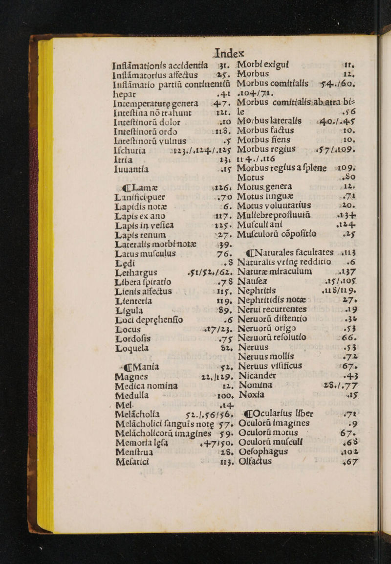 Inflámationis accídentía 3t. Inflámatorius atfedus $$. Inflámatio partià continentíü hepar 2T Intemperaturegenera 457. Inteftina πὸ trahunt Inteftinorà dolor .tO Inteftínorü ordo αι, lnteítinorü vulnus ἔνι líchuría I23,/424-/ τ ltría 13: ]uuantía 3 C (| Lame Lanificépuer Lapidis note Lapis ex ano Lapis in velica Lapis renum Lateralis morbinotae Latus mufculus L edi Lethargus Libera fpiratio Lienis attedus Ltenteria Ligula Loci deprehenfio Locus Lordofts Loquela uL6; AUD 6. 117. 1215. AU. 439. 76. 9 ,$1/$ 24/62, A49 Mag, 119, $9. Magnes Medica nomína Medulla Mel. εἴ4.- Melácholía $2.$61/36. M:elácholicí fanguis note $7. Melacholicorü imagines 9: Memoria lefa (71509. Menítrua 29. Melarici 113, 221,]129. 12, ' 100, Morbus Morbus comitlalis 4104/71. 1f, 12, e Mo:bus lateralís Morbus factus Morbus fiens Morbus regíus 1t 4./. 116 Motus Motus. genera Motus προ Motus voluutarius Muliebreprotluutà Muícull ani 56 10, 10, 109, .»90 12: .7Ὰ ΣΖ20. 34 A424. y Naturz míraculum Naufea Nephrtitis | Nephritidis nota Nerui recurrentes Neruorü diftentío Neruorü origo Neruorü refolutío eruus NNeruus mollís Nícander Nomina Noxia «LOcularíus liber Oculorü imagines Oculorü motus Oculorü mu(culí Oefophagus Olfactus 6 2.137 13/405. 419/119, 27e. .9 «35 $3 66. .5.2 .7.5