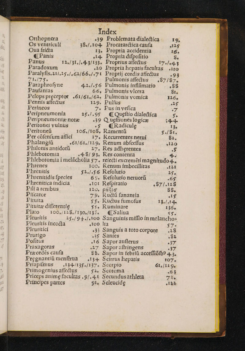 Orthopnoa | 39 Problemata díalectíca I9, Os ventriculi 39,/,104- Procatarctíca caufa εἷςς Oua {πᾶς 13, Propría accidentía 16, €j Panís 414-. Propria difpofitio $. Panus 12,/51,/,4-3/133. Proptíus atie&amp;us 17.7.4. Paradoxum 20 Propría hepatisfacultas. (110 Paralyfis. 211,25, I 6266,14. 71 Propríj cordis affectus :93 y) ira y Pulmonisaffedus —,97/87, Paraphrofyne 2,/,$6 Pulmonis ínflámatio 89 Paufanias . 66, Pulmonís vlcera $t, Pelopspreceptot .61/61,/62, Pulmonis vomica 126, Pennís aftectus . 129. Pulfus 2g Períneos 7. Pusinvefíca E Peripneumonía 25.1.95 — ([Queftio díalediíca 3. Peripneumontz nota 39 Q ueftiones logica $4-4- Peritonei vulnus e$ Εἰ Radicule £A Perítoneü I06,/108, Ramentü $./81. Per cófenfum affici 17, Kecurrentes nerui 82. Phalangíü «61/61,/129, Renum abfceffus 420 Philonis antídotü 27, Kes adherentes “Ὁ Phlebotomia .4.8,) 93, Kes contenta 4. Phlebotomia i melácholia 57. reiecti excremétí magnitudo 4.. Phrenes Ioo, Kenum imbecillitas LI Phrenitís $?./,$6 Kefolutio 25 Phrenitidís fpecies 69. Refolutío neruorü 46$ Phrenitíca indicia, »Iot Refpiratio ',97/,128 Pili à renibus 120, ρήξισ' $$, Piicator 79, Rucdtü fanantía dg Pituita Ἢ Ructus fumofus 13,/.14« Pituitze diffetentie . Ruminare 136, Plato 100,/128, fio. hatt &amp;[ 5alíua $$. Pleurítis 2$./9 4/4100 Sanguínis miffio ín melanchoz Dleuritís Íncocta I00 lta S. Pleuritici 33 Sanguísatotocorpore — .28 Prurigo .1$9 Sanies 92 Pofitus | 16 Saporauflerus . A A Praxagoras .27 SOaporalílringens diy: Prxcedes caufa τς $$. Saporin febríü acceffióib9 4.3. Pregnantiü menflrua ^ ,134- Scírrus hepatís 107. Priapifmus —— .134-/13$,/137. Scorpio 61,/1ig, Primogeníus afiedtus $2, Scotoma 463 Priceps anime facultas ,9/. 41 Secundusathleta Zt. Principes partes 9I, Seleucide 2