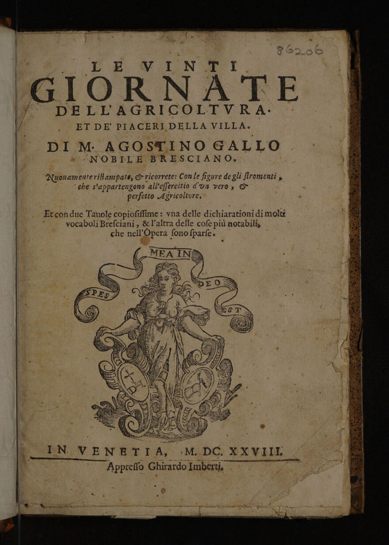 fs ia E. Wi Î GIORNATE DELL'AGRICOLTVERA- Ù | ET DE’ PIACERI DELLA VILLA. DI M. AGOSTINO GALLO NOBILE BRESCIANO. I \ Nyonamente rifampate, &amp; ricorrete: Conle figure degli firomenti ,, ‘che s'appartenzono all'effercitio d'un vero s perfetto Agricoltore. | Et con due Tauole copiofi iffime : vna delle dichiara ioni di molti ì vocaboli Brefciani, &amp; l’altra delle cof più notabili, | che nell’ Opera fono fparf(e. IN VENETIA, M. DC. XXVIIL Appreflo Ghirardo Imbert th