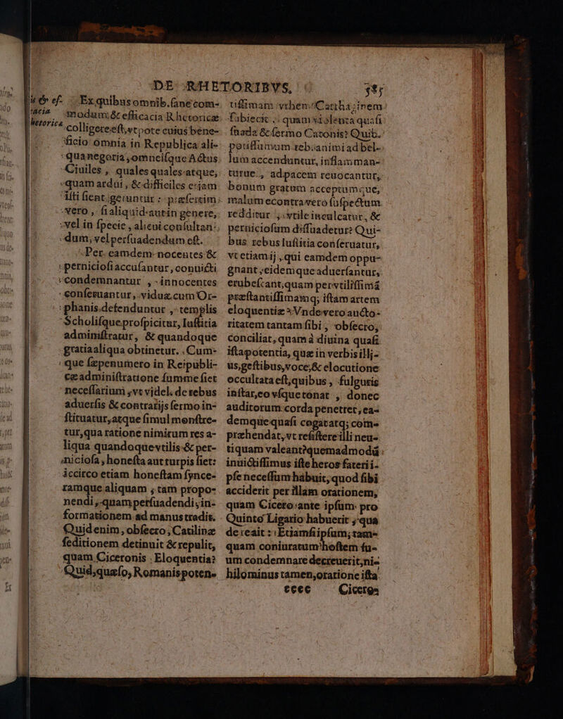 - modum;&amp; efficacia B. hetoricae :colli geteeft,etoote cuius béne- iücio omnia in Republica ali- 'quanegotia,omncifque A Gus Ciuiles ,. quales quales-atque, «quam ardüi , &amp; difficiles e:iam -vero ,. fialiquid:«autin genere, dum; velperfuadendum eft. ^Per. eamdem-noceutes &amp; «perniciofiaccufantur , conuicti «condemnantur |, -innocentes : phanis.defenduntur , templis Scholifqueprofpicitur, Iuffitia adminiftratur, &amp; quandoque . gratiaaliqua obtinetur. . Cum- ' que fzpenurero in Reipubli- ceadmini(tratione fumme fiet necef(larium ,vt videl de sebus aduerfis &amp; contratijs fermo in- ftituatur,atque fimul menftre- tur,qua ratione nimirum res a- liqua quandoquevtilis-&amp; per- niciofa , honefta aut turpis fiet: iccirco etiam honeftam fynce- ramque aliquam , tam propo- formationem ad manus tradi:. Quidenim, obíecro ; Catilipz feditionem detinuit &amp; repulit, quam Ciceronis . Eloquentia? /Quid;quafo, Romanispotene faübieck ;: quam *i5lenta quaft fnadz &amp; fermo Catonis? Quit. pouffumuam rebianimi ad bel- lum accenduntut, itiflamman- bonum gratum acce piumaue, malum econtra«ero (ufpectum redditur ,.wtileineulcatur, &amp; perüiciofum dsffuadetur? Qui- bus rebusluftitia conferuatur, vtetiamij qui eamdem oppu- gnant ;eidemque aduerfantur, erubefcant;quam pervtiliffiniá przftantiffimamq; iftam artem eloquentiz 3 Vndevweroaucto- ritatem tantam fibi , obfíecto, conciliat, quam à diuina quaft iftapotentia, quz in verbisillj- us,geftibus,voce,&amp; elocutione occultata eft,quibus , fulgutis inftar,eo víquetonat , donec auditorum. corda penetret, ea- demque quafi cogatatq; com- prehendat,vt refiftere illi neu-. tiquam valeant?quemadmodá inüictiffimus ifte heros fateri i- pfe nece(fum habuit, quod fibi acciderit per illam orationem, quam Cicero :ante ipfum: pro Quinto Ligatio habuerit ;qua de ieait : :Edamfii Íum;tame quam coniuratum'hoftem fu- um condemnare decreueiit;ni-. ceec — Ciceros