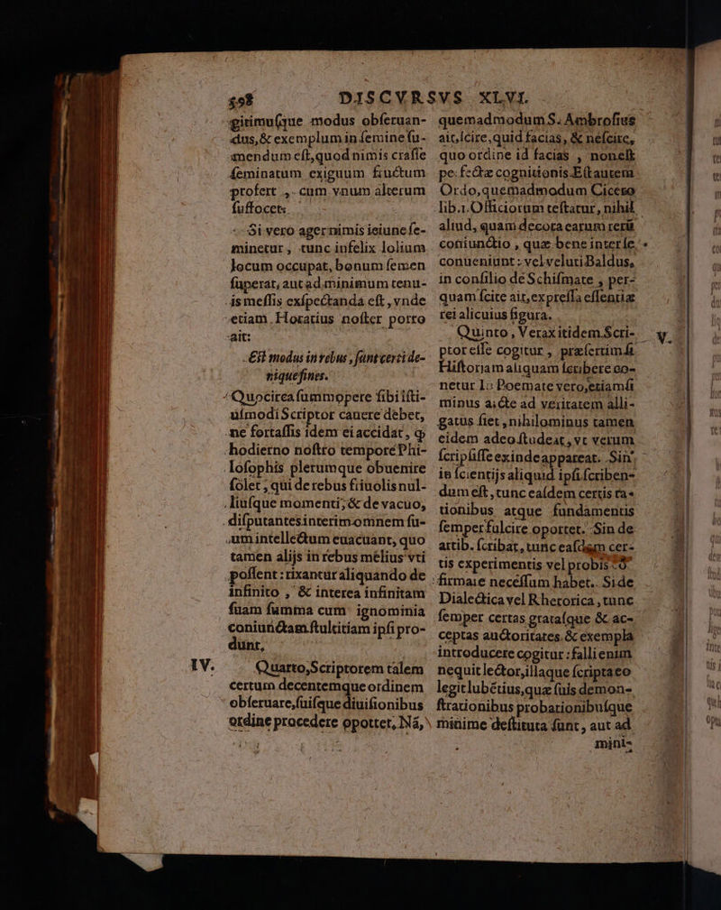 Iv. $98 amendum eft,quod nimis crafle Áeminatum exiguum fiuctum profert cum vnum alterum fuffocets -- Si vero ager nimis ieiune fe- locum occupat, bonum fen;en füperat, aucad. minimum tenu- Asmeffis exípectanda eft , vnde «etiam. Horatius nofter porro -ait: | - Est modus in rébus , fant certi de- ^o wiquefines. Md Qupocircafüummppere fibiifti- üímodiScriptor cauere debet, ne fortaffis idem eiaccidat , qj .«hodietno noftro temporéPhi- .lofophis plerumque obuenire folet ; qui de rebus fiiuolisnul- . difputantesinterim.omnem fü- um intelle&amp;um euacuant, quo tamen alijs in rebus mélius vti .polffent :rixancur aliquando de infinito , &amp; interea infinitam fuam fumma cum: ignominia coniundtam ftulritiam ipfi pro- dunt, ^ ' , Quarto;Scriptorem talem certum decentemque ordinem z ordine procedere opottet, Nà, quemadmodumS. Ambrofius quo ordine id facias , nonelk pe.fe&amp;z cogniuonis.E(tautem aliud, quam decora carnm reris coniunctio , quz bene interíe. in confilio deSchifmate , per- quam ícite ait,exprella eflenriae reialicuiusfigura. .—. , Quinto, Verax itidem. Scri- ptoreife cogitur , praferimdi Hiftoriam aliquam fcribere co- netur 1: Poemate vero,etiamá minus ai cte ad veiitarem alli- gatus ftet , nihilominus tamen Ícripüiffe exindeappareat. .Sin: in fcientijs aliquid ipfi fcriben- tionibus atque fundamenus femperfulcire oportet. Sin de artib. fcribat, runc eafdgm cer- tis experimentis vel probis -ó- ceptas auctoritates. &amp; exempla introducere cogitur :fallienum nequit lector,illaque fcriptaeo ftraionibus probarionibuíque miüime deftituta funt, aut ad. mini-