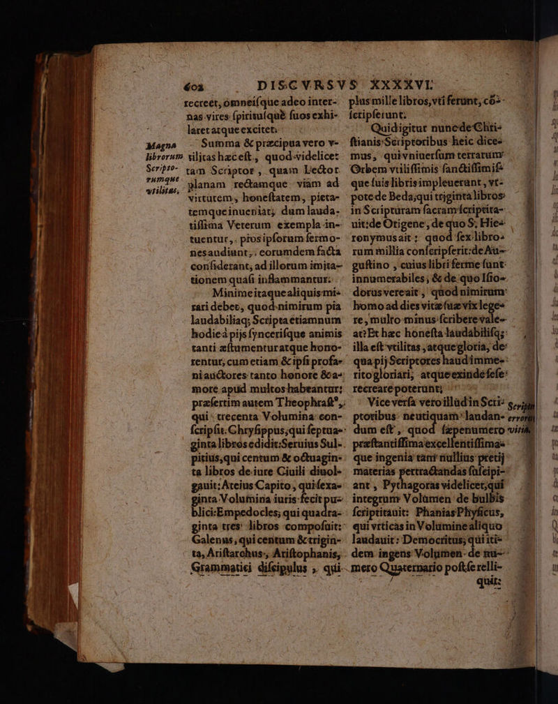 MaAgnA nas vires fpirisuíqué fuos exhi- laret atqueexcitet: - Summa &amp; przcipua vero v- Seripto- umque vtilis, tam Scriptor , quam Lector planam recamque viam ad virtutem. honeftatem, .pieta- temqueinueniat; dum lauda: tuentur. piosipforum fermo- nesaudiunt,; eorumdem facta corifiderant; ad illorum imita- tionem quaft inflammantur: Minimeitaquealiquismi- rari debec, quodnimirum pía laudabiliaq; Sctiptaetiamnum hodiea pijs fyncerifque animis tanti zftumenturatque hono- niauctores tanto henore &amp;a- more apud multoshabeantur; qui : trecenta Volumina. con- ginta librosedidit:Seruius Sul- pitius,qui centum &amp; octuagin- ta libros de. iure Giuili diuol- gauit; Ateius Capito , quifexa- ginta V.olufnina iuris fecit puz blici:Empedocles; qui quadra- ta, Ariftarchus:, Atiftophanis,. Grammatici difcipulus ;. quii. S XXXXVL plus mille libros, vti ferünt, có5- Íctipferunt. a Feo. Quidigitur nuncdeChris — | ftianis'Sériptoribus heic dices — | mus, quiwniuerfum terrarume i Qrbem vüliffimis fan&amp;iffimif? — | queíuislibrisimpleuerant,vt- . (0 petede Beda;quitrjgintalibroe ^ 4 in Scripturam facramícriptita- uit:de Otigene, de quo S; Hie« renymusait; quod[íexlibro — 4 rum millia conícripferit:xdeAa-- — guftino , cuiuslibrifermefunt — | innumerabiles; &amp; de quolfio- dorüsvereait , quod nimirum: homo ad dies vite fuz vixlege« | re,multo«minusfcriberevale- — ae Bthzc honeftalaudáabilifgz: — ,2. illaeft vtilitas ,atqueglotia, de: — quapijSceriptoreshaudimmes: — ritogloriari, atqueexindéfefe: — —. récrearepoterüht;  ^ A Vice verfa vetoilladinScti: o, ptoribus: neutiquam laudan- c,55g dum eft ,. quod fzpenumero vi;i prftantiffimaexcellentiffimas —— 7 que ingenia tanr nullius preij: — 0 materias pertra&amp;dandasfüfeipi- — . ant , Pythagoras videlicet;qui integrum Volümen de bulbis Íctiptitauit: PhaniasPhyficus, — ^| quivrticasinVoluminealiquo — . laudauit: Democrítus;quiiti- —.— dem ingens Volumen.de mu: mero Quaternario poftferelli- /— — A T cd quit: