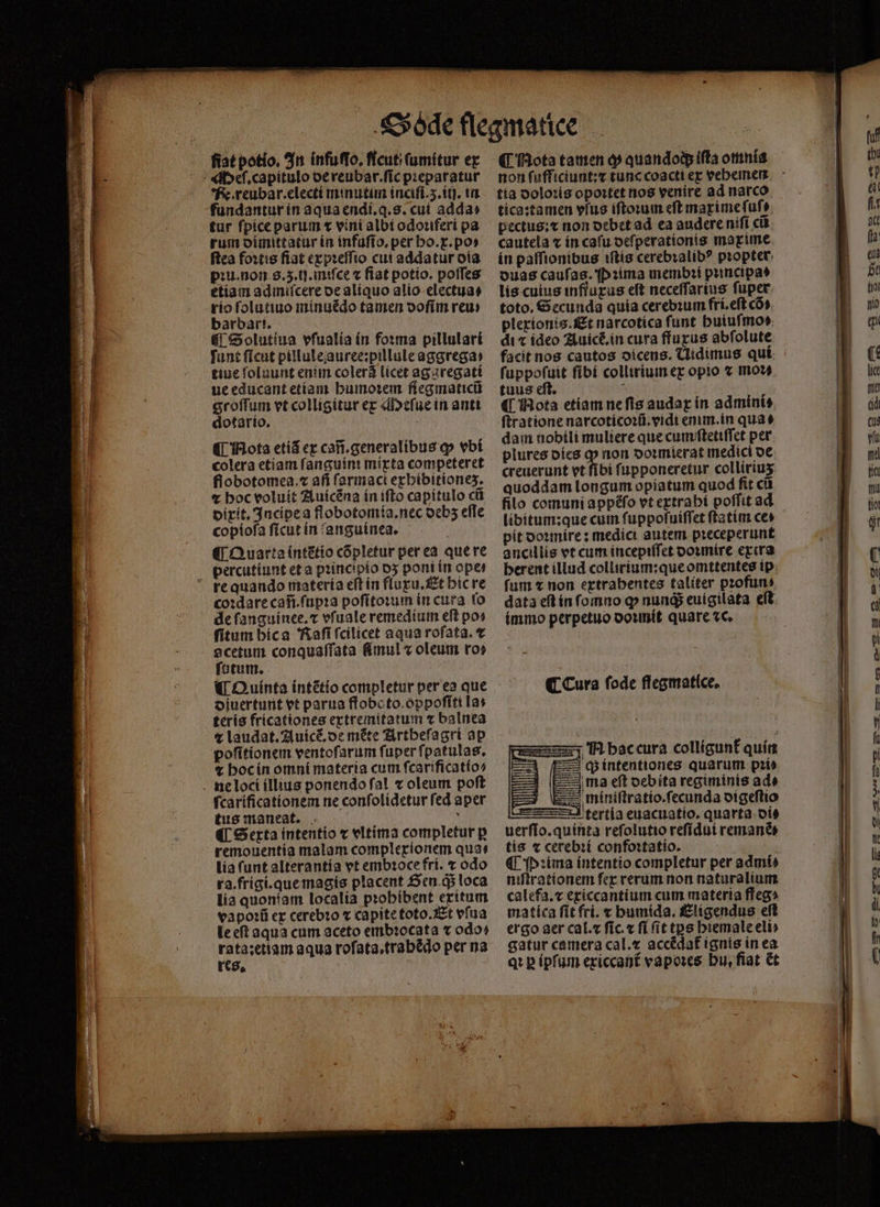 ——— 8 dei m N E dee dies de e add. 1 d ua DEM UC - n fiat potio. In infuſſo. ficut / ſumitur ex F. reubar.electi minutim inciſi.3.iij. in fundantur in aqua endi.q.s. cut adda» tur ſpice parum x vini albi odoꝛiferi pa rum dimittatur in infuſio. per ho.x.po⸗ ſtea foꝛtis fiat expꝛeſſio cui addatur dia pꝛu. non 8.3. ij. miſce ⁊ flat potio. poſſes etiam admiſcere oe aliquo alio electua⸗ rio ſolutiuo minuẽdo tamen doſim reui barbart. . Solutiua vfualía ín forma pillulart funt fícut pillule auree:pillule aggrega: tiue ſoluunt enim colera Licet agg regati ue educant etiam humoꝛem flegmaticũ groſſum vt colligitur ex eſue in anti dotario. ¶ Nota etiã ex cañ.generalibus qp vbi colera etiam fanguínt mixta competeret flobotomea.« afi farmaci exhibitionez. ⁊ hoc voluit Auicẽna in ifto capitulo cũ dixit. Incipe a flobotomia.nec debz effe copioſa ſicut in anguinea. ¶ Quarta intẽtio cõpletur per ea que re percutiunt et a pꝛincipio dʒ poni in ope: re quando materia eft in fluxu. Et hic re coꝛdare cañ.ſupꝛa poſitoꝛum in cura fo de ſanguinee.⁊ vſuale remedium eft po⸗ fitum bíca Raſi fcilicet aqua roſata.⁊ acetum conquaſſata fimul oleum ro» fotum. ¶ Quinta íntétío completur per es que diuertunt vt parua flobo to oppoſiti las teris fricationes extremitatum v balnea £ laudat. Auicẽ.de mẽte Artheſagri ap poſitionem ventoſarum ſuper ſpatulas. ⁊ hoc in omni materia cum ſcarificatio⸗ ſcarificationem ne conſolidetur fed aper tus maneat. : ¶ Sexta intentio ⁊ vltima completur p remouentia malam compleríonem quat lia ſunt alterantia vt embꝛoce fri. ⁊ odo ra. frigi.que magis placent Gen q; loca lia quonſam localia pꝛohibent exitum vapoꝛũ ex cerebꝛo ⁊ capite toto. Et vſua le eſt aqua cum aceto embꝛocata ⁊ odo⸗ rata: etiam aqua roſata.trabẽdo per na res. ¶ Mota tamen q quandodp iſta omnia tia doloꝛis opoꝛtet nos venire ad narco tica:tamen víus iſtoꝛum eft maxime ſuſ⸗ pectus:⁊ non debet ad ea audere niſi cũ cautela ⁊ in cafu deſperationis marime in paſſionibus iſtis cerebꝛalibꝰ pꝛopter ouas caufas. Pꝛima membꝛi puincipas lis cuius influxus eft neceffaríus fuper toto. Secunda quía cerebꝛum fri.eſt cóy plexionis. Et narcotíca funt buiufmos. di ⁊ ideo Auict.in cura ffuxus abfolute facit nos cautos oicens. Uidimus qui ſuppoſuit ſibi collirium ex opio ⁊ mou. tuus eſt. 8 ¶ Mota etiam ne ſis audax in admini: ftratione narcoticoꝛũ.vidi enim.in quae dam nobili muliere que cum ſtetiſſet per plures dies ꝙ non doꝛmierat medici de creuerunt et fibi ſupponeretur collirius quoddam longum opiatum quod fit cũ filo comuni appéfo vt extrahi poffit ad libitum:que cum ſuppoſuiſſet ſtatim ce» pit doꝛmire: medici autem pꝛeceperunt ancillis ot cum incepiſſet doꝛmire extra herent illud collirium:que omttentes ip fum t non extrahentes taliter pꝛofun: data eſt in ſomno ꝙ nunqᷓ; euigilata eft. immo perpetuo doꝛmit quare vc. (C Cura ſode flegmatlce. EE N hac cura colligunt quin qc intentiones quarum pꝛi⸗ ma eft deb ita regiminis ade miniſtratio.ſecunda digeſtio Atertia euacuatio. quarta di⸗ uerfío.quínta reſolutio reſidui remanẽ⸗ tis ⁊ cerebꝛi confoꝛtatio. ¶ D ꝛima intentio completur per admi⸗ niſtrationem ſex rerum non naturalium calefa.⁊ exiccantium cum materia ffeg⸗ matica ſit fri. x bumída, Eligendus eft ergo aer cal.⁊ ſic.⁊ ſi (it tps hiemale eli⸗ gatur camera cal. æ accẽdat᷑ ignis in ea qꝛ p ipfum exiccant᷑ vapoꝛes hu, fiat et