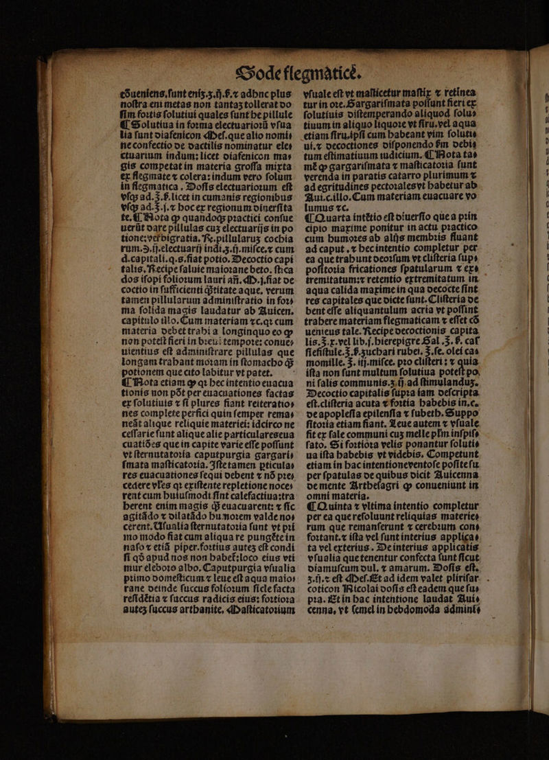 tõueniens.ſunt enís.5./.6.« adbnc plus noftra eni metas non tantaʒ tollerat do fim foꝛtis ſolutiui quales funtbe pillule ¶ Solutiua ín forma electuarioꝛũ vſua lia funt diafenicon Meſ.que alio nomi ne confectio de dactilis nominatur ele: ctuarium indum: lícet diafenicon ma» gis competat in materia groſſa mixta ex flegmate ⁊ colera: indum vero ſolum in flegmatica. Doſis electuarioꝛum eſt vías ad.3.$.licet in cumanis regionibus vſq; ad. 5.j.x hoc ex regionum dinerſita te. ¶ Nota ꝙ quandoq; pꝛactici conſue uerũt dare pillulas cus electuarijs in po tione:ver bigratia. F e.pillularuʒ cochia rum. ↄ̃.ij.electuarij indi.3.ij.miſce.⁊ cum d.capitalí.q.s.fiat potio. Decoctio capi talis, Necipe ſaluie maioꝛane beto. ſtica dos iſopi folioꝛum lauri añ. M .j.ſiat de coctio in ſufficienti qᷓ;titate aque. verum tamen pillularum adminiſtratio in foꝛ: ma ſolida macis laudatur ab Auicen. capítulo tllo. Cum materiam ⁊c.qꝛ cum materia debet trabi a longinquo eo ꝙ non potell fieri in bꝛeui tempote: conuẽ⸗ uientius eſt adminiſtrare pillulas que longam trabant moꝛam in ſtomacho q; potionem que cito labitur vt patet. ¶ Nota etiam ꝙ qt hec intentio euacua tionis non pót per euacuationes factas ex ſolutiuis t ſi plures fiant reiteratio⸗ nes complete perfici quin femper rema: neát alique reliquie materiei: idcirco ne ceſſarie funt alique alie particulareseua cuatióes que in capite varie effe poffunt vt ſternutatoꝛia caputpurgia gargari⸗ ſmata maſticatoꝛia. Iſte tamen ꝑticula⸗ res euacuationes fequi oebent ⁊ nó pꝛe⸗ cedere vłes qꝛ exiſtente repletione noce⸗ rent cum huiuſmodi ſint calefactiua: tra herent enim magis d$ euacuarent: « ſic agitãdo t dil atãdo hu noꝛem valde no: cerent. Uſualia ſternutatoꝛia funt vt pꝛi mo modo fiat cum aliqua re pungẽte in naſo x etiã piper.foꝛtius autes eft condi mur eleboꝛo albo. Caputpurgia vſualia pꝛimo domeſticum ⁊ leue eft aqua mato: rane deinde fuccus fol ioꝛum ſicle facta reſidẽtia ⁊ fuccus radicis eius: foꝛtioꝛa autez ſuccus arthanite. Maſticatoꝛium vfuale eft et maſticetur maſtix ⁊ retinea tur in oꝛe.Sargariſmata poſſunt fieri ex ſolutiuis diſtemperando aliquod ſolu⸗ tiuum in aliquo liquoꝛe vt ſiru.vel aqua etiam ſiru.ipſi cum babeant vim ſoluti⸗ ui.⁊ decoctiones diſponendo m debi⸗ mẽ ꝙ gargariſmata ⁊ maſticatoꝛia ſunt verenda in paratis catarro plurimum c ad egritudines pectoꝛales vt babetur ab Aui.c.illo. Cum materiam euacuare vo lumus «c. | ¶ Quarta intẽtio eft diuerſio que a pꝛin cipio maxime ponitur in actu pꝛactico cum humoꝛes ab alijs membꝛis fluant ea due trahunt deoꝛſum vt cliſteria ſup⸗ po tremitatum:⁊ retentio extremitatum in aqua calída maxime in qua decocte ſint res capitales que oícte funt. Cliftería de bent effe aliquantulum acría vt poffint trahere materiam flegmaticam v effet c uenieus tale. Recipe decoctionis capita lis. 2. x.vel lib.j.hierepigre Sal. 5. h. cat ſiefiſtule. .f; zuchari rubet. 3.fe. oleí ca⸗ momille. 3. iij.miſce. pꝛo cliſteri: x quia iſta non funt multum folutiua poteft po ni falis communis. ij ad flimulandus. 3Decoctío capitalis ſupꝛa iam deſcripta eſt. cliſteria acuta € foꝛtia habebis in.c. de apopleſia epilenſia ⁊ fubetb. Suppo ſitoꝛia etiam fiant. Leue autem ⁊ vſuale ſit ex (ale communi cu5 melle plm infpife fato. Si foꝛtioꝛa velís ponantur folutie ua iſta habebis vt videbis. Competunt etiam in hac intentioneventoſe poſite ſu per ſpatulas de quibus dicit Auicenna de mente Artheſagri ꝙ conueniunt in omni materia. ¶ Quinta ⁊ vltima intentio completur per ea que reſoluunt reliquias materie rum que remanferunt ⁊ cerebꝛum cont foꝛtant.x iſta vel ſunt interius applicae ta vel exterius. De interius applicatis vſualia que tenentur confecta ſunt ſicut diamuſcum dul. x amarum. Doſis eſt. cotícon Micolai doſis eft eadem que ſu⸗ pꝛa. Et in bac intentione laudat Aui: cenna. vt ſemel in bebdomoda àdminte TT. HN prn MILANESE eR i AR S ARIUBI OR qo esp — VT rame metas LEM RE zr — —— Ls