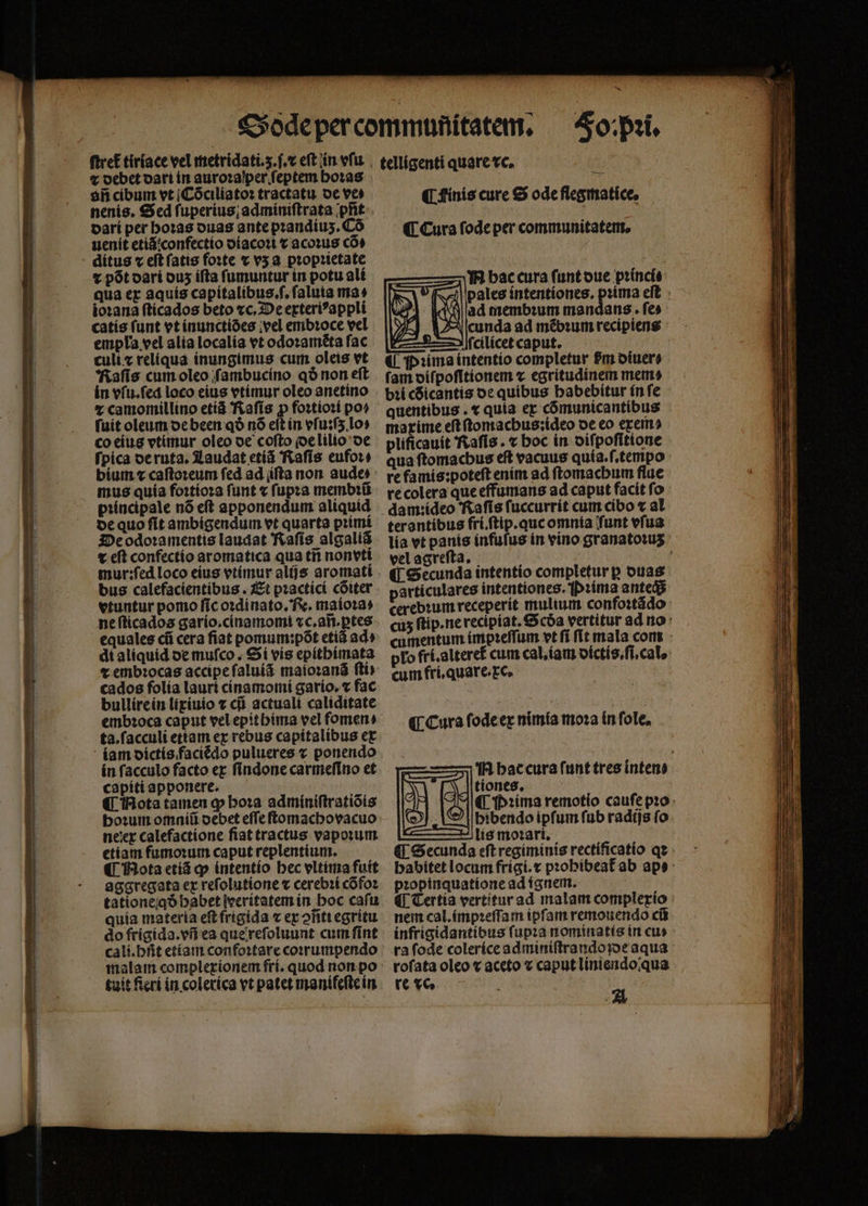 ä ——M—M— MÀ ſtret tiriace vel metridati.ʒ.ſ.x eſt in vfu. € debet dari in aurozalper feptem hoꝛas an cibum vt Cõciliatoꝛ tractatu. de vel nenis. Sed fuperius; admíiniftrata pit. . dari per hoꝛas ouas ante pꝛandiuʒ. Có uenit etiã confectio diacoꝛi x acoꝛus có, ⁊ põt dari ous ifta ſumuntur in potu ali qua ex aquis capitalibus.ſ.ſaluia ma» io:ana ſticados beto ⁊c. De exteriꝰ appli catís funt vt inunctides vel embꝛoce vel empla vel alia localia vt odoꝛamẽta fac culi ⁊ reliqua inungimus cum oleis vt Raſis cum oleo ſambucino q non eft in vſu.ſed loco eius vtimur oleo anetino x camomillino etiã Raſis p foꝛtioꝛi po⸗ fuit oleum de been qð nó eft in vſu:ſʒ.lo⸗ co eius vtimur oleo oe coſto ide lilio de fpica de ruta. Laudat etiã Raſis eufoꝛ⸗ bium ⁊ caſtoꝛeum fed ad ifta non aude : mus quía foꝛtioꝛa funt « ſupꝛa membꝛũ pꝛincipale nõ eſt apponendum aliquid de quo ſit ambigendum vt quarta pꝛimi De odoꝛamentis laudat Naſis algaliá x eſt confectio aromatica qua tñ nonvti bus calefacientibus. Et pꝛactici cõiter vtuntur pomo ſic oꝛdinato. e. maioꝛa⸗ ne ſticados gario.cinamomi ⁊c.añ.ꝑtes equales cíi cera fiat pomum:pót etiã ad» dt aliquid de muſco. Si vis epithimata t embꝛocas accipe ſaluiã maĩoꝛanã ftii cados folía lauri cinamomi gario.⁊ fac bullire in lixiuio ⁊ cũ actuali caliditate ta.facculi ettam ex rebus capitalibus ex in ſacculo facto ex ſindone carmefíno et capiti apponere. ¶ Mota tamen ꝙ hoꝛa adminiſtratiõis hoꝛum omniũ debet eſſe ſtomachovacuo neiex calefactione fiat tractus vapoꝛum etiam fumoꝛum caput replentium. ¶ Nota etiã qp intentio bec vltima fuit aggregata ex reſolutione ⁊ cerebꝛi cõfoꝛ tatione qð babet lecrítatem in boc cafu quía materia efl frigida ⁊ ex ofittegritu do frigida.vñ ea que reſoluunt cum ſint cali.bfit etiam confoꝛtare coꝛrumpendo malam complexionem fri. quod non po tuit fieri in colerica vt patet manifeſte in telligenti quare vc. 25 ¶ inis cure S ode flegmatice. ¶ Cura ſode per communitatem. TR bac cura ſunt due pꝛincis M pales intentiones, prima eft kt ad membꝛum mandans . fe» A cunda ad mẽbꝛum recipiens — ſſclilicet caput. € Pꝛima intentio completur £m diuer⸗ fam diſpoſltionem v egritudinem mem: bꝛi cõicantis de quibus habebitur in fe quentibus . t quia ex cõmunicantibus maxime eft ſtomachus:ideo de eo eremo plificauit 'kafis. « boc in oif poſitione qua ſtomachus eft vacuus quia.ſ.tempo re famis:poteſt enim ad ſtomachum flue re colera que effumans ad caput facit ſo dam:ideo Raſis ſuccurrit cum cibo ⁊ al terantibus fri.ſtip.quc omnia funt vſua vel agreſta. ! ¶ Gecunda intentio completur p ouas partículares intentiones. 'ip:ima anted plo fri.alteret cum cal.iam dictis.ſi.cal. cum frí quare c. ¶ Cura ſode ex nimia moꝛa in ſole. M hac cura ſunt tres inten⸗ | tiones, ?) bibendo ipfum fub radijs fo lis moꝛari. ¶ Secunda eft regiminis rectíficatio qz babítet locum frigi.x pꝛohibeat᷑ ab aps: pꝛopinquatione ad ignem. ¶ Certia vertitur ad malam complexio nem cal.impꝛeſſam ipſam remouendo cũ infrigidantibus ſupꝛa nominatis in cu» ra ſode colerice adminiſtrandoſde aqua roſata oleo aceto ⁊ caput liniendo qua re de. 1 E — — — SE