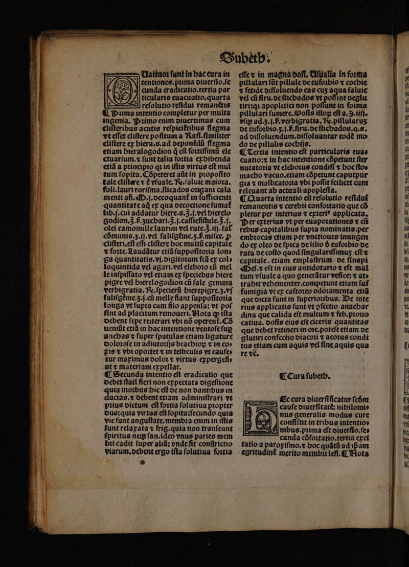 Uattuoꝛ funtin bác cura in tentiones.pꝛima diuerſio.ſe Lr ] | cunda eradicatio.tertia par E icularis euacuatio.quarta i —refolutiorefidui remanétis Puma intentio completur per multa ingenia. pd ꝛimo enim otuertimus cum cliſteribus acutís reſpiciẽtibus flegma vt eſſet cliſtere pofitum a Naſi.ſimiliter cliſtere ex hiera.s.ad deponẽdũ flegma etiam hieralogodion d eft foꝛtiſſimũ ele ctuarium.x funt talia foꝛtia erbibenda etiã a pꝛincipio qz ín iſtis virtus eft mul tum ſopita. Cõpeteret aũt in propofito tale cliſtere « € vſuale. Re.ſaluie maioꝛa. foli.lauri roriſma.ſticados oꝛigani cala menti an. M. j.decoquant in ſufficienti quantitate ad ex qua decoctione ſumat᷑ lib. j.cui addatur biere.s.3. f. vel hierelo godion.3. f. zuchari. . ſ.caſſieſiſtule. Z. j. olei camomille laurini vel rute. . iij.ſał cõmunis.z.ij.vel ſaliſgẽme.ʒ.b̊ miſce. p cliſteri.eſt em̃ cliſtere hoc multũ capitale ⁊ foꝛte. Laudãtur etiã ſuppoſitoꝛia lon ga quantitatis.vi.digitoꝛum ſcã ex cole loquintida vel agari.vel eleboꝛo cũ mel le inſpiſſato vel etiam ex ſpeciebus hiere pigre vel bierelogodíon cũ fale gemma verbigratia. Re. ſpecierũ hierepigre.ʒ.vj ſaliſgẽme.ʒ.j.cũ melle ſiant ſuppoſitoꝛia longa vt ſupꝛa cum filo appenſa: vt poſ fint ad placitum remoueri. Nota ꝙ iſta / CN ueniũt etiã in hac intentione ventoſe ſuꝑ anchas ⁊ ſuper ſpatulas etiam ligature doloꝛoſe in adiutoꝛijs bꝛachioꝝ ⁊ in co» is t vbt opoꝛtet ⁊ in telticulis vt caufes tur marimus doloꝛ ⁊ virtus expergeſi⸗ at t materiam expellat. ¶ Gecunda intentio eft eradicatio que Debet (tati fierí non expectata digeſtione quia moꝛbus hic eſt de non dantibus in ducias.⁊ debent etiam adminiſtrari vt pꝛius dictum eſt foꝛtia ſolutiua pꝛopter duo: quia virtus eft ſopita:ſecundo quia vie ſunt anguſtate.membꝛa enim in iſtis funt relarata « frig.quia non tranſeunt ſpiritus neq; ſan.ideo vnus paries mem bꝛi cadit fuper aliii: vnde ſit conſtrictio viarum.debent ergo iſta ſolutiua ſoꝛtia pillulari ſũt pillule de eufoꝛbio ⁊ cochie € fetide diſſoluendo eas cuʒ aqua ſaluie vel cũ ſiru.de ſtichados vt poſſint degiu tiri:qꝛ apopletici non poffunt in foima pillutari ſumere.Ooſis iſtoꝝ eft a. O.iiij. vſq; ad.ʒ.ſ.b.verbigratia. N. pillularuʒ de eufoꝛbio.3.ſ.h̊.ſiru.de ſtichados.q.s. ad diſſoluendum.diſſoluantur eodẽ mo do de pillulis cocbtjs. ¶ Tertia intentio eſt particularis eua⸗ cuatio:⁊ in hac intentione cõpetunt ſter nutatoꝛia vt eleboꝛus condiſi x hoc ſto⸗ macho vacuo.etiam cõpetunt caputpur gia x maſticatoꝛia vbi poffit fcilicet cum releuant ab actuali apoplefía. (| Quarta intentio eit reſolutio reſidui pletur per interius t exteri? applicata. Per exterius vt per euapoꝛationes c cũ rebus capitalibus ſupꝛa nominatis.per embꝛocas etiam per vnctioues inungen do ex oleo de ſpica de lilio ó eufoꝛbio oe ruta de coſto quod fíngulariffimus cft capitale. etiam emplaſtrum de ſinapi M Bel. x eft in eius antídotarto t eft mul tum vſuale a quo generãtur veſice: ⁊ ate trabit vebementer.competunt etiam fuf fumigia vt er caſtoꝛeo odoꝛamenta etiã que dicta ſunt in ſuperioꝛibus. De inte rius applicatis funt vt ofectio anachar dina que calida eſt multum ⁊ feb.pꝛouo catiua. doſis eius eſt ciceris quantitas que debet retineri in oꝛe.poteſt etiam de glutiri confcctio diacoꝛi x acoꝛus condi tus etiam cum aquis vel ſine aquis qu re xe. | ¶ Cura ſubeth. Ec cura oíuerfificatur ſcdm | Ex uauſe diuerſitatè: nihilomi⸗ nus generalis modus cure |confif tit in tribus intentio⸗ ] nibus.p:íima eft diuerſio.ſe⸗ ! cunda cõfoꝛtatio.tertia exci tatio a parorifmo.t hoc quãtũ ad ipam egritudinẽ meríto membꝛi leſi. ¶ Mota A, N