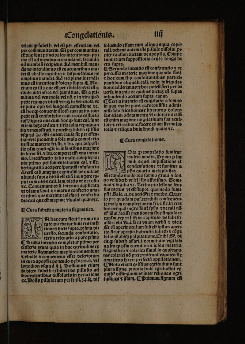 etiam ꝙ fubetb vel eft per effentíam vel per communitatem. Si per communita⸗ té due ſunt principales intentiones. pꝛi⸗ ma eftad membꝛum mandans. fecunda ad membꝛũ recipiens. Ad membꝛũ mam dans intendimus cũ euacuantibus ma: teriã abillo membꝛo ⁊ oifponétibus ne amplius mandet. Ad recipiens intendi⸗ mus cii intentionibꝰdictis fupra. ¶ No. etiam ꝙ illa que ef per cõitatemvel eft a cauſa intrinſeca vel pꝛimitiua. Si a pꝛi⸗ mitiua vel venenoſa vel nõ.⁊ in vtraq;cõ petit regimen dictũ verus in venenoſa vt ex potu opi) vel fungoꝛũ comeſtione ⁊c. cũ hoc ꝙ conuenit illoꝛũ euacuatio.com petit et(á confoꝛtatio cum croco caſtoꝛeo caſſ.lignea que cum hoc ꝙ ſunt cal.funt etiam bezoardica ⁊ tiriacalia repugnan vſq; ad.3.f. Si autem caufa fit per effen» tiamvel pꝛouenit a fola mala complerio ne fiue materia fri.fic.« bu. que diſpoſi⸗ tío pIm contingit in infantibus maríme in locis fri.⁊ bu.competet tm̃ ena intem tio.ſ.rectificatio talis male compleríoe nis primo per fomentationes cal. « fic. verbigratia accipere fpongiá infuſam in d.rerũ cali.maxime capitaliũ de quibus abunde ſupꝛa dictũ eſt etiã inungere ca⸗ put cum oleis cali.iam dictis vt de coſto zc, Conueniunt etiã interius applicata vt diamuſ. dul. x amarus confectio ana» cardina que maxime calefacit confectio diacoꝛi que eſt maxime vſualis quarexc. ¶ Cura ſubeth a materia flegmatica. S NM bac cura fícut í pꝛimo no tato dicebatur funt res intẽ⸗ 3 tíones dicte ſupꝛa.pꝛima oie x !uerfio. fecunda confoꝛtatio. tertia releuatio a paroxiſmo ¶ Duma intentio completur pꝛimo per cliſteria acuta quia in hac egritudine ex materia flegmatica maxime conueniunt t vſuale ⁊ conueniens effet deſcriptum in cura apopTie ponendo de hiera. s. vel logodton vſq; ad.3.f. Poſſumus etiam in dicto ſubeth exhibere de pillulis ad hoc valentibus diſſolutis in decoctione cc, Doſis pillularum per fe eft z . ſe. oif foluendo etiam eua aliqua aqua capi» tali.debent autem ífte pillule diſſolui pe pter caufam dictam de apoplia. Compe tunt etiam ſuppoſitoꝛia acuta longa di cta ſupꝛa. ¶ Gecundo intentio eft confoꝛtatio * re percuſſio materie maxime quando fluit x hoc cum ftip. confoꝛtantibus partici⸗ pantibus aliquali cali. ne in infrigtdas tione adderemus:⁊ hoc poteft fierí per di uerſa ingenia de quibus oíctus eft ſupꝛa infundendo acetum ſupꝛa caput. ¶ Tertia intentio eft euigilatio a fomno in qua maioꝛ pars cure confiſtit admi⸗ niſtrãdo fricationesx ligaturas doloꝛo ſas etiam odoꝛamenta vt odoꝛare acetũ eſt enim maxime euigilatiuum ſua acui⸗ tate x exiccatione.facere etiam ſternuta: toꝛia ⁊ reliqua huiuſmodi quare vc, ¶ Cura congelationis. O ta ꝙ congelatio ſumitur multís modis, Pꝛimo p hu midi aquel inſpiſſatione et condenfatione vt fumitur a po quarto metaphiſice. Secundo modo pꝛo fomno graui ⁊ lon go vt ſubeth vt hẽ íllo affoꝛiſmo. Som⸗ nus x vigilia «c. Tertio pꝛo leſione fene ſus tactus vt eſt ſtupoꝛ quomodo ſum⸗ pſit Gale. . de accidẽti t moꝛbo.Quar to pꝛo quadam paſ.terribili conſequen⸗ te malam complexionem fri.⁊ fic.in cere bꝛo per quá íngroffant ſpũs ⁊de tali nó vf Aui.feciſſe mentionem ſiue ſingulare cabłm.reperit᷑ tñ in capitulo de ſubeth gſſari vbi Aui.facit enum verbũ ⁊ dicit Et cũ aperit oculum ſuũ eſt ipffus aper» tio ſicut apertio habentis ſubeth x cóge lation& abſq; palpitatione.Et ibi G. di cit ꝙ ſubeth aſſari.i.doꝛmitatio vigilati ua ſta ꝙ pUm euenit dicit ipſe a materia flegmatica t colerica fimul in qua vapo res colerici nõ pꝛetermittunt vapoꝛes fle gmaticos facere perfectã oppilationem. Nota etiam y iſtius egritudinis funt. plura ſigna pꝛopꝛia huic egritudini ex quíb? diſtinguimus inter reliquas egri tudines v iftam, ¶ Pꝛimum fignum cft