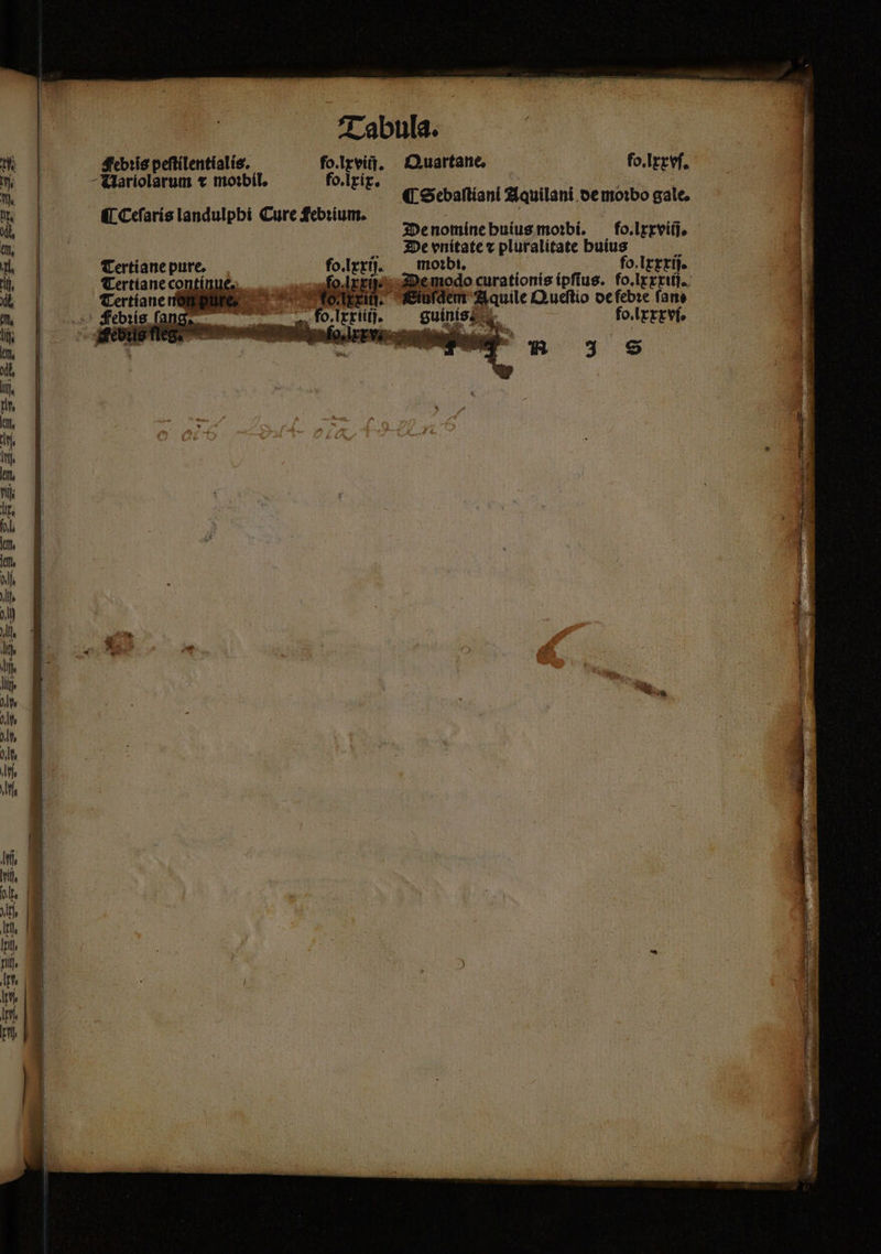Tabula. Febꝛis peſtilentialis. fo. lxviij. Quartane. fo. lxxvſ. Uariolarum ⁊ moꝛbil. fo. Ixix. 1 ¶ Sebaſtiani Aquilani de moꝛbo gale, ¶ Ceſaris landulpbi Cure febrium. : De nomine huius morbi, — fo.lrrviij, De vnitate ⁊ pluralitate buius Tertiane pure. moꝛbi. fo. Ixxxij. Tertiane continue, for i; 2 e modo curationis ipſius. fo.lxxxiij. e., Foxi. Ein * Queſtio W fane