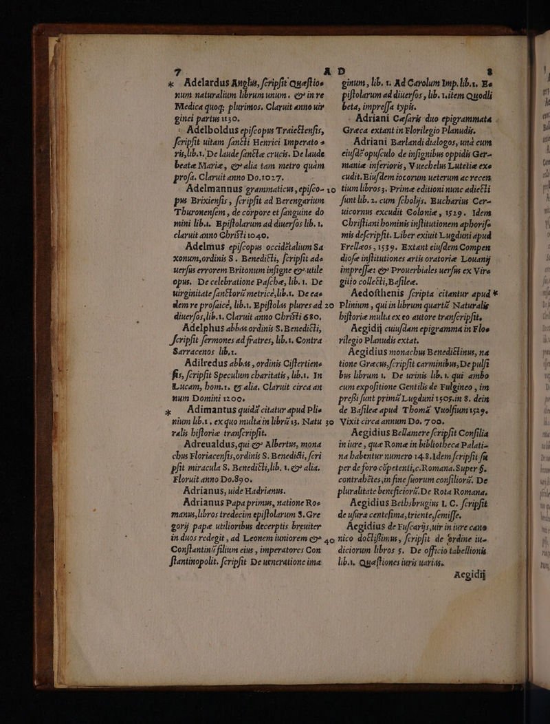 x Adelardus Anglus fcripfit Queflios — ginum, lib. s Ad Cavolum Ynp.lib.y. Ee num naturalium librum unum, qo inve — piflolarum ad diuerfos , lib. vitem Quodli Ntedica quoq; plurimos, Claruit eno wir — beta, impre[Ja typis. | ginei partus u30. . Adriani Caefaris duo epigrammata . « Adelboldus epifcopus Traietlenfis, ^^ Greca extant in Elorilegio Planudis, fcripfit uitam. fan&amp;li Benrici Imperato 2 Adriani Barlandidialogos, una cum ris, lib.y. De laude fantle crucis, Delaude — eiufdzopufculo de infignibus oppidis Ger^ beate Marie, coalia tam metro quam. — manie inferioris , Vuecbelus Lutetie exe profa. Claruit ato Do.1027. i cudit.Biufdem iocorum ueterum ac ecen Adelmannus grammaticus ,epifco- 1o. tium libross, Prime editioni numc adietli pss Brixienfis , fcripfit ad Berengarium — funt lib. 2. cum fcbolijs, Bucbarius Cer- Tburonen[em , de corpore et anguine do — uicornus excudit €olonie , 1519. 1dem mini liba. Epiflolarum ad diuerfoslib. y, —— Chriftiani bominis inflitutionem apborife claruit anno Cbristivoqo, — — | mis defcripfit. Liber exiuit Lugduni apud Adelmus epifcopus occidétalium Sa — Frelleos 1539. Extant eiufdem Compen xonumyordinis S . Benedicli, fcripfit ade diofein]litutiones artis oratoriee Louanij uerfus errorem Britonum infigne e2*utile — impre[Jce: eo» Prouerbiales uerfus ex Vire opus. De celebratione Pafche,lib.. De — giiio colle£ti, Bafilee. 5 wirginitate [an&amp;korí metrice lib. De eas Aedofthenis fcripta citantur apud * dem re profaice, lib, Epiftolas plures ad 20. Plinium , qui in librum quartz Naturalis diuerfos, lib. v. Claruit anno Cbristi 80. — biflorie multaex eo autore tranfcripfit, Adelphus abbas ordinis S. Benedi£li, Acgidij cuiufdem epigramma in Flos Jeripfit fermones ad fratres, lib.y, Contra /— rilegio Planudis extat. Sarracenos. lib,x. Aegidius monachus Beneditlinus, na Adilredus abbas , ordinis Ciflertiens — tione Grecus fcripfit carminibus,De pulfa f fcripfit Speculum cbaritatis, lib, Yn. — bus librum v. De urinis lib. v qui ambo Lucam, bom. ey «lia. Claruit circaan — cum expofitione Gentilis de Fulgineo , im num Domini 1200. prefi funt prim Lugduni vsos.in 8. dein x X Adimantus quidz citatur apud Plis — de Bafilee apud Thoma Vwuolfiumis29. nium liba , exquo multain libris. Natu 5o. Vixit circa annum Do, 700. ralis biflorie tranfcripfit. Aegidius Bellamere fcripfit Confilia Adreualdus,qui co» Albertus, mona — iniure , que Rome in bibliotbeca Palatiz cbus Floriacenfts,ordinis S. Benedicti, feri — na babentur numero 14.8 Aem fcripfit fu pfit miracula S. Benedi£lilib. v.e» alia, — perde foro cópetenti,cRomana.Super $. ————— Ha S — M. 2 ET Kloruit anto Do.890. contrabétes in fine fuorum confiliorz. De Adrianus, uide Hadrianus. pluralitate beneficiorz.De Rota Romana, Adrianus Papa primus, natione Ro» Aegidius Betbsbrugius t, C. fcripfit manus, libros tredecim epiflolarum 8.Gre — de ufara centefima, triente feniffe. gorij pape utilioribus decerptis breuiter Aegidius de Fufcarijs,uir in iure cano in duos redegit , ad Leonem iuniorem co? 4o nico dotlifümus, fcripfit. de erdine iu- Con[Lantin? filium eius , imperatores Con. — diciorum libros $.. De officio tabellionis j fiantinopolit. fcripfit Deuenerationeima — lib. Que[liones iuris uarias. rn mr sr e ia ii e ti Ser mm n e Reip a maig m P A tae p iiim ene Aegidij Sis pn mmn o nmi mi —— (HIM VEET E, Gaia me eniin Sn sn Ig e Pn Ari cre