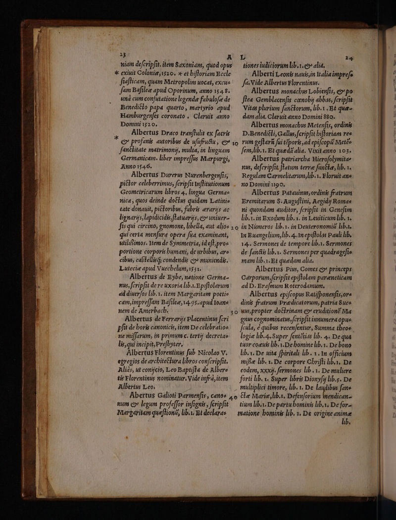 ———————— fiaflicam, quam Meiropolim uocat, excue fam Bafilee apud Oporinum, anno 1548. una cum confutatione legende fabulofe de Benedicto papa. quarto , martyrio apud Hanmburgenfes coronato , Claruit. anno Doniini 1520. Albertus Draco tranflulit ex facris Germanicam. liber wmpreffJus Marpurgi, Anno1546. Albertus Durerus Nurenbergenfis, piclor celeberrimus, fcripfit wfitutionum Geometricarum libros 4, lingua Germa nica, quos deinde do£lus quidam Latini» tate donauit, pitkoribus, fabris evavijs ac lignarijs, lapidicidis, flatuarijs, co» uniuer- fis qui circino, gnomone, libella, aut alio: qui certa menfura opera fua. examinant, utilifimos. Ytem de Symmetria, id el;proe portione corporis bumani, de urbibus, ave cibus, caStellisd; condendis co» muniendis. Lutecie apud Vuecbelum,i55:. Albertus de Eybe, natione Germa- nus, fcripfit dere uxoria lib. Epiflolarum «d diuerfos lib.1, item Margaritam pocti cam,imprefJam Bafilee,14.9$.apud Yoane xem de Amerbacb, Albertus deFerrar/s Placentinus fcri [fit de boris canonicis, item De celebratioz e miffarum, in primum c. tertij decretae lis,qui incipit, Prefbyter, Albertus Florentinus fub. Nicolao v. egregios de arcbite&lura libros confcripfit. Alias, ut conijcio, Leo Baptifta de Albere tis Florentinus nominatur. Vide infra, item Albertus Leo. D Abertus Galioti Parmenfis , cano» num co» legum profeffor infignis , fcripfit Margaritam queftionz, lib.y Bt declarae Alberti Leonis nauis,in Italia imprefe fe. ide Albertus Florentinus. Albertus monacbus Lobienfis, eo po Jlea Gemblacenfis coenobij abbas, fcripfit Vitas plurium fan&lorum, lib.y Et que- dam alia. Claruit anno Domini 8$0..— D.Benedili, Gallus, fcripfit biftoriam ree Albertus patriarcha Hierofolymitae nus, defcripfit. JLatum terree fantle, lib. 1. Regulam Carmelitarum, lib.1, Floruit ane 1o Doniini 1190. Albertus Patauinus, ordinis fratrum Eremitarum S. Auguflini, Aegidij Romae ni quondam auditor, fcripfit in. Genefum lib.i. in Exodum lib. 1. in Leuiticum lib. 1. 1o in Nümeros lib.i. in Deuteronomiz liba. In Euangelium,lib. 4.1 epiftolas Pauli lib. 14-. Sermones de tempore lib. Sermones de fan&lis lib. x. Sermones per quadragefie mam lib.v. Et quedam alia, — Albertus Pius, Comes c2 princeps Carporum.fcripfit epiflolam pareneticam «d D. Erafmum Roterodamum, Albertus epifcopus Ratifbonenfis,ove dinis fratrum Pradicatorum, patria Sues 30 Muis,propter do£lrinam e? erudition? Ma gnus cognominatus, fcripfit innumera opus. logie lib. 4, Super fentétias lib. 4, De qua tuor co&uis lib. v. De bomine lib.1. De bono lib. 1. De uita fpiritali lib. 1. 1n officium mifie lib. v, De corpore Cbrifli lib.1, De codem, xxxij. fermones lib .1. De muliere forti lb. v. Super libris Dionyfij lib.g. De , multiplici timore, lib. v. De laudibus fans tium liba. De partu bominis lib.y, De for matione bominis lib. 1, De origine anime $