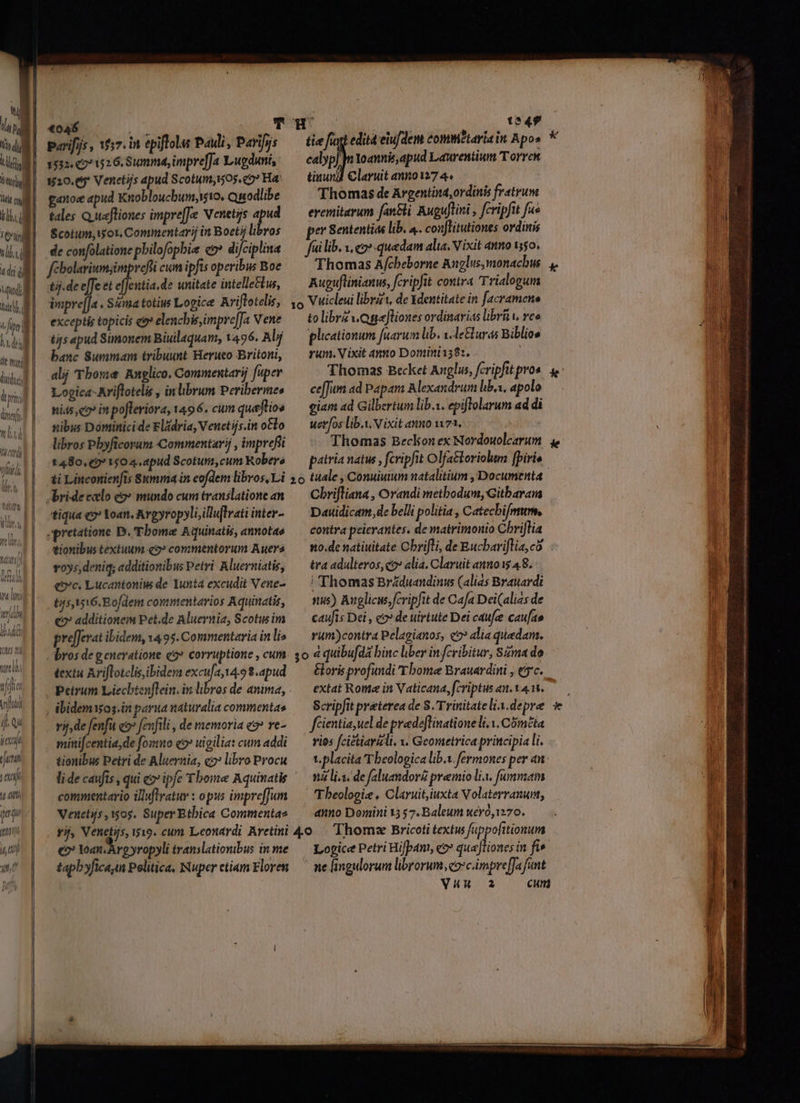 ud Itb di LS : Uri UT Tm | tul | tli T. «di 1 |j m m fied ld dle my udi à pri | diti, nid | | 1 | | [-- z a merece EE ES relin rm i T S3 Mu T7477 irjdnl | Ibid uer 4 | trelba tfr uri d petat jenan tate TELLS priu / qtto i yt, n put ^ ER EEIARUSR RUADTUCGE LE RC aEUNE ena I E DT GR E A——— ———— to4f Pu T parifjjs , 157. in epifloles Pauli, Parifris 1532. (27 1526. Summa, impre[Ja Lugduni, y20.09* Venetijs apud Scotum;105.eo* Ha ganoe apud Knobloucbum,w10. Qnodlibe tales Q uafliones impre[Je Nenetis iae Scotum, wot Commentarij in Boetij libros de confolatione pbilofopbie: eo difciplina fébolariumjimprefli cum ipfts operibus Boe ttij.de effe et entia de unitate intelleélus, impre]Ja . Sma totius Logice Ariflotelis, exceptis topicis eo elenchis,impre[[a Vene tisapud Simonem Biuilaquan, 1496. Alj banc Summam tribuunt Herueo Britoni, alj Thome Rnplico, Commentarij fuper Logica-Ariflotelis , inlibrum Peribermes nids,e2 in pofleriora, 1496. cum queflios nibus Dominici de ElZdria, Venctijs.in olo libros Pbyficoram Commentarij , inprefii 1480.2 150 4.apud Scotum,cum Kobere ti Linconienfis Summain eofdem libros, Li 'tiqua eo toan, Argyropyli,illu[lvati inter- spretatione D. Tbome Aquinatis, annotae tionibus textuum «2» commentorum Auera v0y5,deniq; additionibus Petri Aluerniatis, qoc. Lucantoniw de Yunta excudit Vene- tj5i316.Bofdem conimentarios Aquinatis, co» additionem Pet.de Aluernia, Scotus im pre[Jerat ibidem, 14 95. Commentaria in li» textu Ariflotelis, ibidem excu[a,14.9 8. apud vij,de fenfit eo» fexfili , de memoria ez re- minifcentia,de fozmo e» uigilia: cum addi tionibus Petri de Aluernia, co libro Procu lide caufis , qui ez» ipfe Ybome Aquinatis commentario illuftratuy : opus impreffum Venetijs tos. Super Ethica Commentaz t^4f ealyp] ja Yoanni, apud Laurentium Torren tinund Claruit anno127 4. Thomas de Argentina,ordinis fratrum eremitarum fanbli Auguftini , fcripfit fue per Sententias lib. 4.. con[Titutiones ordinis Thomas Afcbeborne Anglus, monachus Auguflinianus, fcripfit contra 'Trialogum to librzwQge]liones ordinarias libri v. veo plicationum fuarum lb. 1. leuras Biblios rum. Vixit amo Donmini132:. Thomas Becket Auglus, fcripfit pros ce[Jum ad Papam Alexandrum liba, apolo gian ad Gilbertum lib.i. epiflolarum ad di uerfos lib.i. Vixit anno wv 73, Thomas Beckon ex Nordouolcarum patria natu , fcripfit Olfattoriolum [pirie Chrifliana , Orandi methodum, Gitbaram Dauidicam, de belli politia , Catecbifmwum, contra peierantes. de matrimonio Chrifli no.denatiuitate Cbrifli, de Rucbariflia, có tra adulteros, co» alia. Claruit annos 48. ! Thomas Brzduandinus (alias Brauardi sus) Auglicus fcripfit de Cafa Dei(alias de caufis Dei , eo» de uirtute Dei caufee cau[ao rum)contra Pelagianos, «o» alia quedam. extat Rome in Vaticana, fcriptus an. v8. fcientia uel de predeflinationeli.1.Cóméta vios [ciétiarizli, v. Geometrica principia li. t. placita Theologica lib.s. fermones per an n li.i. de faluandor premio li. fummam Theologie . Claruit,iuxta Volaterranum, anno Domini 1557. Baleum ueyo,1770. Lopice Petri HifPan, e? quajHones in fie VAM A cum