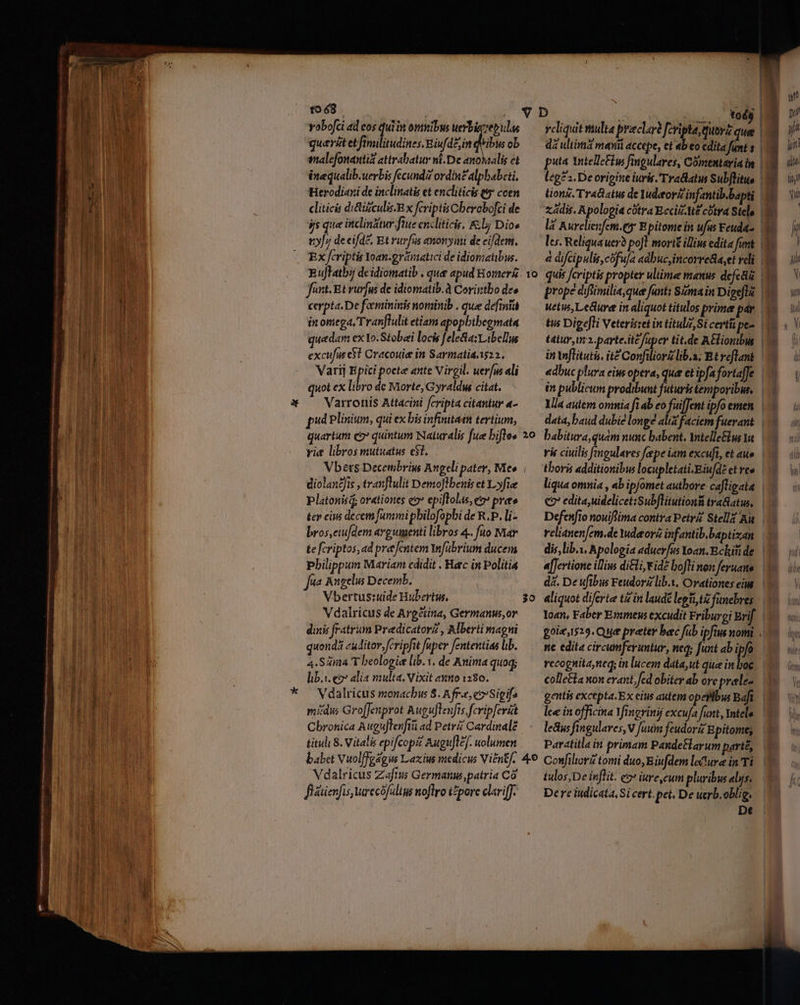 tis o— Roe —— yobofci ad eos quiin onmibus Sd analefonantià attrabatur ni. De anohaalis et énequalib.uerbis fecundz ordin? alphabeti, Herodiaxi de inclinatis et encliticis t ccen cliticis didizeulis-Rx fcriptis Cberobofci de 4s que inclinztwr ftue encliticit, &amp;bj Dios vy[j de eifde, Bt vurfüs anonymi de eifdem, * fant Et vurfus de idiomatib.à Corintbo de» cerpta.De foemininis nomiinib , que defmiá in omega, Tranflulit etiam apopbtbeg mata quedam ex Io. Stobei locis fele&amp;a: Libellus excufus e$? Cracouie in Sarmatis s22. Varij Epici poete ante Virgil. uerfus ali quot ex libro de Morte, Gyraldus citat. Varronis Attacini fcripta citantur «- pud Plinium, qui ex bis infinitatnt tertium, quartum co quintum Naturalis fue bifles yit libros mutuatus e$t. diolancjis , trauflulit DemoJIbenis et L.yfie Platonisi orationes eo» epiflolas,eo* prete tcr eius decem fammipbilofopbi de R.P. li- bros,eiu[dem argenti libros 4. fuo Mar te fcriptos, ad pre entem wnfübrium ducem pbilippum Mariam edidit . Harc in Politia Vbertus:uide Hubertus, V dalricus de Argétina, Germanus, or dinis fratrum PredicatorZ , Alberti magni quonda euditor, cripfit fuper fententias lib. 4.Sama T beologüe lib.1. de Anima quoq; lib.i. eo alia multa, Vixit amo 1280. Vdalricus monachus 8. Afr.e, e» Sigifs midus Grofenprot Auguflenfts.fcvipferzt tituli S. Vitalis epifcopiz AuguJTef. uolumen babet Vuolffgagus Laxius medicus Vient]. Vdalricus Zaftu German patria Có fictienfis, urecófulius noflro tpore clariff. d difcipulis,cófufa adbuc,incorre&amp;a,et rdli prope difiimulis,que fanti SZmain Digeflz Metus, Leduyet in aliquot titulos primer pár «dbuc plura eius opera, que et ipfa forta[Je in publicum prodibunt futuris temporibus, data, baud dubie longe aliZ faciem fuerant Defenfto nouiffima contra PetrZ Stell Au dis, lib. y, Apologia aduerfus Yoan. Bchiti de a[Jertione illius di£li, id? bofli nen feruatto Ioan, Faber Esjmmeus excudit Friburgi Brif goie 1529. Que preter bec fub ipfius nomi ne edita circumferuntur, neq; funt ab ipfo Paratitla in primam Pandeflarum parté, tulos,De inflit. eo» iure cum pluribus alijs. Dc re iudicata, Si cert. pet, De uerb. oblig, Dt Hey