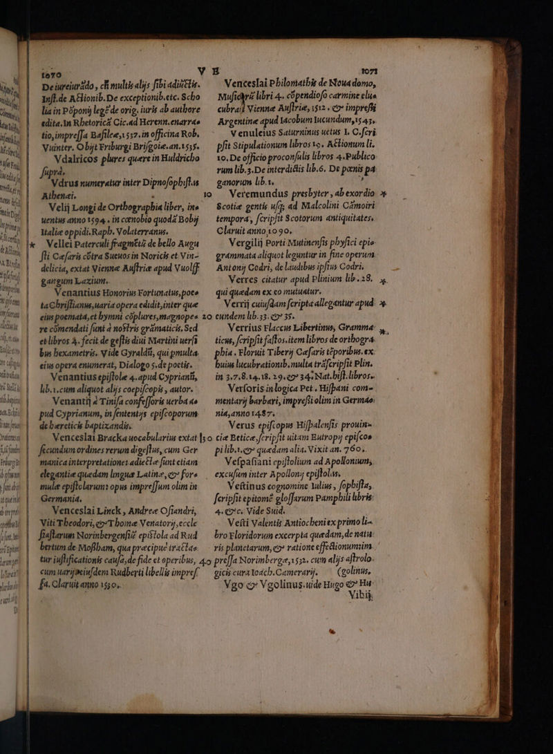 J L V dg 4, Dina ! nd Ahn Mom fina CHA T n Apt TERT v St Jrtiont t bifums [it d j ii quein bann yat |/ futt yi piis hemp lei! ru T. I* ———— tovo De iueiur4do , cfi multis alijs fibi adizttis. Infl.de A&amp;ionib.De exceptionib.etc. Scbo lia in Póponi leg£ de orig, iuris ab authore tdita,|n Rbetorica Cic.Ad Herenn.enarrao tio,impre[Ja Bafilee, 517. in officina Rob, Vuinter, Obit Friburgi Brifgoie.an.1555. Vdalricos plures quere in Buldricho fupra, | Vdrus numeratur inter Dipnofopbiflus Atbenai, à Velij Longi de Ortbograpbia liber, in» uentus auno 1594 « in catHtobio quoda Bobij Italie oppidi.Rapb. Volaterranw. Vellei Paterculi fragm&amp;tz de bello Augu fli Caefaris Otra Sueuos in Noricis et Vin- delicia, extat Vienne Au[Trie apud Vuolff gangum Laxiunt.. | Venantius Honorius Fortimatus,poeo taCbrifGianus, uaria opera edidit,inter que eius poemata, ct bymni cóplures,mapnopes re comendati funt à noViris gramaticis, Scd etlibros 4. fecit de geftis diui Martini uerfi bus bexametris, vide Gyraldit, quipmulta Venantius epiflole 4. apud Cyprianii, lib.i.cum aliquot alijs coepifcepis , autor. Venantij z Tini/a confe[Jorís uerba ao de beretició baptixandis; fecundum ordines verum dige]lus, cum Ger manica interpretatione adietle funt ctiam elegantie quedam lmgue Latins cc fore mule epiftolarum: opus impre[Jum olim in Germaxi4, Venceslai Linck , Andre Oftandri, Viti Theodori, co Tome Venator, eccle Jiaflarum WorinbergenfiZ epiflola ad Rud bertum de Moflbam, qua precipue iratlao. Venceslai Pbilomatbit de Noua domo, Mufidr libri 4. cópendiofo carmine elua cubraid Vienne Aulrie, i512 « co» imprefsi Argentine apud Iacobum Wceundum,i5 45, V enuleius Saturninus uetus L C.fcri pfit Stipulationum libros vo, A&amp;lionun li. 1o. De officio proconfulis libros 4.Publico: rum lib.3.De interdidls lib.6, De ponis pa: ganorum lib.1, ;, Veremundus presbyter , ab exor dio Scotie gentis u/q; ad Malcolini Camoiri tempora, fcripftt Scotorum antiquitates, Claruit anno 1090. Vergilij Porti Mutinenfis pbyfici epie: Antonij Codri, de laudibus ipftus Codri, Verres citatur apud Plinium lib. 28. qui quedam ex co mutuatur. Verrij cuiufdam fcriptaallegantur apud: Verrius Flaccus Libertinus, Gramma: ticus, fcripfit faltos.item libros de ovtbogra: phia . &amp;loruit Tiberi Cafaris tporibus. ex; buius lucubrationib. multa trafcripfit Plin. int 3,7,8.14.18. 29.0 34 Nat bil. libros. Verforis.inlogica Pet, Hifpani com- mentarij barbari, imprefsiolim in Germa: nid,anno14$7, Verus epifcopus Hifbalenfis prouin- feri uitam Eutropy epijcos pi libto quedam alia. Vixit an. 760. Vefpáfiani epijloliun ad Apollonium; excufum inter Apollon; epiJlolas, Veftinus cognomine Yulius , fopbifla, fcripfit epitom? gloffarum Pampbili bris: 4. C7*c. Vide Suid. | Vefti Valentis Antiocbeniex primo li. x na ris planetarum, eo? ratione effedionumsim. fe. claruit anno 1550. (golinus, Vgo Q Vgolinus.wuide Hitgo e Hw: | Wr Vii