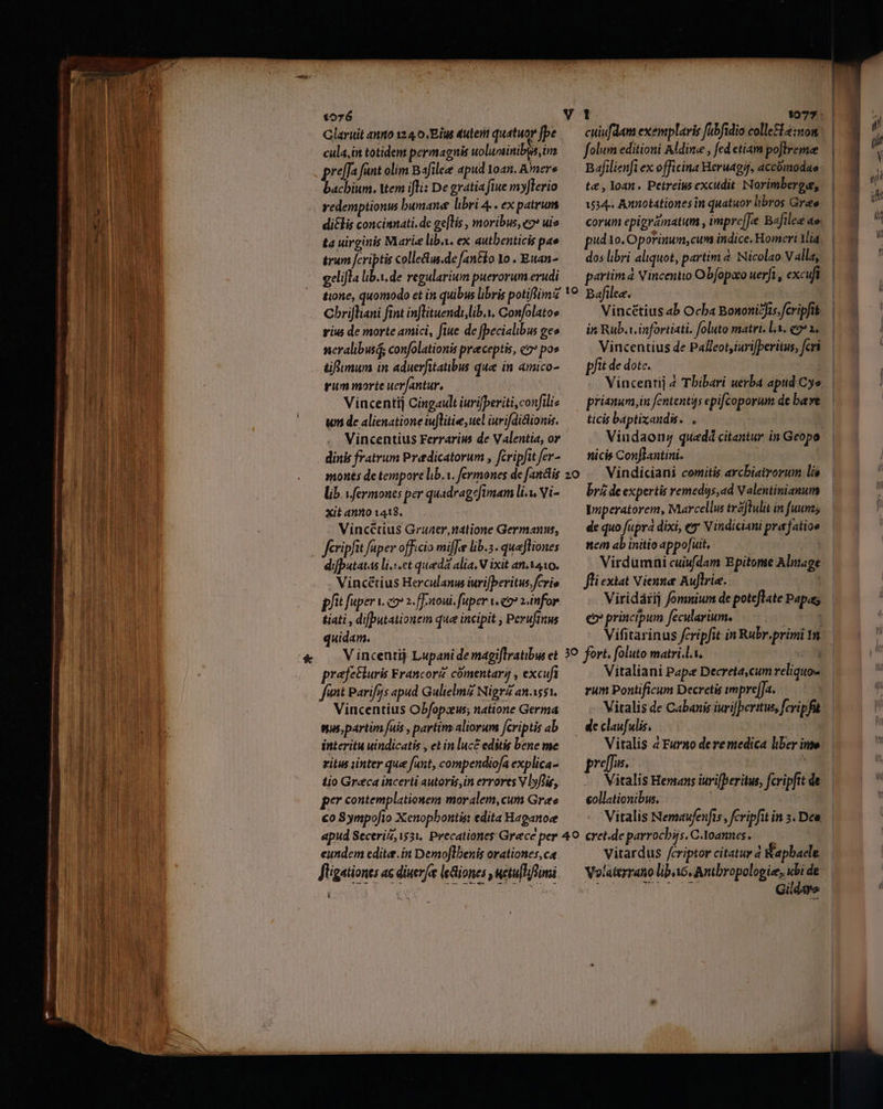1976 Glaruit anno 124.0, Eit 4utent quatuor fpe cula,in totidem permagnis uolunsinibgs, tm preffa fant olim Bafilee apud 1042. Amere bachium. Wem ifli: De gratia ftue myflerio yedemptionus bumane libri 4. . ex patrum diclis concinnati. de ge[lis , moribus, eo uio ta uirginis Mare liba. ex autbenticis pae trum fcriptis colle&amp;us.de anto 1o . Eutan- gelijla lib.i. de regularium puerorum erudi folum editioni Aldine , fed etiam poJlreme t , Yoan. Petreius excudit. Norimbergae, 1534-. Annotationes in quatuor übros Grae pudo. Oporinum,cum indice. Homeri Mia dos libri aliquot, partim a Nicolao Valla, partim á Vincentio Obfopato uerfi,, excufi Cbrifliani fint inJlituendi,lib.. Confolatos gius de morte amici, fite de [becialibus geo neralibud confolationis preceptis, c pos tiflumum in aduerfitatibus que in amico- rum morte uer/antur, Vincentij Cingault iurifperiti,confiliz un de alienatione wlitie, uel iurifdidionis. Vincentius Ferrarius de Valentia, or dinis fratrum Predicatorum , fcripfit fer- snoues de tempore lib. v. fermones de [antis lib. v fermones per quadragefimam li». Vi- xit anno 1418. Vincctius Gruaer,ndtione Germanus, fcripfit faper officio miff-e lib.s. quafliones difputatas li.:.et queda alia, V ixit an.1410. . Vincétius Herculanus iurifperitus,fcrio pfit fuper v. co 2. fJ-noui. fuper v.e? 2.infor tiati , difputationem que incipit , Perufinws quidam. V incenti Lupani de magiflratibw et prefetluris Francorz cómentarij , excufi fnt Parifris apud Gulielmz NigrZ anss1. Vincentius Obfopaeus; natione Germa tjs, partim fuis, partim aliorum fcriptis ab interitu uindicatis , et in luce editis bene me ritus inter que fant, compendiofa explica- tio Greca incerti autoris,in errores V byftie, per contemplationem moralem,cum Grec co SympoJto Xenopbontis: edita Haganoee Vincétius ab Ocba Bononicfas, fcripfit in Rub.i infortiati. foluto matri. lx. eo* 1. Vincentius de Palleot,iurifperitus, fcri pfit de dote. Vincentij 2 Tbibari uerba apud Cye prienum,in fententis epifcoporum de bave ticis baptixandis. . | | Viudaomn; quadá citantur in Geopo nicis Conflantini. Vindiciani comitis aycbiairorum lis bra de expertis remedys,ad Valentinianum Wiperatorem, Marcellus trzjtulit in fuunz; de quo fuprá dixi, ey V indiciani prarfatioe nein ab initio appo]uit, Virdumni cuiu(dam Epitome Aliaoe fli exiat Vienne Auflrie. | Viridárij fomnium de poteftate Papas e» principum fecularium, | Vifitarinus fcripfit in Rubr.primi 1n Vitaliani Pape Decreta,cum reliquo» rum Pontificum Decretis impre[Ja. | Vitalis de Cabanis iurifberitus, feripfit de clau[ulis. iue Vitalis 4 Furno dere medica liber inse pres. f Vitalis Henans iurifberitus, fcripfit de eollationibus. | Vitalis Nemaufenfis, fcripfit in 5. Deu eundem edite.in Demoflbenis orationes, ca Jligationes ac diuerfee lectiones , uetuliPimi vitardus /criptor citatuy à aphace Gildare