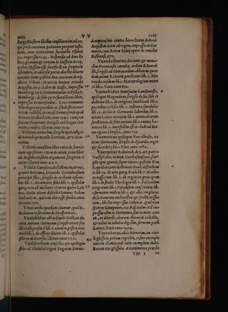 t h I  t. lati [ ti Wi ] lini uh Di Alit JW M lij NI li SC Vul, dol o Au Matti ' u ) ini vat n itl i bf qui peb[ecutionem patiuntur propter iuflie tiam, cum enarratione faccin&amp;la. Pfalmi 125. inipre[Jus 15453 « Rejbonfto ad duos lis bros,primum ey tertium de Mi]JAo-Eccij, quibus Miffam effe facrificit ex [cripturis oflendere, et aduerfet partis obie&amp;la diluere conatur.YMem epiftolee due, una Yoan.Bccij, altera Vrbani : Henricus Steiner. excudit 108$ Augufhini datas ad regem, impre[Je in Ger mánid,cum Aene Syluij opere de concilio Bafilienft, czc.. | | Vuandelbertus diaconus e? monae chus Prumienfts catmobij, ordinis S. Benedi Gi, fcripfit ad Marcuardum abbatem quen dam,uitam S. Goar&amp;s presbyteri lib, 1, Mis racula ciufdem liba, Martyrologium metri. Hamburgi 1536. Commentarius in P[al47. Hamburei . de fide e» refurretlione liber, imprelJus Erancofordie. Loci communes Tbeologici ex patribus 4c fcbolaflicis neo? tericis colle&amp;lt, et excuft Francojordi apud Petrum Brubacbium,anno 154-5. cum pre fatione Pomerani, 8 cripftt etid lingua Ger- manica naulta, Claruit anno 1554. - Vrfinus monacbus.fcripfit opus infigne de non rebaptixandis bareticis, e2*c.Gen- nadius.. Vrfonis cuiufdam liber extat de fomnio vum expo[itione : Vtem de urinis, cuius liber ab Acgidio eiu/dem argumenti fcriptore ci tatur.Claruit anno 4-4 o. genere Britanna, Dionotbi Cornubenfium principis filia, fcripfit de arcbanis uifioni- bus lib. 1. documenta fidei lib, 1. epiftola quoq; tam ad doctores Grecos quam Lati 205. Huius uitam defcribit Yoannes Baleus Siidouolcas , qui cam claruifJe fcribit anno. Vthei uerba quedam citantur apud to.. Stobeum in fermone de Prolperitate. Vualafridus abbas fancti Galli,ut dis citur, natione Germanw. fcripfit uitam fan: .&amp;i Galli profaice lib. 1. eandem polea mea Vualdenfium confzfiio c2 apologia: Vuenefridus Bonifacim Londinenfis, epifcopus Moguntinus, fcripfit de fua fide et do&amp;rina lib.v. de religione fan£&amp;titatis lib.s, provebus ecclefize lib. x. wflituta [ynodalia: lib 1. de fuis in Germania laboribus lib. s. uitam Liuini martyris lib.v, uitam aliorum fan&amp;orum. de fidei unitate lib.s.contra ba veticos lib. . interfe£lus efl in clade ad Bor n&amp; ripam 4 Fryfis, amn0755; tione Germanus, fcripfit de difcordia regni e Jacerdotij lib.i. Vixit anno 1080, Vueflpbalus, ordinis Cartbufienfium, fcri? li, quod uocauit doctrinam Pauli,diflindum de facramento eucbariflie «2» fru&amp;u mi[fJae yum ; libellus imprcffus Colonie: apud Gae [parem Genepaeun, i55 Fafciculus etiá ime ris , ex diuerfis aliorum chronicis collectus, Latino, Vixit anno 1494... Vuernherus,alias Hirneriw,ius ciuie