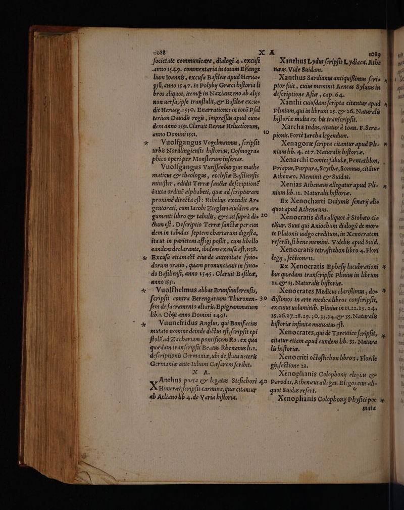 EJ 408$ ; /facietate communicare , dialooi 4 «excufa -aitnto 154.9. commentaria in torum Ebange lium Yoannis , excufa Bafilee apud Herua» bros aliquot, itemi in Nazianxeno ab alijs non uevfa, ipfe tranjlulit, eo» Bafilee excue dit Heruag.155 0. Enarrationes in totz Pal terium Dauidis regis , impre[Jas apud eue dem anno 1551. Claruit Berne Heluetiorum, «nno Dominti55t, Vuolfgangus Voselmantus , fcripfit tirbis Nordlingienfis bijlorias, Cofmogras phico operi per Mouflerum inferias. .— Vuolfgangus Vueiffenburgius matbe maticu e» tbeologus , ecclefie Bafilienfts minifler , edidit Terre fan&amp;e defcription duxta ordin? alpbabeti, que ad fcripturam proxime dire£la efl : Ribelius excudit Are gentorati, cum Iacobi Zicgleri eiu/dem are gumenti libro eg» tabulis, covc.ut fuprà die &amp;um efl , Defcriptio Terre Jantla per eun dem in tabulas feptem chartarum digefla, itaut in parietem affioi pofiit , cum libello eandem declarante, ibidem excufa efl,1558. Excufa etiam e$ eius de autoritate [ynoz dorum oratio , quam pronunciauit in ynoe do Bafilienft, anno 1545 . Claruit Bafileee, anno15st. Vuolfhelmus abbas Brunfuuilerenfis, fcripfit: contra Berengarium Tburonen- fem de facramento altarisBpigrammatum lib.i. Obgt anno Domini 2491. Vuunefridus Anglus, qui Bonifacius mutato nomine deinde di&amp;lw efl fcripfit epi Jiola ad Zachariam pontificem Ro . ex qua quedam tranfcripfit Beatus Rbenanus li.1, defcriptioris Germaxie,ubi de flatu ueteris Germanie ante Yulium Cefarem fcribit. XA. 108 Xanthus Lydw fcripfit Lydiac4. Atbe Meus. Vide Suidam. Xanthus Sardianw antiquiflimus fcriz defcriptione Afiee , cap. 64. Xanthi cuiu/dam fcripta citantur apud Plnium,qui in librum 15. c0» 26. Naturalis biftorie multa ex bis tranfcripfit. Xarcha Indus, citatur à Yoan, F.Sera. pionis.Forté Yarcba legendum. nium lib. 4. et 7, Naturalis biflorize, Priapus,Purpura, Scytbe,Somnus, citátur Atbeneo, Meminit eo» Suidas, Xenias Atbeneus allegatur apud Pli- nium lib.ix, Naturalis biflorie. Ex Xenochatti Didymis fenarij alis quot apud Atbenaum. | Xenocratis dida aliquot 4 Stobeo cie tatur, Sunt qui Axiocbum dialogá de more te Platonis uulgo creditum,in Xenocratem Xenocratis tetraflichon libro 4.xlori legij , fe£lionev. | Ex Xenocratis Epbefrj lucubrationi bus quedam tran[cripfit Pliniu in librum 12.9? 5. Naturalis biftoris. Xenocrates Medicus clarifimus , dos &amp;iffimos in arte medica libros confcripfit, ex cuius uoluminib. plinius in21,32.23. 244 25.26.27,18.29.30,31.34.€97 35. Naturalis biflorie infinita mutuatus eft. citatur etiam apud eundem lib. 33. Natura li biflorie. | Xenoctiti ocloflicbon libros , Elorile gi, fetlione 22. Xenophanis Colopboni elecias eoe OR MEL T X Hineraifc ripfi t carmina,que citaniup «b Acliano lib 4.de Varia bifloria, | quot Suidas refert. | Xenophanis Colophon Pbyfici poe tita il ) i | P Ld n. (X qi s