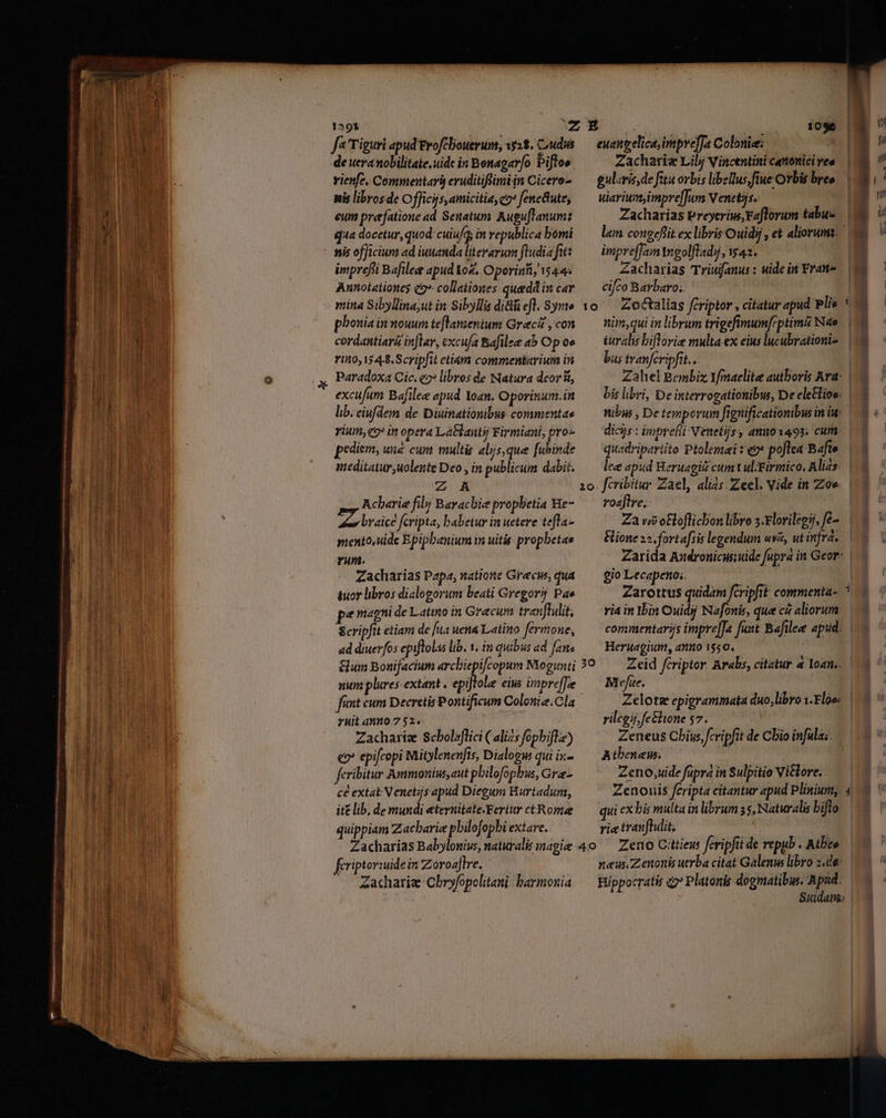 pu ot trier f&amp;'Tiguri apud ErofCbouerum; 118. Coudis vienfe, Commentarij eruditiffimiin Cicero- nis libros.de Officijs amicitia c? fene&amp;ute; eum prefatione ad Senatum. Auguftanumt qua docetur, quod: cuiu/qs in republica bomi nis officium ad iutanda literarum fludia fit: imprefii Bafilee apud Voz. Oporinfi 1544: Annotationes co collationes quedd in car mina Sibyllina;ut in Sibylla ditti efl. Syrie phouiainnouun teflamenium Grecz , con cordantiar&amp; inflar, cxcufa Bafilee ab Op oe rino, 15 48. Scripfit etiam commentarium in excufum Bafilee apud Yoan. Oporinum.in lib. eiufdem de Diuinationibus commentae yium, eo? it opera La&amp;lantij Firmiani, pro-- pediem, und cum multis aliis, que [ubinde ueditatur,uolente Deo , in publicum dabit. ZA | Acb«rie fil Baracbie prophetia He- Zar lraice feripta, babetur in uetere tefla- mento, uide Epipbanium im uitis propbetae rum. Zacharias Papa, natione Grecs, qua &amp;uor libros dialogorum beati Gregorij Pae e magni de Latmo in Gracum tranflulit, Scripfit etiam de [ua uena Latino fermone, ad diuerfos epiflolas lib. 1. in quibus ad fans num ples extant. epi ole eius impreffe Hit anno7 52. Zachariz Scbolaflici (alis fephifte) e? epifcopi Mitylenenfis, Dialogus qui ix- fcribitur Ammonius, aut pbilofopbus, Gra- ce extat Venetijs apud Diegum Hurtadun, itt lib, de mundi eternitate.Eertur ctRomee quippiam Zacbarie pbilofopbi extare. feriptor:uide in Zoroaflre. Zacharie: Chryfopolitani. barmonia eueneelica,impreffa Colonias gularis,de ftu ovbis libellus, fiue Orbis breo uiariumimpre[Jum Nenctjs. Zacharias PreyeriusFaflorum tabu» lam cougeflit.ex libris Ouid , e&amp; aliorums: impreffain mgolfladyj, $42. Zacharias Triujfanus: uide in Fran cifco Barbaro; nim,qui in librum trigefimum[eptima We turalis billorie multa ex eius lucubrationi- bas tranfcripfit. 2 quadripartite Ptolentei : e? poflea Bafte roaft re, ione 25. fortafsis legendum uva, utinfra. gio Lecapeno;: Zarottus quidam fcripfit: commenta- i4 in bin Ouid Nafonis, que cá aliorum Heruagium, anno 1550, -— — | | | | | | | | ed Mute, rilegij,fe&amp;hione 57. Atbenen. Zeno,uide füpra in Sulpitio Vittore. ui ex bis multa in librum 35, Naturalis biflo rie tranftulit; Zeno Citieus feripfit de repyb . Athe Un. DD b