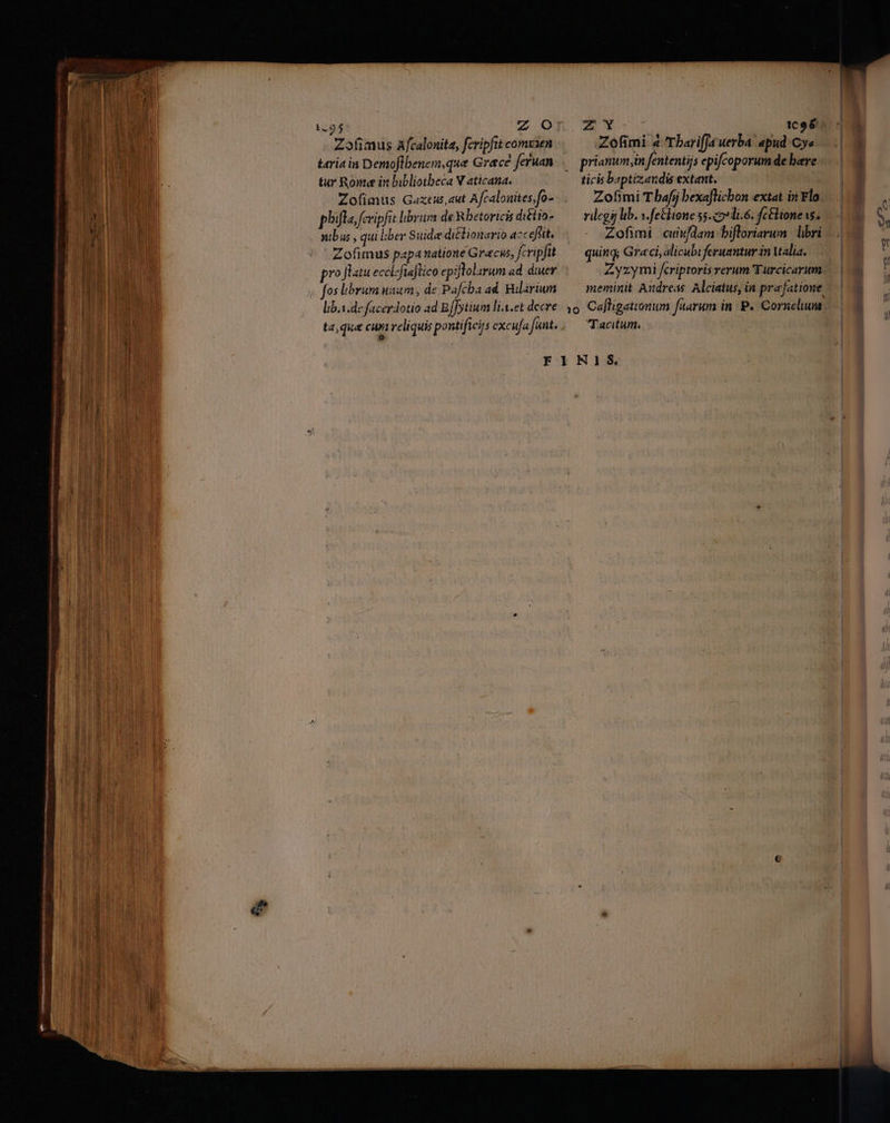 MM I BÓ n m qtti — a ————— —————— — i255 zo: Zofimus Afcalonita, fcripftt comxsen taria in Demoflbenem,que Grece feruan Zofimus Gaxeu, aut Afcalonites,fo- phifla fcripfit librum de Rbetoricis di£tio- nibus , qui iber Suide di£lionario acc eftt,  Zofimus papa natione Gracus, fcripfit pro flatu ecclefiaflico epiflolarum ad. dev fos librum uuum, de Pafcba ad. Bularium lib.1.de facerdotio ad Bf]ytium li..et decre t2,qua curi veliquis pontificiys excufa fant. v.Mo EN tce6. Zofimi 4 TbarifJa uerba! apud Cye priamum,in fententijs epifcoporum de bere Zofimi T bafj bexa[lichon extat in Flo. rilegij ib. v.feEltone 55. c27i.6. fetlione vs. Zofimi cuit/dam bifloriarum. libri quinq; Graci, alicubi feruantur n Valia. Zyzymi fcriptoris rerum T'urcicarim. meminit Audreas Alciatus, in praefatione Tacitum.