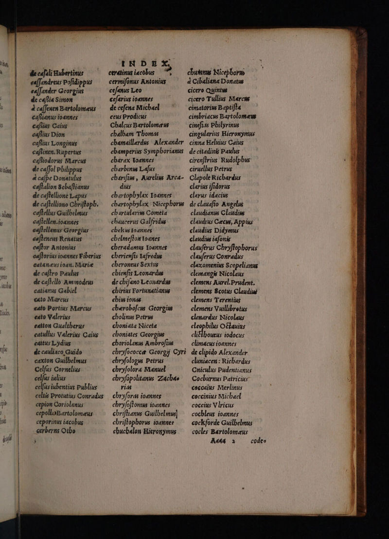 (Y de ca[ ali Hubertinus ea[Jandreus Pofidippus ea[Jander Georgius dc c«flia Simon 4 ca[Jenen Bartolomeus cafftianus ioannes cafus Caius eaffius Dion caflius Longinus cafhinen. Rupertus caffiodorus Marcus de caffol pbilippus &amp; cafbe Donatulus caflalion Sebaflianus de caflellioné Lapus de cafleclliono Cbrijlopb. caftellus Guilbelmus eaftellen.ioannes eaftellanus Georgius eafleneus Renatus caffor Antonius ca]lorius ioannes Fiberius catanausioan. Marie de caftro Paulus de calclló Ammodeus catiarus Gabiel €«to Marcus | «alo Portius Marcus «ato Valerius eatton Gualtberus catullus Valerius Caius eattus Lydius de cauliaco Guido caxton Guilbelmus Celfus Cornelius celfus iulius celfus iubentius Publius celtis Protutius Conradus cepioti Coriolanus cepolloBartolomeus ceporitus iacobus eerberns Otbo A INDEX, ceratinutiacóbus — ^, cermifonus Antonius cefanus Leo ce/arius ioannes de cefena Michael ceus Prodicus Cbalcus Bartolomew cbalbam Thomas cbamaillardus Alexander cbamperius Sympborianus cbarax oannes cbarbinu Lafus cbarifius , Aureli Arca- dius cbartopbylax Yoannes chartopbylax Nicepborw cbartularus Cometa cbaucerus Galfridus cbekus Ioannes cbelme]lon Yoanes cberadamus Yoannes cberienfis Yajvedus cberoneus Sextus chienfis Leonardus dc chifano Leonardus chirius Fortunatianue ebius ionas cberobofcus. Georgius cbolinus Petrus cboniata Niceta cboniates Georgius choriolaww Ambrofius chryfococct Georgij Cyri cbryfologus Petrus chbryfolora Manuel cbryfopolitanus Zzacbae Yi4s cbryforas ioannes cbryfoftomus ioannes ebriflianus Guilbelmus| chriflopborus ioannes ehucbalon Hieronymus chumwi Nicepborm a Cibaliana Donatwé cicero Quintus cicero Tullius Nt«rcue cimatorius Baptifta cimbriacu Bartolomews cinefi. Pbilyrinus cingularius Hieronymus cinna Heliius Catus de citadinis Paulus cirenflrius Rudolphus ciruellus Petrus Clapole Richardus clarius ifidorus clarus idacius de clauafto Augelis claudianuw Claudius claudius Cecus, Appius claudius Didymus claudiw iafonis clauférus Chryftopborus clauferus Conradus claxomenius Scopelianus clemangis Nicolaus clemens Aurel.Prudent. clemens 8cotus Claudiu clemens Terentius clemens V uillibrotus clenardus Nicolaus cleophilus O&amp;lauius cli&amp;tboueus iodocus climacus ioannes de clipido Alexander cluniacen : Richardus Cniculus Pudentianus Cocburnus Patricius coccaius Merlinus coccinius Michael coccius V lricus cocbleus ioannes cockforde Guilbelmus cocles Bartolomeus A444 a codes