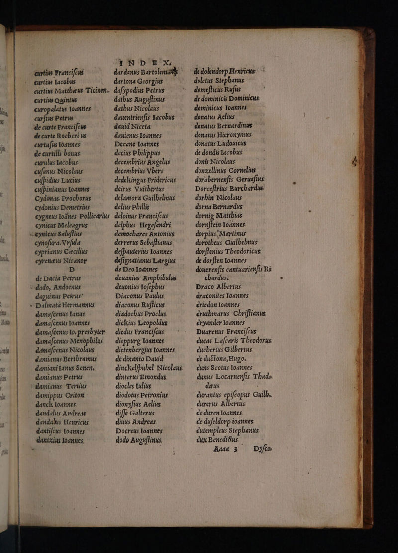 a T Mwhk WW ———— —À—— curtius Iacobus curtius Niattbeus Ticinen.. curtius Quintus curopalatus Yoatttes curfius Petrus de curte Erancifcws de curte Rocberi us eurtufus Yoannes de curtilli bonus curulus Yacobus. cufanus Nicolaus cufbidius Lucius cufpinianus Yoannes Cydoras. Procborus cydonius Demetrius cygneus Ioznes Pollicarius cynicus Meleagrus cynofura N vfula cyprianus €«cilius eyrenaus Nicanor D de Dacia Petrus Ld daguinus Petrus Dalmata Her mannus damajcenus Yanus dama|cenus Yoannes dama/cenus Yo, presbyter. dama[cenus Menopbilus damafcenus Nicolaus damianus Bertbramus damiani Ianus Senen.. damianus P etrus damippus Criton danck loannes. d«ndalus Andreas dandas Henricus. dantifcus Yoannes dantzius Yoannes, *4 NDEX. dartona Georgius da[ypodius Petrus datbus Auguftinus daibus Nicolaus dauentrienfis Yacobus dauid Niceta. dauienus Ioannes Decane loannes ' decius Pbilippus decembrius Angelus decembrius Vbers dedckingus Fridericus deirus Vuitbertus delamora Guilbelmus delius Pbillis deloinus Francifcus delpbus Hegefandri democbares Antonius derrerus Scbaflianus de[pauterius Xoannes defignatianus Largius de Deo Yoannes deuanius. Ampbibulus. deuonius Tofepbus Diaconus Paulus diaconus Rujlicus diadocbus Proclus. dickius Leopoldus diedus Francifcus dieppurg oannes dictenbergius Yoannes de dinanto Dauid dinckelfpubel Wicolaus. dinterus Emondus diocles Xulius diodotus Petronius dionyfius Aelius diuus Andreas Docreus Yoannes dodo Auguftinus. de dolendorp Henricus: doletus Stepbanus domeflicus Rufus de dominicis Dominicus dominicus Yoannes donatus Aelius donatus Bernardinus donatus Hicronynus. donaius Ludouicus de dondis Yacobus. donis Nicolaus donzellinus Cornelius dorabernenfis Geruafius: Dorceflrius Burchardus dorbin Wicolaus dorna Bernardus dornig Mattbias dornflein Yoannes dorpius; Martinus dorotbeus Guilbelmuse dor[lenius 'T beodoricus de dor[len Yoannes douerer fis cantuarien[ts Ri cbardus. 3 Draco Albertus draconites Yoaunes dricdon Yoannes drutbmarus Cbriflianus dryander loannes Duarenus Francifcus ducas Lafcaris 'Y beodorus ducberius Gilbertus de du&amp;tona, Hugo. duns Scotus loannes dunus Locarnenfts T bada (— dew durantus epifcopus Guilb.. de duren Yoannes. de dufeldorp ioannes. dutempleus Stephanus. dux Bencdidus | A«« 3 — DyKko