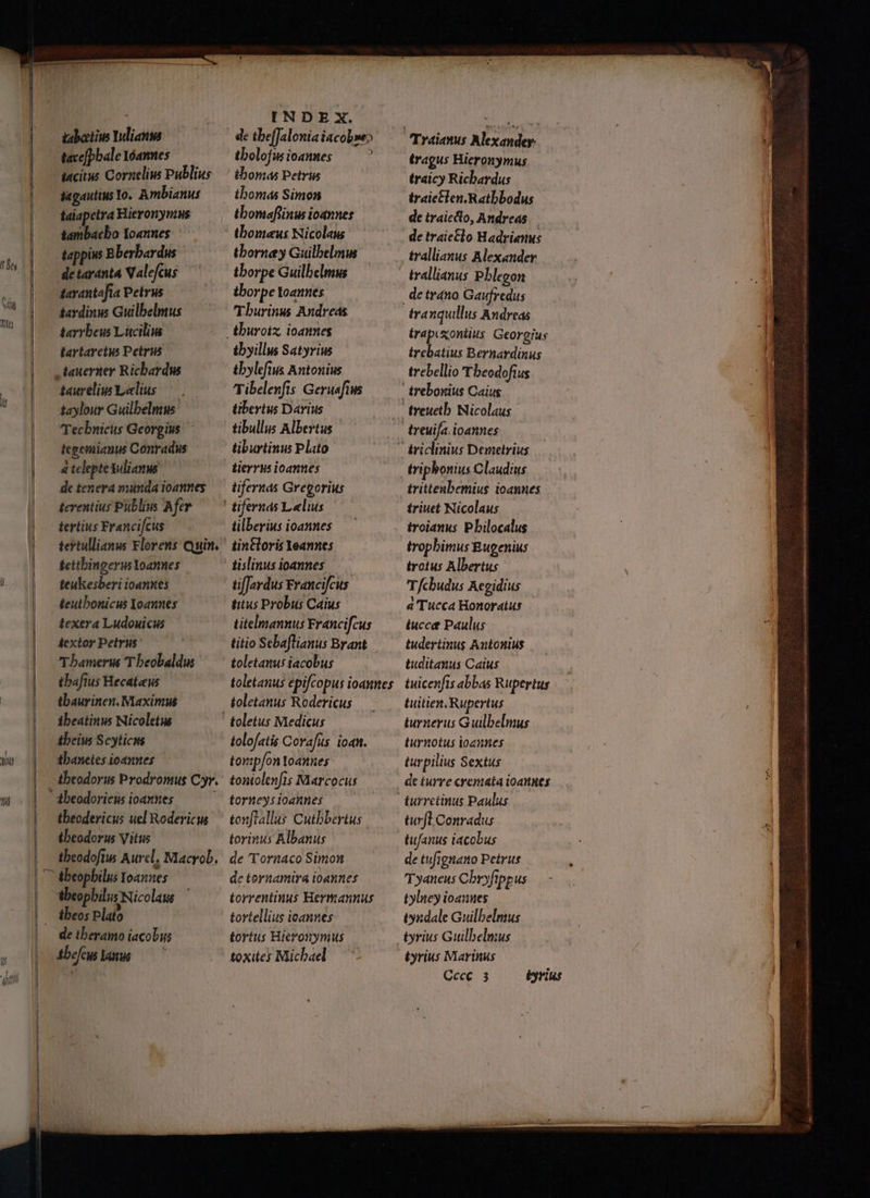 VH tabeetius Yuliane tace[pbale 10amnes i4gautius Yo. Ambianus taiapetra Hieronymus tambacbo Ioannes tappiws Bberbardus de taranta Nalefcus tarantafta Petrus darrbeus Lucilius taureliw Lelius Tecbnicus Georgius tegemianus Conradus « teleptexulianws de tenera minda ioannes terentius Publius Afer teukesberi ioannes teutbonicus Yoannes texera Ludouicus Aextor Petrus Tbameru T beobaldus tbaftus Hecateus tbaurinen. Maxim ibeatinus Nicoletue iheius Scyticus tbanetes ioannes de tbefJalonia iacobwe» tbolofus ioannes tbomas Petris thomas Simon tbomaflinus ioannes thboimaus Nicolaus tborney Guilbelmw tborpe Guilbelmus tborpe Loannes tbylefius Antonius Tibelenfis Geruafius tibullus Albertus tiburtinus Plato tifernas Gregorius tiffardus Francifcus titus Probus Caius titelmannus Francifcus titio Sebaflianus Brant toletanus iacobus toletanus Rodericus toletus Medicus tolofatis Corafus. ion. toripfon oannes theodericu: uel Rodericus tbeodorus Vitus de tberamo iacobus fbeewlanw — C torneysioannes tonftallus Cutbberius torinus Albanus de Tornaco Simon de tornamira ioannes torrentiuus Hermannus tortellius ieannes tortus Hieronymus toxites Michael Traianus Alexander. tragus Bieronymus traicy Richardus traictlen.Ratbbodus de traiecto, Andreas de traietlo Hadrianus trallianus Alexander irallianus Pblegon detrano Gaufredus tranquillus Andreas trapixontius Georgius trebellio T beodofius triphonius Claudius trittenbemius ioannes triuet Nicolaus trophimus Bugenius Tfcbudus Aegidius a Tucca Honoratus iucce Paulus tudertinus Antonius tuditanus Catus tuicenfis abbas Rupertus tuitien Rupertus turnerus Guilbelmus turnotus ioannes turpilius Sextus de turre cremata ioannes turfl.Conradus tufanus iacobus de tufignano Petrus Tyaneus Cbryfippus tylney ioannes tyudale Guilbelmus tyrius Guilbelmus tyrius Marinus d Sit Ore quj ind im i aii RR URN e iA Ibis iribaw adiu 1s edidi :: PERS cidit adl aids sQan DR vaut q Y cM DUM aperi icai ON ARR ein