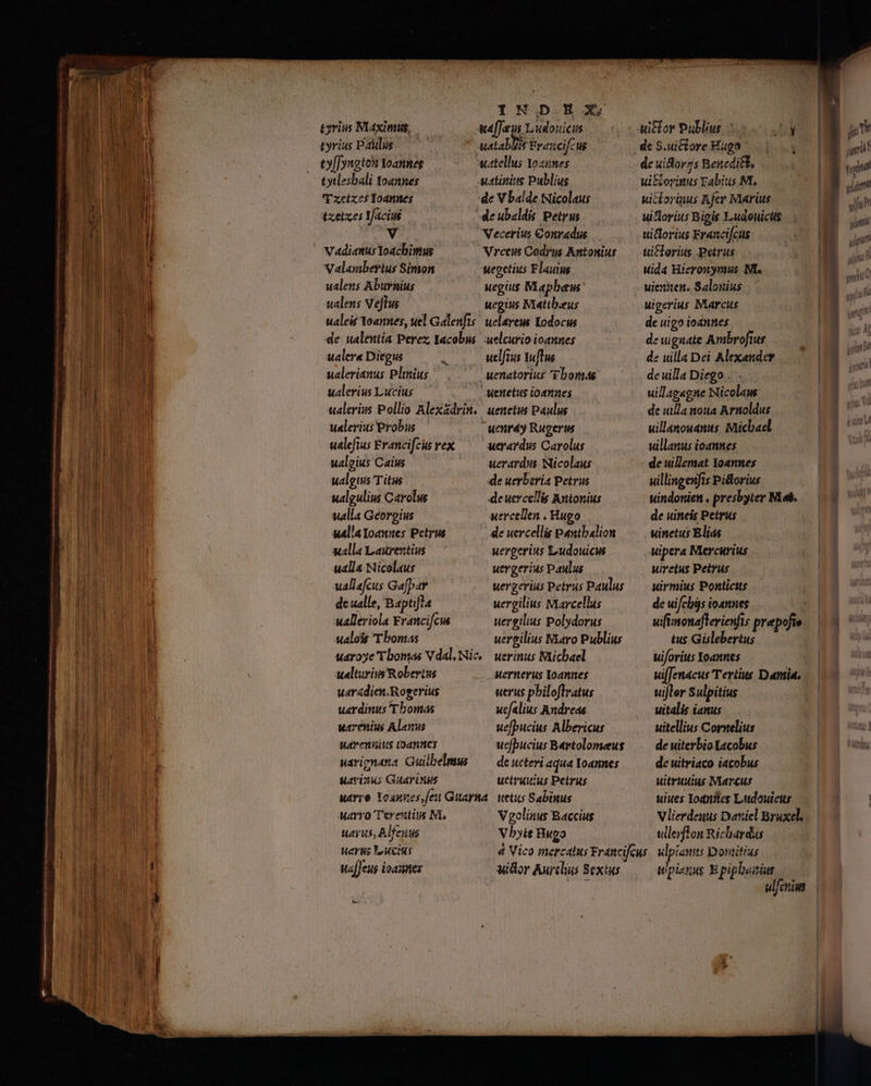 IM D HEX, tyrius Maximus, — d [Ta us Yo udoticis tyris Padlus— uatabliit Francif-ui ty[[yngto* Yoaunes uatellus Yozines tytlesbali Yoannes uatinius Publius Tzetzes Toanmnes de V balde Nicolaus txetzes Yacins -deubaldis Petrus — TOU Vecerius Conradus vadianus Yoacbimus Vrceus Codrus Antonius Valeaberius Simon wegetius F Ladue ualens Aburnius uegius Mapbew ualeit Yoannes, uel Galenfis! uelaveus Kodocus de wualentia Perez, Iacobi uelcurio ioannes ualer« Diegus x uelfrus Yuftus ualerianus Plinius  uenatorius Y bons ualerius Lucius Wenetus ioannes ualerius Pollio Alexádrin. | uenetus Paulus u«lerius Probus uenrdy Rugerus ualgius Caius uerardus: Nicolaus ualgius T itus de uerberia Petrus walgulius Carolus de uercellis Antonius ulla oannes Petrus de uercellis eantbalion ualla Laurentius uergerius Ludouicus ualla Nicolaus uergerius Paulus uallafcus Gafpar uergerius Petrus Paulus dc ualle, Baptifta uergilius Marcellus walleriola Francifcus uergilius Polydorus walois T bonas uergilius Nxaro Publius uaroye'Vbomas Vdal Nic. | uerinus Mucbael ualturits Robertus uernerus Ioannes uaradien. Rogerius uerus pbiloflratus uardinus T bomas uefalius Andreas warenius Alanus uefpucius Albericus Wd entitts IDARHCY uefpucius Bartolomeus warignana Guiübelmms —— deucteri aqua Yoannes uarixus Guarinus uetruuius Petrus uarre Xoagses, feu GuarRA. uetus Sabinus arro Terentius M. Vgolinus Baccius uaius, Alfeuus Vbyit Bugo Wes oct wa[Jeus ioasnes wilor Aurclis Sextus dc S.uiore Fuga de uidlorzis Benedikt, ui&amp;torinus Eabits Mt, uictorinus Rfer Maris uiclorius Bigis Ludonicts uictorius Francifcus uilorius Petrus uida Hieronymus ML. .ieren. Salonius deuigoioannes — de uignate Ambroftur de uilla Dei Alexander deuilla Diego .. uillag«gne Nicolaw de uilla noua Arnoldus uillanouanus. Micbael de wllemat Yoannes uillingenfis Pictorius uindonien , presbyter Mab. winetus Elias wipera Mercurius uiretus Petrus uirmius Ponticus de uifclüs ioannes uifimonaflerienfis prepofte tus Gislebertus uiforius Yoannes uiffenacus Tertius D«nmia. uijler Sulpitius uitalis ianus uitellius Cornelius de uiterbioXacobus de uitriaco iacobus uitruuius Marcus wiues Iodnnes Ltdouicus ullerfton Richardus t'piezus E piphenius EU sindin