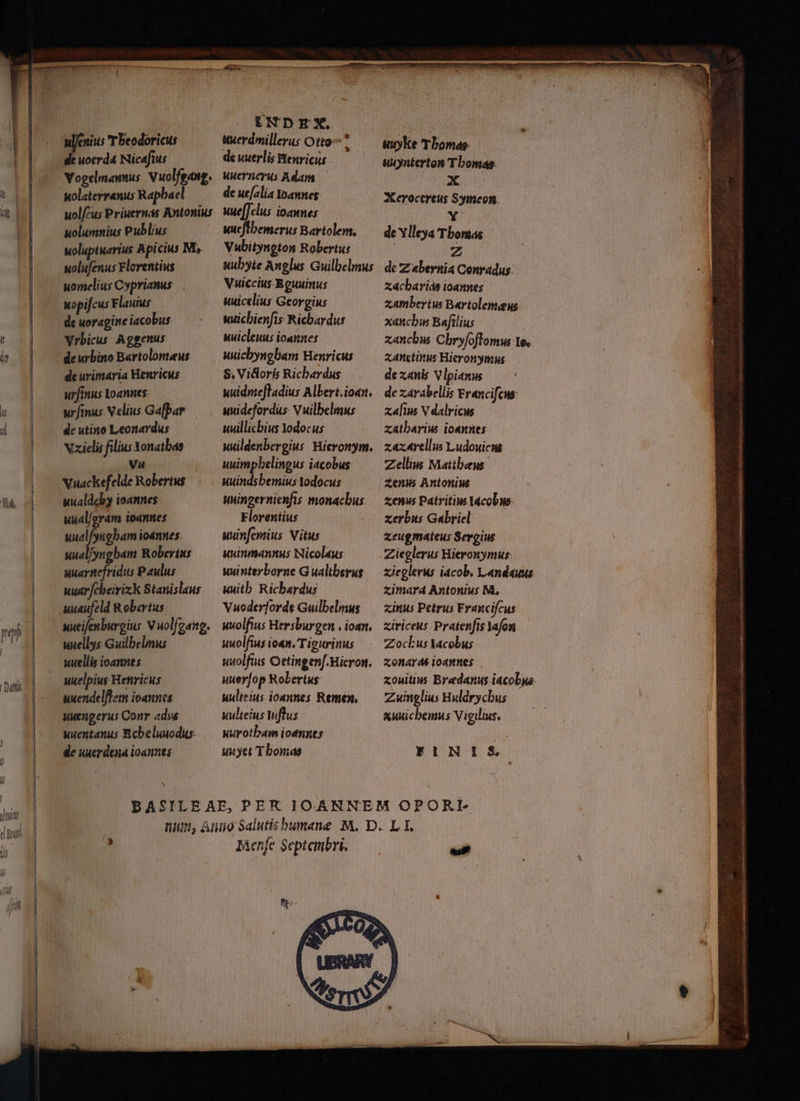 enits T beodoricus uoerda Nicafius Vogelmaunus: Vuolfgang. wolaterranus Rapbacl wol/cus Priuernas Antonius uolumnius Publius wolupiuarius Apicius Nt, wolufenus Florentius uomelius Cyprianus. wopifcus Flauius de uoraginte iacobus Vrbicus Aggenus de urbino Bartolomeus de urimaria Henricus urfinus Ioannes: urfimus.Nelius Gafpar— de utino Leonardus vzielis filius Xonatbas Vu Nuackefelde Robertus uualdchy ioannes uual/orám ioannes uualfyngbam ioannes. uual/yngbam Robertus Wuarnefridus Paulus uu&amp;rebeirizk Stanislaus uuaufeld Robertus uueifenburgius V uolfeastg. wuuellys Guilbelmus wuellis ioannes uuelpius Henricus uuendelftem ioannes uuengerus Conr adys uuentanus Bcbeluuodis: de uuerdena ioannes uuerdmillerus Otto * deuuerlis Plenrieus —— uuernerus Adam de ue[alia oannes uue[]clus ioaunes wucflbemerus Bartolem, Vubitynoton Robertus uubyte Anglus Guilbelmus Vuiccius-Eguuinus Wuicelius Georgius suicbienfis Richardus uuicleuus ioannes uuicbyngbam Henricus S, Vidoris Richardus wuidniefladius Albert.io«n. uxidefordus: Vuilbelmus wuuillicbius Yodocus wuildenbergius Hieronym. uuimpbelingus iacobus uuindsbemiusodocus Wningernicnfis monachus Florentius uuinfemius. Vitus uuinmannus Nicolaus uuinterborne G ualtberus uuitb Richardus Vuoderforde Guilbelinus Wuolfius Hersburgen , ion, wuolfius io«1. Tigurinus wuuolfius Oetingenf.Hicron. uuer[op RoLerius uulicius io«nnes Remen, vulteius tuiflus uurotbam ioannes uuyet Thomas woke Thomas uuynterton Tbomas: P4 2Ecrocereus Symeon. Y . de Xlleya Tbomas de Z abeynia Conradus. zácbarids ioannes zambertus Bartolemens xancbus Bafilius zancbus Chryfoftomu o. &amp;Anctinus Hieronymus dexanis V lpianus de zarabellis Francifcus: zalius V dalricus zatbariws ioannes xax Arellus Ludouicus Zellius Mattbeus zenuis Antonius «tenus Patritius 14cobuo. xerbus Gabriel zeugmateus Sergius Zicglerus Hieronymus zieglers iacob. Landauus zimard Antonius M. xinus Petrus Francifcus ziriceus Pratenfis Yafon Zoclkus Mcobus zonarae loannes xouitius Bredanus iacobys. Zuinglius Huldrycbus auicbemus Vigilius, FINIS Menfe Septembri, er ad