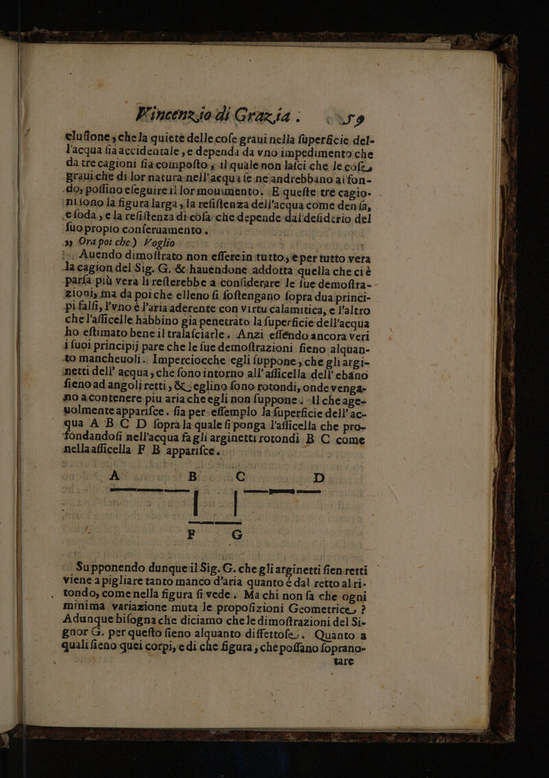 Rincenziiodi Grazia: ciro clufiones chela quiete delle cofe graui nella fuperficie del- l'acqua fia accidentale ,e dependa da vno impedimento che da tre cagioni fiacompofto:; il-qualenon lafci che lecofe, graui.che di.lornatura:nell’acqua ie ne;andrebbano aifon- fuo propio conferaamento . parfa più vera lireterebbe a confiderare le fue demoftra- ziovi, ma da poiche elleno fi foftengano fopra dua princi- pi falfi, l’v.no è l’aria aderente con virtu calamitica, e l’altro chel’afficelle habbino gia penetrato la fuperficie dell’acqua ho eftimato bene il tralafciarle. Anzi efféndo ancora veri 1 fuoi principij pare che le fue demoftrazioni fieno alquan- to mancheuoli.. Imperciocche egli fuppone che gliargi- ‘netti dell’ acqua, che fono intorno all’afficella dell’ ebano fieno adangoliretti,&amp;ueglino fono rotondi, onde venga» no acontenere piu aria che egli non fuppone < Il cheage» uolmenteapparifce. fia per effemplo la fuperficie dell’ac- qua A BC D fopralaqualefiponga l’afficella che pro- fondandofi nell'acqua fagli arginettirotondi B C come A Bi.c.1C noti F G Supponendo dunqueil Sig. G. che gli arginetti fien:retti viene a pigliare tanto manco d’aria quanto é dal retto alti- tondo, comenella figura fi vede... Ma chi nonfa che ogni minima. variazione muta le propofizioni Geometrice, ? Adunquebifognaclie diciamo chele dimoftrazioni del Si- gnor G. per quefto fieno alquanto diffettofe:. Quanto a quali fieno quei corpiye di che figura, che poffano foprano» tare
