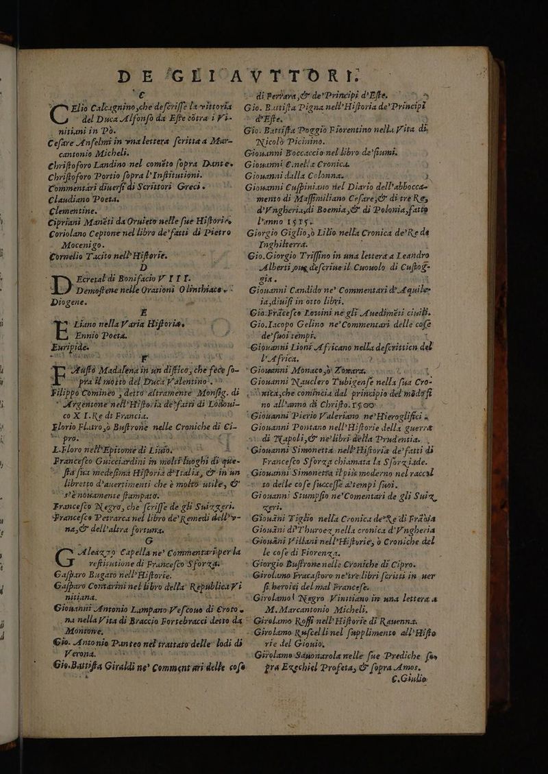 )ì , DE ‘GEI A e Elio E lavittoria del Duca Alfonfo d a Efte c0tra i Pi- nitiani in Pò. Cefare Anfelmi i in vnalettera feritta a Mar- cantonio Micheli. Chriftoforo Landino nel cometo fopra Dante» Chriftoforo Portio fopra l’Inftttuzioni. Commentari dinerfi di Scrittori Greci è Claudiano Poeta. Clementine.‘ Cipriani Manèti da Ornieto nelle fue Hiftorio, Coriolano Ceptone nel libro de’ fatti di Pietro Mocenigo. € rueli o Tacito nelP Hiftorie. 1A D Deèmoftene nelle Orazioni Olinthiace'» Diog rene. E TO Lino nella Varia Hiftoriae È Ennio Poeta. Euripide. F F “aftà Mdileiai in n diffico, ehe fa 2 ‘pra il mo}tò del Ducd V'alentino?. Filippo Cominèo ) delto dlivamente Monfic. di  Argentone nell’ Hiftoria de>faîti di Li agg co X. I.Re dt Francia. Horio Flutro, 3Ù B: sftrorìe ve Croniche di €i- pro. L.Eloro nelbEpitonie di Ligiv Francefeo Guicciardini in moli lisoghi di ‘que. fa fua medeftimà Hiftoria PItalia, O in'un libretto d’anertimenti che è molto utile, O ‘sè n0amente frampato. Francefco Negro, che (criffe de gli Ni. Prancefco Petrarca nel libro de Remedi dell *y- na, dell'altra fortuna. i G Us Aleazzo Capellane’ Commentarisperla refticutione di Fr ancefco Sforza: Gafbaro Bagaro nell Hiftorte. Gafpsro Contarini nel bbro della REATO Vi nitiana. Gionanni Antonio Lampano:V'eftono di Eroto è na nella Vita di Braccio Forsebracci detto da Monroe, Gio. Antonio Punteo nel'è trattato o delle” lodi di Verona. cu NTITORI di Pertara, de’Principi d'Efte. © (© > Gio. Burtiffa Pigna nell’Hiftoria de’ Principi d Efte. Nicolò Picimno. Giomanni B'occaccionel' libro de’ fumi. Giomumi €.nella Cronica, Giowanni dalla Colonna» Giowanni Cuffiniano rel Diario delli abbocega mento di Maffimiliano Cefare® di tre Re, d’Vngheriaxdi Boemia,&amp; di Polonia,farto l’anno 1$T5% ib Giglio ,ò Lilio nella Cronica de?Re de aghitrerra. dA Giorgia Triffino in ana lettera aL eandro Alberti ;orng defcrine:il Cuowolo di Cuftog= sia. Gionaini Candido ne’ Commentari Aquile» ta,dimifi in osto Libri. Gio. piero Lotvini negli Auedimeti NA Gio.Iacopo Gelino ne’ Commentari delle cafe de foi tempr, -Giouanni Lioni Africano mella ang del VA frica, * Giowanni Mdnaco;0 To; osare Giowanni Nauclero T'ubigenfe nella pa Cro: aied;che comincia dal principio del madgfi no all'anno di Chriffo.rgov | Giovanni Pierio Valeriano ne’ Hieroglifici z Giowanni Pontano nell’Hiftorie della guerra «di Ttapoli,@ ne’libri della Prudentia. ‘ Giomanni Simonetta» nell Hiftoria de’ fatti di Francefco Sforza chiamata la Sforziade. Giowanni Simonetta il'più moderno nel raccal 10 dette cofe fucceffle a’tempi fuoi. Giowanni Stumpfio ne'Comentari de gli Sui % zerh Giowini Figlio nella Cronica deRe di Fr40ia Giow4ni PT bg:0e2 HI cronica d'Yngheria Giousni Villani nell’Hiftorie, d Croniche del le cofe di Fiorenza. Giorgio Buffronenell: Croniche di Cipro. Girolamo Fracaftoro ne'bre:libri (cristi in mer fe. heroiej delmal Francefe. Girolamo! Negro Finitiano în una lettera a M.Marcantonio Micheli. Girolumo Roffî nell’ Hiftorie dî Rauenna. Girolamo Rufcellinel (mpplimento all'Hifto rie del Giouio. Girolamo:Sdnonarola nelle fue Prediche {03 pra Ezechiel Profeta, &amp; (opra Amos. GC. Giulio ecc =CrO e === Gg SISI