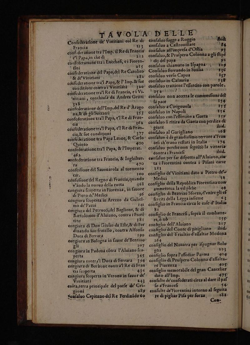 Confederanibne ‘dè Vinitianiscol Redi . Francia 113 cdif-deritione trà PImpril Redi Francia 3 el Papa in chedì , _ 212 confederanone tra'i Butchefi; ei Fioren- * tini 215 ° &e de Vinitiani 282 edofederatione tra’ Papa, 8 D Imp.& fue ‘conditioni corntrali Vinitiahi' © corifederatione tra' Re di Francia, e i Vi. confederatione dell’Imp.del Re d’Arago ‘nasede gliSuizzeri “© '° © © ‘353 confederatione tra’ Papa, el Re di Fraa- cia i ‘362 ednfederationetra’l Papa, I Re di Fran- cia,& fue conditjioni d357 Quinto ‘#00 confederationetra’l Papa, & l’Imperat. 461 | eonfederatione tra Francia, & Inghilter- di Red | 10470 confestione del Sauonarolz al tormento car. 100 confufione del Regno di Frartcia,quando v'ando la nuoua della rotta 468 congiura fcoperta in Fiorenza, în fiuore di Piero de Medici I6 congiura fcoperta in Arezzo da Gulicl- mo de Pazzi | r4l congiura del Detrucci,del Baglione, & dî Bartolomeo d’Aluiano, contra i Froré tiof PP 181 congiura di Don Giulio da Ef6,& di Fer dinando tuofratello ; contra Alfonfo . Duca di Ferrara 190 oli. 207 congiura in Padotià c6tra l'Aluiano fco- perta i : 34$ congiura contra'l Duca diFerrara 394 congiura di Borbone contra’ Re di Fran Cia [coperta 436 congiura fcoperta in Verona'in fauor de’ Vinitiani 243 coira,terra principale del pacle de’ Cri- gioni 389 tonfaluo Capitano del Re Ferdinido 60 osi ti; £ dij del'papa î confaluo chiamato in Ifpagna» Confaluo-Ferrando in Sicilia > confaluo verfo Capua confaluo'in Calauria - confaluo trattiene l’effetcito con parole. STE soi? li 130968 ‘i Sinol i confaluo non accetta le commesfioni del Ufà pace 0 ' (0154 confaluo a Cirignuolà! © 155 confaluo in Napoli 156 confaluo con l’effercito a Gaeta 159 confaluo fi ritira da Gaeta con perdita di ènte ibid. cònfaluo al Garigliano 168 confalito è di grandisfimorterrore a'frar ‘ celi ch’erano reftati in Italia 174 confalto perclienon feguitò la vittoria contra i Francefi ibid. cenfaluo per far difpetto all'Aluiano,aiw ta iFiorentini contra i Pifani carte IRI . configlio de’ Vinitiani dato ‘a Pietro de'è Medici ‘ l 2% configlio della Republica Fiorentinanort aimmetteua la vil plebe >. 44 contiglio di Beatrize Sforzayd'vniregli ef ferciti della Legga infieme 63 configlio in Francia circa lc cofe'd’ Italia 81 i configlio de Francefi ; fopra il combatte» re, o nè 155: configlio dell’Aluiano 217 configlio del Conte di'pitigliano. ibid» configlio del ‘Yriultio d’affaltar Modona 264 4 configlio del Nauarra per ifpugnar Bolo ona 293 configlio fopra l'affediar Parma 404 configlio di Profpero Colonna d’affalta> re Piacenza po! 405 configlio memorabile del gran Cancelier dato all’Imp. 475 fo a’Francefi 1054 confulte de’ Fiorentini intorno al feguita re di piglias Pifa per forza, 183. | Con: